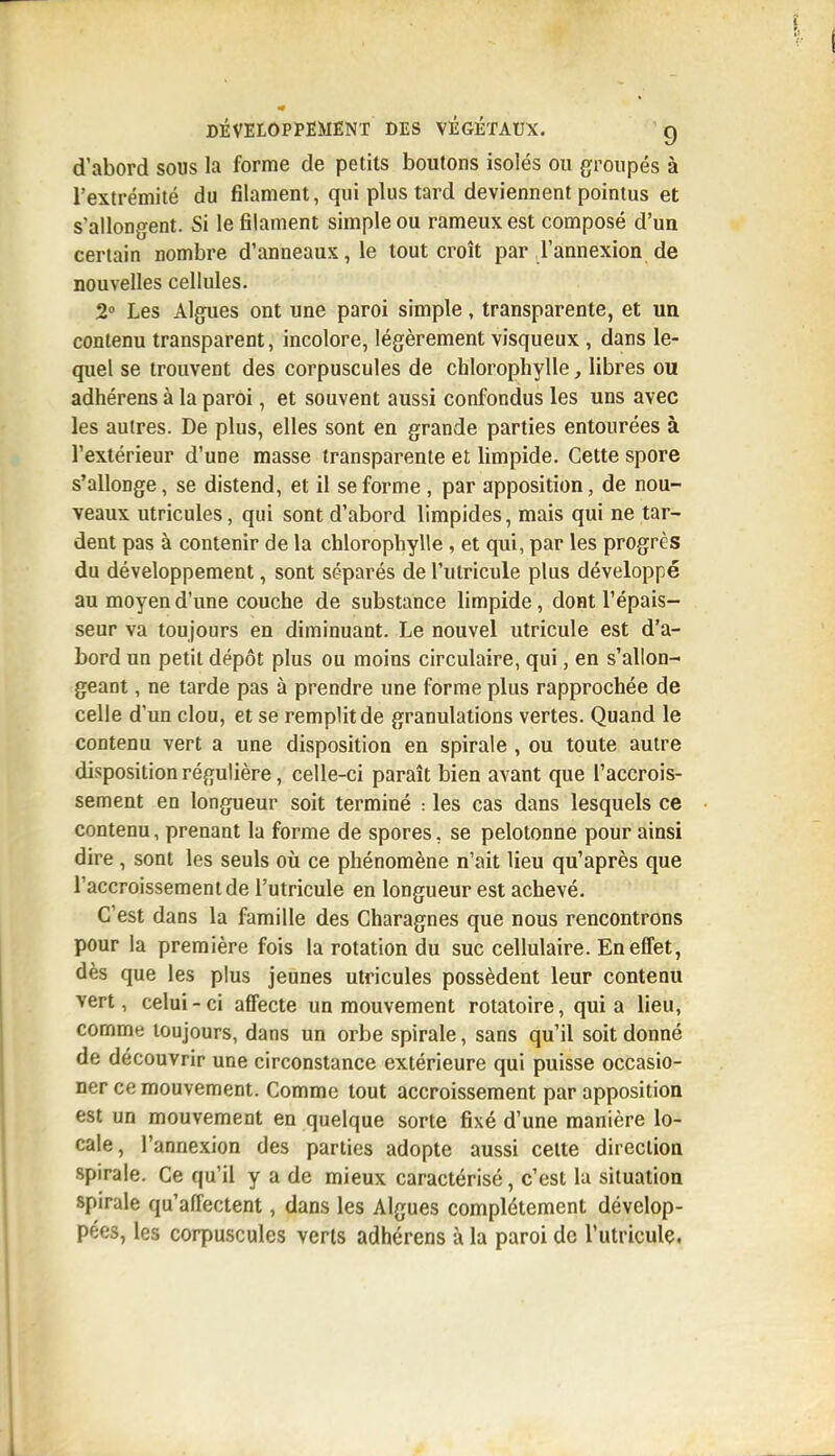 d'abord sous la forme de petits boutons isolés ou groupés à l'extrémité du filament, qui plus tard deviennent pointus et s'allongent. Si le filament simple ou rameux est composé d'uu certain nombre d'anneaux, le tout croît par l'annexion de nouvelles cellules. 2° Les Algues ont une paroi simple, transparente, et un contenu transparent, incolore, légèrement visqueux , dans le- quel se trouvent des corpuscules de chlorophylle, libres ou adhérons à la paroi, et souvent aussi confondus les uns avec les autres. De plus, elles sont en grande parties entourées à l'extérieur d'une masse transparente et limpide. Cette spore s'allonge, se distend, et il se forme , par apposition, de nou- veaux utricules, qui sont d'abord limpides, mais qui ne tar- dent pas à contenir de la chlorophylle , et qui, par les progrès du développement, sont séparés de l'utricule plus développé au moyen d'une couche de substance limpide, dont l'épais- seur va toujours en diminuant. Le nouvel utricule est d'a- bord un petit dépôt plus ou moins circulaire, qui, en s'allon- geant , ne tarde pas à prendre une forme plus rapprochée de celle d'un clou, et se remplit de granulations vertes. Quand le contenu vert a une disposition en spirale , ou toute autre disposition régulière, celle-ci paraît bien avant que l'accrois- sement en longueur soit terminé : les cas dans lesquels ce contenu, prenant la forme de spores, se pelotonne pour ainsi dire, sont les seuls où ce phénomène n'ait lieu qu'après que l'accroissement de l'utricule en longueur est achevé. C'est dans la famille des Charagnes que nous rencontrons pour la première fois la rotation du suc cellulaire. En effet, dès que les plus jeunes utricules possèdent leur contenu vert, celui-ci affecte un mouvement rotatoire, quia lieu, comme toujours, dans un orbe spirale, sans qu'il soit donné de découvrir une circonstance extérieure qui puisse occasio- ner ce mouvement. Comme tout accroissement par apposition est un mouvement en quelque sorte fixé d'une manière lo- cale, l'annexion des parties adopte aussi cette direction spirale. Ce qu'il y a de mieux caractérisé, c'est la situation spirale qu'affectent, dans les Algues complètement dévelop- pées, les corpuscules verts adhérens à la paroi de l'utricule.