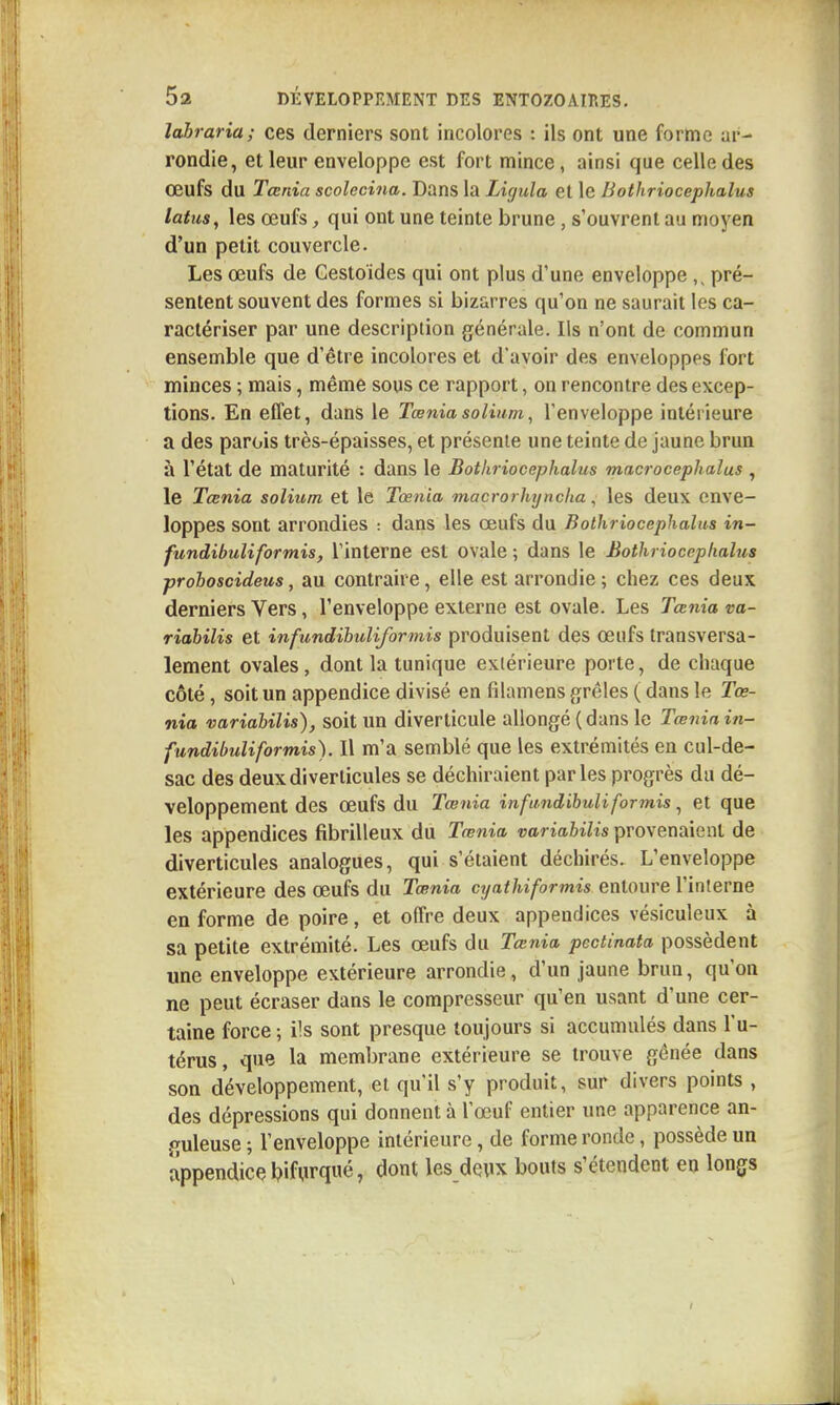 labraria; ces derniers sont incolores : ils ont une forme ar- rondie, et leur enveloppe est fort mince, ainsi que celle des œufs du Tœnia scoîecina. Dans la Ligula et le Bothriocephalus latus, les œufs, qui ont une teinte brune, s'ouvrent au moyen d'un petit couvercle. Les œufs de Gestoïdes qui ont plus d'une enveloppe pré- sentent souvent des formes si bizarres qu'on ne saurait les ca- ractériser par une description générale. Ils n'ont de commun ensemble que d'être incolores et d'avoir des enveloppes fort minces ; mais, même sous ce rapport, on rencontre des excep- tions. En effet, dans le Tœnia s o Hum, l'enveloppe intérieure a des parois très-épaisses, et présente une teinte de jaune brun à l'état de maturité : dans le Bothriocephalus macrocephalus , le Tœnia solium et le Tœnia macrorhyncha, les deux enve- loppes sont arrondies : dans les œufs du Bothriocephalus in- fundibuliformis, l'interne est ovale ; dans le Bothriocephalus probosoideus, au contraire, elle est arrondie ; chez ces deux derniers Vers, l'enveloppe externe est ovale. Les Tœnia va- riabilis et infundibuliformis produisent des œufs transversa- lement ovales , dont la tunique extérieure porte, de chaque côté, soit un appendice divisé en filamens grêles ( dans le Tœ- nia variabilis), soit un diverticule allongé (dans le Tœnia in- fundibuliformis). Il m'a semblé que les extrémités en cul-de- sac des deuxdiverticules se déchiraient parles progrès du dé- veloppement des œufs du Tœnia infundibuliformis, et que les appendices fibrilleux du Tœnia variabilis provenaient de diverticules analogues, qui s'étaient déchirés. L'enveloppe extérieure des œufs du Tœnia cyathiformis entoure l'interne en forme de poire, et offre deux appendices vésiculeux à sa petite extrémité. Les œufs du Tœnia pcctinata possèdent une enveloppe extérieure arrondie, d'un jaune brun, qu'on ne peut écraser dans le compresseur qu'en usant d'une cer- taine force ; ils sont presque toujours si accumulés dans l'u- térus, que la membrane extérieure se trouve gênée dans son développement, et qu'il s'y produit, sur divers points , des dépressions qui donnent à l'œuf entier une apparence an- guleuse ; l'enveloppe intérieure, de forme ronde, possède un appendice bifurqué, dont les de\ix bouts s'étendent en longs