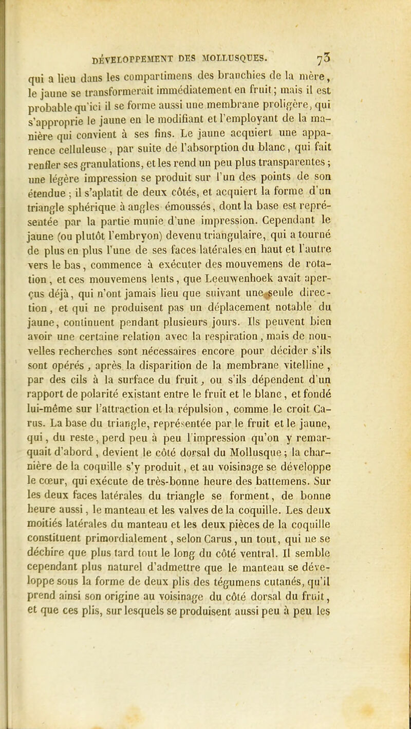 qui a lieu dans les compartimens des branchies de la mère, le jaune se transformerait immédiatement en fruit ; mais il est probable qu'ici il se forme aussi une membrane prolif^ère, qui s'approprie le jaune en le modifiant et l'employant de la ma- nière qui convient à ses fins. Le jaune acquiert une appa- rence celluleuse, par suite de l'absorption du blanc, qui fait renfler ses granulations, elles rend un peu plus transparentes ; une légère impression se produit sur l'un des points de son étendue ; il s'aplatit de deux côtés, et acquiert la forme d'un triangle sphérique à angles émoussés, dont la base est repré- sentée par la partie munie d'une impression. Cependant le jaune (ou plutôt l'embryon) devenu triangulaire, qui a tourné de plus en plus l'une de ses faces latérales en haut et l'autre vers le bas, commence à exécuter des mouvemens de rota- tion , et ces mouvemens lents, que Leeuwenhoek avait aper- çus déjà, qui n'ont jamais lieu que suivant une^eule direc- tion , et qui ne produisent pas un déplacement notable du jaune, continuent pendant plusieurs jours. Ils peuvent bien avoir une certaine relation avec la respiration, mais de nou- velles recherches sont nécessaires encore pour décider s'ils sont opérés, après la disparition de la membrane vitelline , par des cils à la surface du fruit, ou s'ils dépendent d'un rapport de polarité existant entre le fruit et le blanc, et fondé lui-même sur l'attraction et la répulsion , comme le croit Ca- rus. La base du triangle, représentée par le fruit et le jaune, qui, du reste, perd peu à peu 1 impression qu'on y remar- quait d'abord , devient le côté dorsal du Mollusque ; la char- nière de la coquille s'y produit, et au voisinage se développe le cœur, qui exécute de très-bonne heure des battemens. Sur les deux faces latérales du triangle se forment, de bonne heure aussi, le manteau et les valves de la coquille. Les deux moitiés latérales du manteau et les deux pièces de la coquille constituent primordialement, selon Carus, un tout, qui ne se déchire que plus tard tout le long du côté ventral. Il semble cependant plus naturel d'admettre que le manteau se déve- loppe sous la forme de deux plis des tégumens cutanés, qu'il prend ainsi son origine au voisinage du côté dorsal du fruit, et fjue ces plis, sur lesquels se produisent aussi peu à peu les