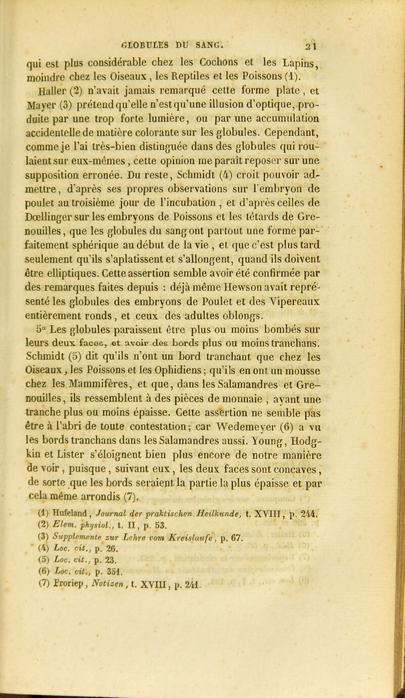 qui est plus considérable chez les Cochons et les Lapins, moindre chez les Oiseaux, les Reptiles et les Poissons (1). Haller (2) n'avait jamais remarqué cette forme plate, et Mayer (3) prétend qu'elle n'est qu'une illusion d'optique, pro- duite par une trop forte lumière, ou par une accumulation accidentelle de matière colorante sur les globules. Cependant, comme je l'ai très-bien distinguée dans des globules qui rou- laient sur eux-mêmes, cette opinion me paraît reposer sur une supposition erronée. Du reste, Schmidt (4) croit pouvoir ad- mettre, d'après ses propres observations sur l'embryon de poulet au troisième jour de l'incubation , et d'après celles de Dœllinger sur les embryons de Poissons et les têtards de Gre- nouilles , que les globules du sang ont partout une forme par- faitement sphérique au début de la vie , et que c'est plus tard seulement qu'ils s'aplatissent et s'allongent, quand ils doivent être elliptiques. Cette assertion semble avoir été confirmée par des remarques faites depuis : déjà même Hewson avait repré- senté les globules des embryons de Poulet et des Vipereaux entièrement ronds, et ceux des adultes oblongs. 5° Les globules paraissent être plus ou moins bombés sur leurs deux faces, ©t avoir des bords plus ou moins tranchans. Schmidt (5) dit qu'ils n'ont un bord tranchant que chez les Oiseaux, les Poissons et les Ophidiens ; qu'ils en ont un mousse chez les Mammifères, et que, dans les Salamandres et Gre- nouilles, ils ressemblent à des pièces de monnaie , ayant une tranche plus ou moins épaisse. Cette assertion ne semble pas être à l'abri de toute contestation; car Wedemeyer (6) a vu les bords tranchans dans les Salamandres aussi. Young, Hodg- kin et Lister s'éloignent bien plus encore de notre manière de voir, puisque, suivant eux, les deux faces sont concaves, de sorte que les bords seraient la partie la plus épaisse et par cela même arrondis (7). (1) Hufeland, Journal der praktischen Heilkunda, t. XVIII, p. 244, (2) Elem. physiol., t. H, p. 53. (3) Supplemente zur Lehrn vom Kreisluufe, p. 67. (4) Loc. cit., p. 26. (5) Loc. cit., p. 23. (6) Loc. cit., p. 3ol.