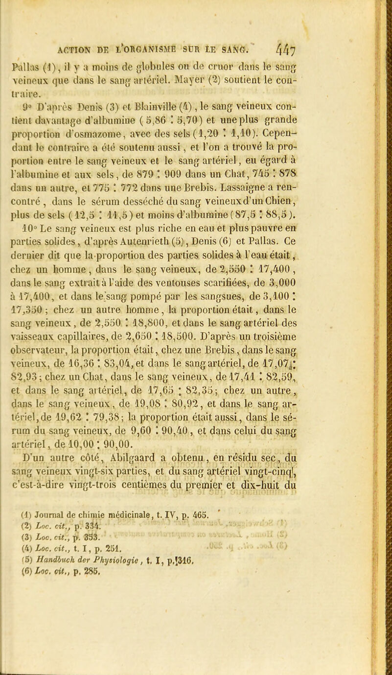 Pal las (1), il y a moins de globules on de cruor dans le sang veineux que dans le sang- artériel. Mayer (2) soutient le con- traire. 9° D'après Denis (3) et Blainville (4), le sang veineux con- tient davantage d'albumine (5,86 '. 5,70) et une plus grande proportion d'osmazome, avec des sels (1,20 '. 1,10). Cepen- dant le contraire a été soutenu aussi, et l'on a trouvé la pro- portion entre le sang veineux et le sang artériel, eu égard à l'albumine et aux sels, de 879 : 909 dans un Chat, 745 ! 878 dans un autre, et 775 ! 772 dans une Brebis. Lassaigne a ren- contré , dans le sérum desséché du sang veineux d'un Chien , plus de sels (12,5 : 11,5) et moins d'albumine (87,5 88,5). 10° Le sang veineux est plus riche en eau et plus pauvre en parties solides, d'aprèsAutenrieth(5),Denis(6) et Pallas. Ce dernier dit que la-proportion des parties solides à l'eau était, chez un homme, dans le sang veineux, de 2,550 '. 17,400, dans le sang extrait à l'aide des ventouses scarifiées, de 3,000 à 17,400, et dans le sang pompé par les sangsues, de 3,100 '. 17,350 ; chez un autre homme, la proportion était, dans le sang veineux, de 2,550 ! 18,800, et dans le sang artériel des vaisseaux capillaires, de 2,650 ' 18,500. D'après un troisième observateur, la proportion était, chez une Brebis, dans le sang veineux, de 16,36 83,04, et dans le sang artériel, de 17,07|; 82,93 ; chez un Chat, clans le sang veineux, de 17,41 * 82,59, et dans le sang artériel, de 17,65 ; 82,35; chez un autre, dans le sang veineux, de 19,OS ! 80,92, et dans le sang ar- térielle 19,62 '. 79,38; la proportion était aussi, dans le sé- rum du sang veineux, de 9,60 '. 90,40, et dans celui du sang artériel, de 10,00 : 90,00. D'un autre côté, Abilgaard a obtenu, en résidu sec, du sang veineux vingt-six parties, et du sang artériel vingt-cinq!, c'est-à-dire vingt-trois centièmes du premier et dix-huit du (1) Journal de chimie médicinale, t. IV, p. 465. (2) Loc. cit., p. 334. (3) Loc. cit., p. 333. (4) Loc. cit., 1.1, p. 251. 15) Handhuch der Physiologie, t. I, p,î31C,