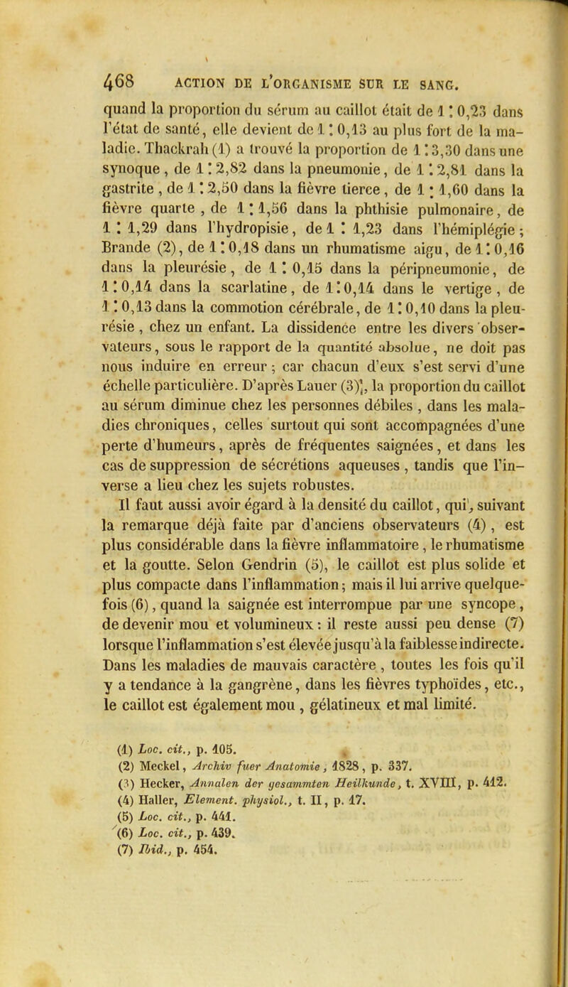 quand la proportion du sérum au caillot était de 1 \ 0,23 dans l'état de santé, elle devient de 1 * 0,13 au plus fort de la ma- ladie. Thackrah (1) a trouvé la proportion de 1:3,30 dans une synoque , de 1 '. 2,82 dans la pneumonie, de 1 '. 2,81 dans la gastrite , de 112,50 dans la fièvre tierce, de 1 ; 1,60 dans la fièvre quarte , de 1:1,56 dans la phthisie pulmonaire, de 1 : 1,29 dans l'hydropisie, del : 1,23 dans l'hémiplégie; Brande (2), de 1 '. 0,18 dans un rhumatisme aigu, de V. 0,16 dans la pleurésie, de 1* 0,1.5 dans la péripneumonie, de 1*.0,14 dans la scarlatine, de 110,14 dans le vertige, de 1 ! 0,13 dans la commotion cérébrale, de 1 '. 0,10 dans la pleu- résie , chez un enfant. La dissidence entre les divers obser- vateurs, sous le rapport de la quantité absolue, ne doit pas nous induire en erreur ; car chacun d'eux s'est servi d'une échelle particulière. D'après Lauer (3)], la proportion du caillot au sérum diminue chez les personnes débiles , dans les mala- dies chroniques, celles surtout qui sont accompagnées d'une perte d'humeurs, après de fréquentes saignées, et dans les cas de suppression de sécrétions aqueuses , tandis que l'in- verse a lieu chez les sujets robustes. Il faut aussi avoir égard à la densité du caillot, qui, suivant la remarque déjà faite par d'anciens observateurs (4), est plus considérable dans la fièvre inflammatoire, le rhumatisme et la goutte. Selon Gendrin (5), le caillot est plus solide et plus compacte dans l'inflammation; mais il lui arrive quelque- fois (6), quand la saignée est interrompue par une syncope, de devenir mou et volumineux : il reste aussi peu dense (7) lorsque l'inflammation s'est élevée jusqu'à la faiblesse indirecte. Dans les maladies de mauvais caractère , toutes les fois qu'il y a tendance à la gangrène, dans les fièvres typhoïdes, etc., le caillot est également mou , gélatineux et mal limité. (1) Loc. cit., p. 405. (2) Meckel, Archiv fuer Anatomie, 4828 , p. 337. (3) Hecker, Annalen der tjesammton Heilkunde, t. XVIII, p. 412. (4) Haller, Elément, physiol., t. II, p. 17. (5) Loc. cit., p. 441. \&) Loc. cit., p. 439. (7) Ibid., p. 454.