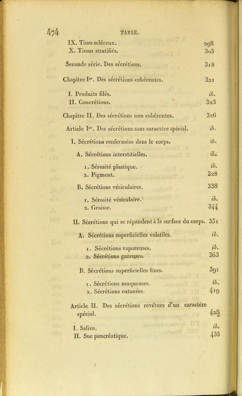 IX. Tissu scléreux. 298 X. Tissus stratifiés. 3o3 Seconde série. Des sécrétions. 3i8 Chapitre Ier. Des sécrétions cohérentes. 321 I. Produits filés. ib. II. Concrétions. 323 Chapitre II. Des sécrétions non cohérentes. 326 Article Ier. Des sécrétions sans caractère spécial. ib. I. Sécrétions renfermées dans le corps. ib» A. Sécrétions interstitielles. ib» 1. Sérosité plastique. • w, 2. Pigment. 328 B. Sécrétions vésiculaires. 338 T. Sérosité vésiculaire.1 ib. 2. Graisse. 344 II. Sécrétions qui se répandent à la surface du corps. 35i A. Sécrétions superficielles volatiles. ib. 1. Sécrétions vaporeuses. ib. 2. Sécrétions gazeuses. 363 B. Sécrétions superficielles fixes. 3gr 1. Sécrétions muqueuses. 2. Sécrétions cutanées. 4X9 Article IL Des sécrétions revêtues d'un caractère spécial. 428 î. Salive. ib- II. Suc pancréatique. 4^5