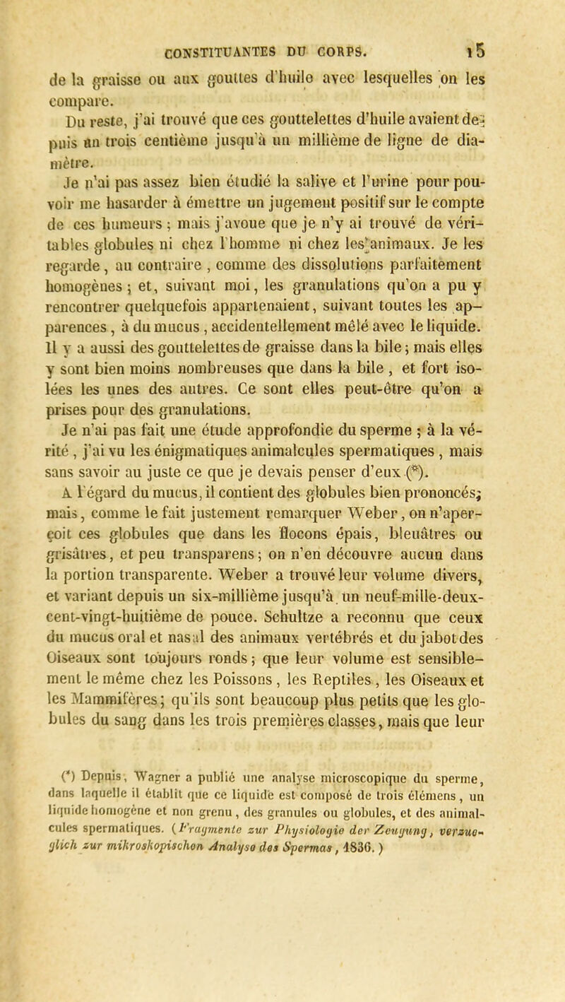 de la graisse ou aux gouttes d'huile avec lesquelles on les compare. Du reste, j'ai trouvé que ces gouttelettes d'huile avaient de^j puis in trois centième jusqu'à un millième de ligne de dia- mètre. Je n'ai pas assez bien étudié la salive et l'urine pour pou- voir me hasarder à émettre un jugement positif sur le compte de ces humeurs ; mais j'avoue que je n'y ai trouvé de véri- tables globules ni chez 1 homme ni chez les'animaux. Je les regarde, au contraire , comme des dissolulions parfaitement homogènes ; et, suivant moi, les granulations qu'on a pu y rencontrer quelquefois appartenaient, suivant toutes les ap- parences , à du mucus, accidentellement mêlé avec le liquide. Il y a aussi des gouttelettes de graisse dans la bile ; mais elles y sont bien moins nombreuses que dans la bile , et fort iso- lées les unes des autres. Ce sont elles peut-être qu'on a prises pour des granulations. Je n'ai pas fait une étude approfondie du sperme ; à la vé- rité , j'ai vu les énigmatiques animalcules spermatiques , mais sans savoir au juste ce que je devais penser d'eux .(*). A l'égard du mucus, il contient des globules bien prononcés; mais, comme le fait justement remarquer Weber, on n'aper- çoit ces globules que dans les flocons épais, bleuâtres ou grisâtres, et peu transparens ; on n'en découvre aucun dans la portion transparente. Weber a trouvé leur volume divers, et variant depuis un six-millième jusqu'à un neuf-mille-deux- cent-vingt-huitième de pouce. Schultze a reconnu que ceux du mucus oral et nasal des animaux vertébrés et du jabot des Oiseaux sont toujours ronds ; que leur volume est sensible- ment le même chez les Poissons, les Reptiles , les Oiseaux et les Mammifères; qu'ils sont beaucoup plus petits que les glo- bules du sang dans les trois premières classes, mais que leur (*) Depuis, Wagner a publié une analyse microscopique du sperme, dans laquelle il établit que ce liquide est composé de trois élémens, un liquide homogène et non grenu, des granules ou globules, et des animal- cules spermatiques. {Fragmente sur Physiologie dcr Zcugung, versuo- glich sur mikroskopischon Analysa des Spermas, 483G. )