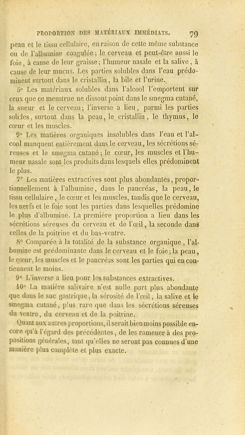peau et le tissa cellulaire, en raison de celte môme substance ou de l'albumine coagulée ; le cerveau et peut-être aussi le foie, à cause de leur graisse ; l'humeur nasale et la salive, à cause de leur mucus. Les parties solubles dans l'eau prédo- miuent surtout dans le cristallin, la bile et l'urine., 5° Les matériaux, solubles dans l'alcool l'emportent sur ceux que ce menstrue ne dissout point dans le smegma cutané, la sueur et le cerveau; l'inverse a lieu, parmi les parties solides, surtout dans la peau, le cristallin, le thymus, le cœur et les muscles. 9° Les matières organiques insolubles dans l'eau et l'al- cool manquent entièrement dans le cerveau, les sécrétions sé- reuses et le smegma cutané ; le cœur, les muscles et l'hu- meur nasale sont les produits dans lesquels elles prédominent le plus. 7° Les matières extractives sont plus abondantes, propor- tionnellement à l'albumine, dans le pancréas, la peau, le tissu cellulaire, le cœur et les muscles, tandis que le cerveau, les nerfs et le foie sont les parties dans lesquelles prédomine le plus d'albumine. La première proportion a lieu dans les sécrétions séreuses du cerveau et de l'œil, la seconde dans celles de la poilrine et du bas-ventre. S0 Comparée à la totalité de la substance organique , l'al- bumine est prédominante dans le cerveau et le foie;la peau, le cœur, les muscles et le pancréas sont les parties qui en con- tiennent le moins. 9° L'inverse a lieu pour les substances extractives. 10° La matière salivaire n'est nulle part plus abondante que dans le suc gastrique, la sérosité de l'œil, la salive et le smegma cutané, p!us rare que dans les sécrétions séreuses du ventre, du cerveau et de la poitrine. Quant aux autres proportions, il serait bien moins possible en- core qu'à l'égard des précédâmes, de les ramener à des pro- positions générales, tant qu'elles ne seront pas connues d'une manière plus complète et plus exacte.