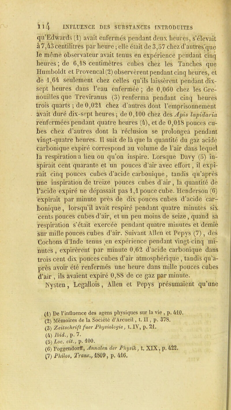 qu'Edwards (1) avait enfermés pendant deux heures, s'élevait à 7,43 centilitres par heure ; elle était de 3,57 chezd'aulres'que le même observateur avait tenus en expérience pendant cinq heures ; de 6,1S centimètres cubes chez les Tanches que Humboldt et Provençal (2) observèrent pendant cinq heures, et de 1,64 seulement chez celles qu'ils laissèrent pendant dix- sept heures dans l'eau enfermée ; de 0,000 chez les Gre- nouilles que Treviranus (3) renferma pendant cinq heures trois quarts ; de 0,021 chez d'autres dont l'emprisonnement avait duré dix-sept heures; de 0,100 chez des Apis lapidaria renfermées pendant quatre heures (4), et de 0,018 pouces cu- bes chez d'autres dont la réclusion se prolongea pendant vingt-quatre heures. Il suit de là que la quantité du gaz acide carbonique expiré correspond au volume de l'air dans lequel la respiration a lieu ou qu'on inspire. Lorsque Davy (5) in- spirait cent quarante et un pouces d'air avec effort, il expi- rait cinq pouces cubes d'acide carbonique, tandis qu'après une inspiration de treize pouces cubes d'air, la quantité de l'acide expiré ne dépassait pas 1,1 pouce cube. Henderson (6) expirait par minute près de dix pouces cubes d'acide car- bonique , lorsqu'il avait respiré pendant quatre minutes six cents pouces cubes d'air, et un peu moins de seize, quand sa respiration s'était exercée pendant quatre minutes et demiè sur mille pouces cubes d'air. Suivant Allen et Pepys (7), des Cochons d'Inde tenus en expérience pendant vingt-cinq mi- nutes , expirèrent par minute 0,62 d'acide carbonique dans trois cent dix pouces cubes d'air atmosphérique , tandis qu'a- près avoir été renfermés une heure dans mille pouces cubes d'air , ils avaient expiré 0,88 de ce gaz par minute. Nysten, Legallois, Allen et Pepys présumaient qu'une (1) De l'inûuence des agens physiques sur la vie , p. 410. (2) Mémoires de la Société d'Arcueil, t. II, p. 378. (3) Zeitschrift fuer Physiologie, t. IV, p. 21. (4) Ibid., p. 7. (5) ioc. cit., p. 100. (6) Poggendorff, Annalen der Physik, t. XIX, p. 422.