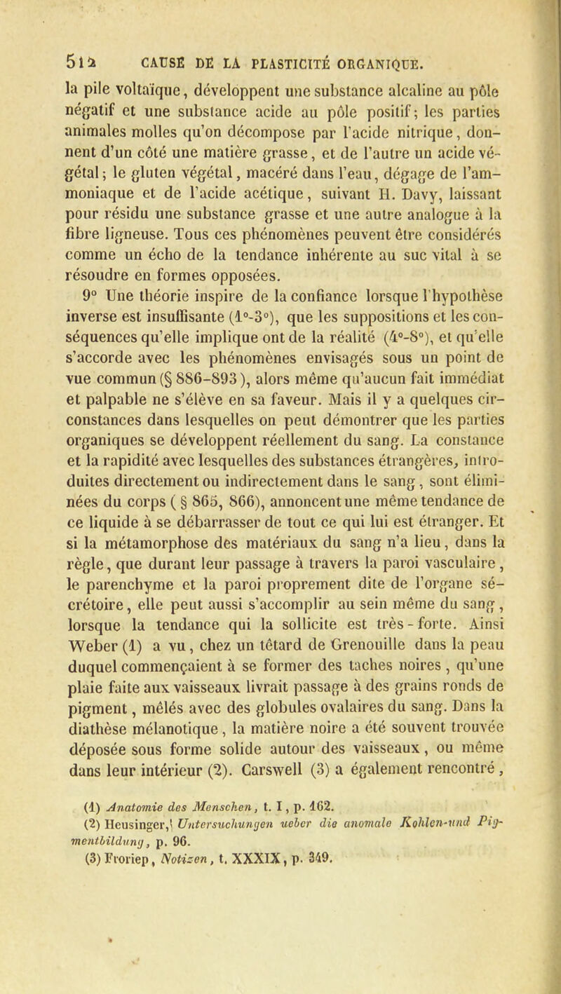 la pile voltaïque, développent une substance alcaline au pôle négatif et une substance acide aa pôle positif; les parties animales molles qu'on décompose par l'acide nitrique, don- nent d'un côté une matière grasse, et de l'autre un acide vé- gétal; le gluten végétal, macéré dans l'eau, dégage de l'am- moniaque et de l'acide acétique, suivant H. Davy, laissant pour résidu une substance grasse et une autre analogue à là fibre ligneuse. Tous ces phénomènes peuvent être considérés comme un écho de la tendance inhérente au suc vital à se résoudre en formes opposées. 9° Une théorie inspire de la confiance lorsque l'hypothèse inverse est insuflisante (l°-3°), que les suppositions et les con- séquences qu'elle implique ont de la réalité (4°-8°), et qu'elle s'accorde avec les phénomènes envisagés sous un point de vue commun (§ 886-893), alors même qu'aucun fait immédiat et palpable ne s'élève en sa faveur. Mais il y a quelques cir- constances dans lesquelles on peut démontrer que les parties organiques se développent réellement du sang. La constance et la rapidité avec lesquelles des substances étrangères, intro- duites directement ou indirectement dans le sang, sont élimi- nées du corps ( § 865, 866), annoncent une même tendance de ce liquide à se débarrasser de tout ce qui lui est étranger. Et si la métamorphose des matériaux du sang n'a lieu, dans la règle, que durant leur passage à travers la paroi vasculaire, le parenchyme et la paroi proprement dite de l'organe sé- crétoire, elle peut aussi s'accomplir au sein même du sang, lorsque la tendance qui la sollicite est très-forte. Ainsi Weber (1) a vu, chez un têtard de Grenouille dans la peau duquel commençaient à se former des taches noires, qu'une plaie faite aux vaisseaux livrait passage à des grains ronds de pigment, mêlés avec des globules ovalaires du sang. Dans la diathèse mélanotique, la matière noire a été souvent trouvée déposée sous forme solide autour des vaisseaux, ou même dans leur intérieur (2). Carswell (3) a également rencontré , (d) Anatomie des Menscken, t. I, p. 162. (2) Hcusinger,! Untersuchungen uebcr die anomale Kohlcn-itml Pitf- mentbildvnij, p. 96.