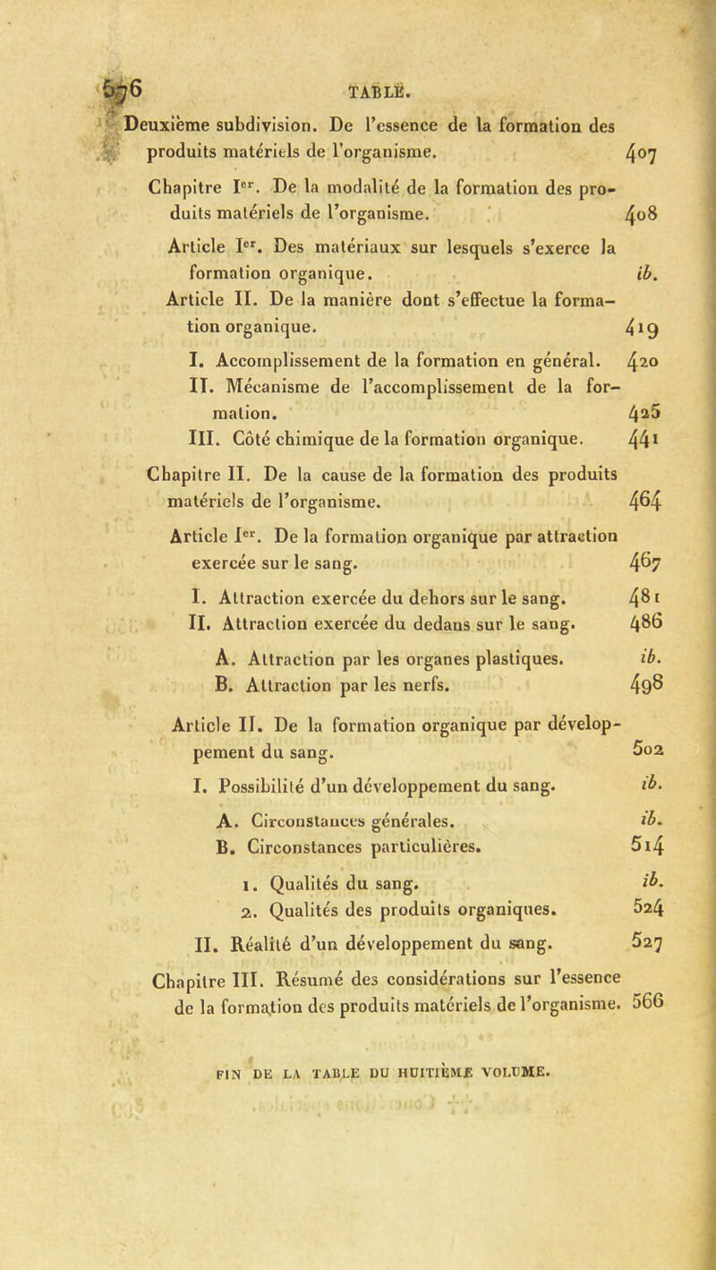 j6 TABLE. Deuxième subdivision. De l'essence de la formation des produits matériels de l'organisme. 4°7 Chapitre I. De la modalité de la formation des pro- duits matériels de l'organisme. 4°^ Article Ier. Des matériaux sur lesquels s'exerce la formation organique. ib. Article II. De la manière dont s'effectue la forma- tion organique. 4^9 I. Accomplissement de la formation en général. 42° II. Mécanisme de l'accomplissement de la for- mation. 4^5 III. Côté chimique de la formation organique. 441 Chapitre II. De la cause de la formation des produits matériels de l'organisme. 4^4 Article Ier. De la formation organique par attraction exercée sur le sang. 4^7 I. Attraction exercée du dehors sur le sang. 4^c II. Attraction exercée du dedans sur le sang. 486 A. Attraction par les organes plastiques. ib. B. Attraction par les nerfs. 4î)8 Article II. De la formation organique par dévelop- pement du sang. 5o2 I. Possibilité d'un développement du sang. ib. A. Circonstances générales. ib. B. Circonstances particulières. 5i4 1. Qualités du sang. ib. 2. Qualités des produits organiques. 524 II. Réalité d'un développement du sang. 527 Chapitre III. Résumé des considérations sur l'essence de la formation des produits matériels de l'organisme. 566 FIN DE L/V TABLE DU HUITIEM£ VOLUME.