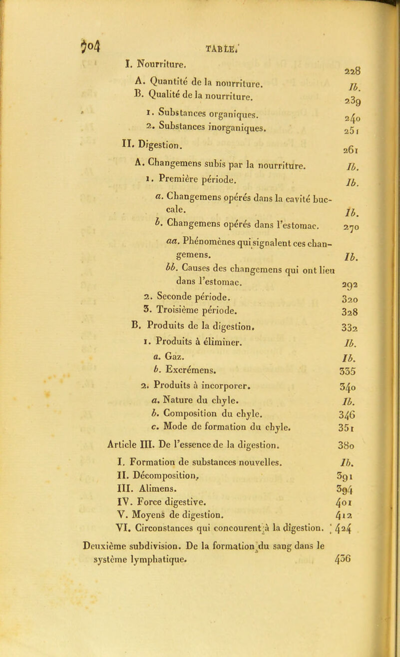 J°4 table; I. Nourriture. _ 228 A. Quantité de la nourriture. ji B. Qualité de la nourriture. 23g 1. Substances organiques. 2^0 2. Substances inorganiques. 25, IL Digestion. a6r A. Changemens subis par la nourriture. II. 1. Première période. a. Cbangeraens opérés dans la cavité buc- cale. fh h. Changemens opérés dans l'estomac. 270 aa. Phénomènes qui signalent ces chan- gemens. bb. Causes des changemens qui ont lieu dans l'estomac. 292 2. Seconde période. 320 3. Troisième période. 328 B. Produits de la digestion. 332 1. Produits à éliminer. lb. a. Gaz. \bm b. Excréraens. 355 2. Produits à incorporer. 340 a. Nature du chyle. H% b. Composition du chyle. 346 c. Mode de formation du chyle. 35 r Article III. De l'essence de la digestion. 38o I. Formation de substances nouvelles. lh. II. Décomposition. 3g 1 III. Alimens. 3g4 IV. Force digestive. 401 V. Moyens de digestion. 4'2 VI. Circonstances qui concourent ;à la digestion. ' 424 Deuxième subdivision. De la formation du sang dans le système lymphatique. tfiG