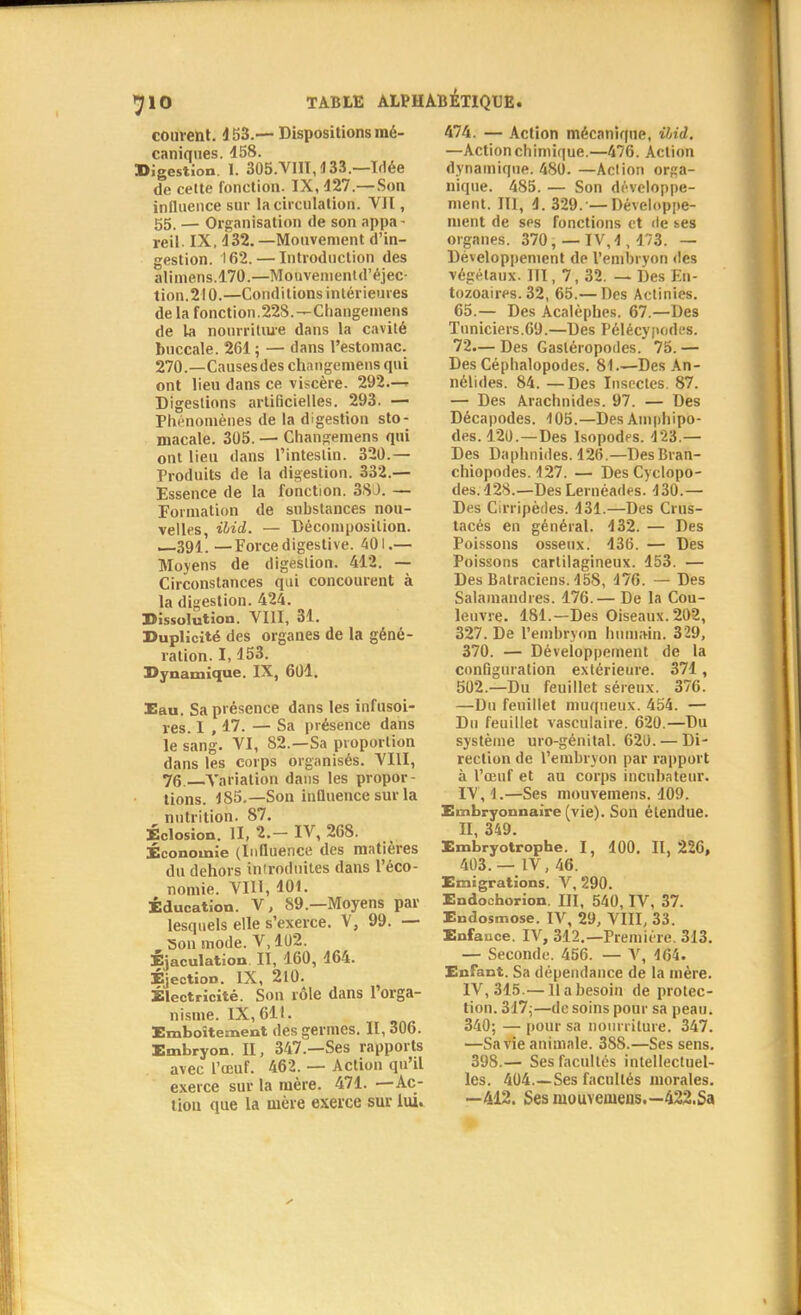courent. 153.— Dispositions mé- caniques. 158. Digestion. I. 305.VIII,133.—Idée de celte fonction. IX, 127.— Son influence sur la circulation. Vil, 55. — Organisation de son appa- reil- IX, 132.—Mouvement d'in- gestion. 162. — Introduction des alimens.170.—Monvenienld'éjec- tion.210.—Conditions intérieures de la fonction.228.—Changemens de la nourriture dans la cavité buccale. 261 ; — dans l'estomac. 270.—Causesdes changemens qui ont lieu dans ce viscère. 292.— Digestions artificielles. 293. — Phénomènes de la digestion sto- macale. 305. — Changemens qui ont lieu dans l'intestin. 320.— Produits de la digestion. 332.— Essence de la fonction. 38J. — Formation de substances nou- velles, ibid. — Décomposition. —39l'. —Force digestive. 401.— Moyens de digestion. 412. — Circonstances qui concourent à la digestion. 424. Dissolution. VIII, 31. Duplicité des organes de la géné- ration. 1,153. Dynamique. IX, 601. Eau. Sa présence dans les infusoi- res. I , 17. — Sa présence dans le sang. VI, S2.—Sa proportion dans les corps organisés. VIII, 76. Variation dans les propor- tions. 185,—Son influence sur la nutrition. 87. Éclosion. II, 2.- IV, 268. Économie (Influence des matières du dehors introduites dans l'éco- nomie. VIII, 101. Éducation. V, S9.—Moyens par lesquels elle s'exerce. V, 99. — Son mode. V, 102. Éjaculation II, 160, 164. Éjection. IX, 210. Électricité. Son rôle dans l'orga- nisme. IX, 611. Emboîtement des germes. H, 306. Embryon. II, 347.—Ses rapports avec l'œuf. 462. — Action qu'il exerce sur la mère. 471. —Ac- tion que la mère exerce sur lui. 474. — Action mécanique, ibid. —Action chimique.—476. Action dynamique. 480. —Action orga- nique. 485. — Son développe- ment. NI, 1. 329.-—Développe- ment de ses fonctions et de tes organes. 370, — IV, 1, 173. — Développement de l'embryon des végétaux. III, 7, 32. — Des EÔ- tozoaires. 32, 65.— Des Actinies. 65.— Des Acalèphes. 67.—Des Tuniciers.69.—Des Pélécypodcs. 72.— Des Gastéropodes. 75. — Des Céphalopodes. 81.—Des An- nélides. 84. —Des Insectes. 87. — Des Arachnides. 97. — Des Décapodes. 105.—Des Amphipo- des. 120.—Des Isopodcs. 123.— Des Daphnides. 126.—DesBran- chiopodes. 127. — Des Cyclopo- des. 128.—Des Lernéades. 130.— Des Cirripèdes. 131.—Des Crus- tacés en général. 132. — Des Poissons osseux. 136. — Des Poissons cartilagineux. 153. — Des Batraciens. 158, 176. — Des Salamandres. 176.— De la Cou- leuvre. 181.—Des Oiseaux. 202, 327. De l'embryon humain. 329, 370. — Développement de la configuration extérieure. 371, 502.—Du feuillet séreux. 376. —Du feuillet muqneux. 454. — Du feuillet vasculaire. 620.—Du système uro-génital. 620. — Di- rection de l'embryon par rapport à l'œuf et au corps incubateur. IV, 1.—Ses mouvemens. 109. Embryonnaire (vie). Son étendue. II, 349. Embryotrophe. I, 100. 11,226, 403.— IV, 46. Emigrations. V, 290. Endochorion. III, 540, IV, 37. Endosmose. IV, 29, VIII, 33. Enfauce. IV, 312.—Première. 313. — Seconde. 456. — V, 164. Enfant. Sa dépendance de la mère. IV, 315.—11 a besoin de protec- tion. 317;—de soins pour sa peau. 340; — pour sa nourriture. 347. —Sa vie animale. 38S.—Ses sens. 398.— Ses facultés intellectuel- les. 404.—Ses facultés morales. —412. Ses mouveuiens,—422.Sa