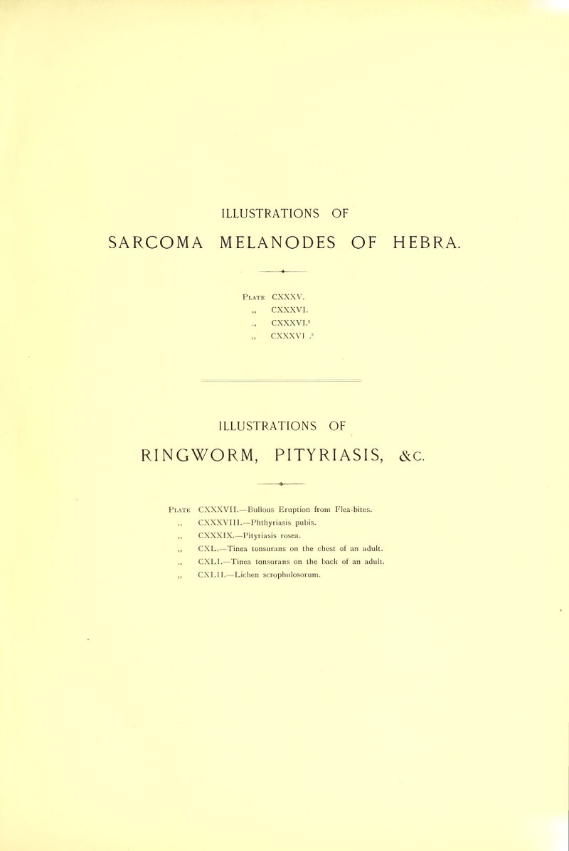 ILLUSTRATIONS OF SARCOMA MELANODES OF HEBRA. Plate CXXXV. „ CXXXVI. CXXXVI.2 „ CXXXVI .8 ILLUSTRATIONS OF RINGWORM, PITYRIASIS, &c. Plate CXXXVII.—Bullous Eruption from Flea-bites. ,, CXXXVIII.—Phthyriasis pubis. ,, CXXXIX.—Pityriasis rosea. ,, CXL.—Tinea tonsurans on the chest of an adult. ,, CXLI.—Tinea tonsurans on the back of an adult. ,, CXLII.—Lichen scrophulosorum.