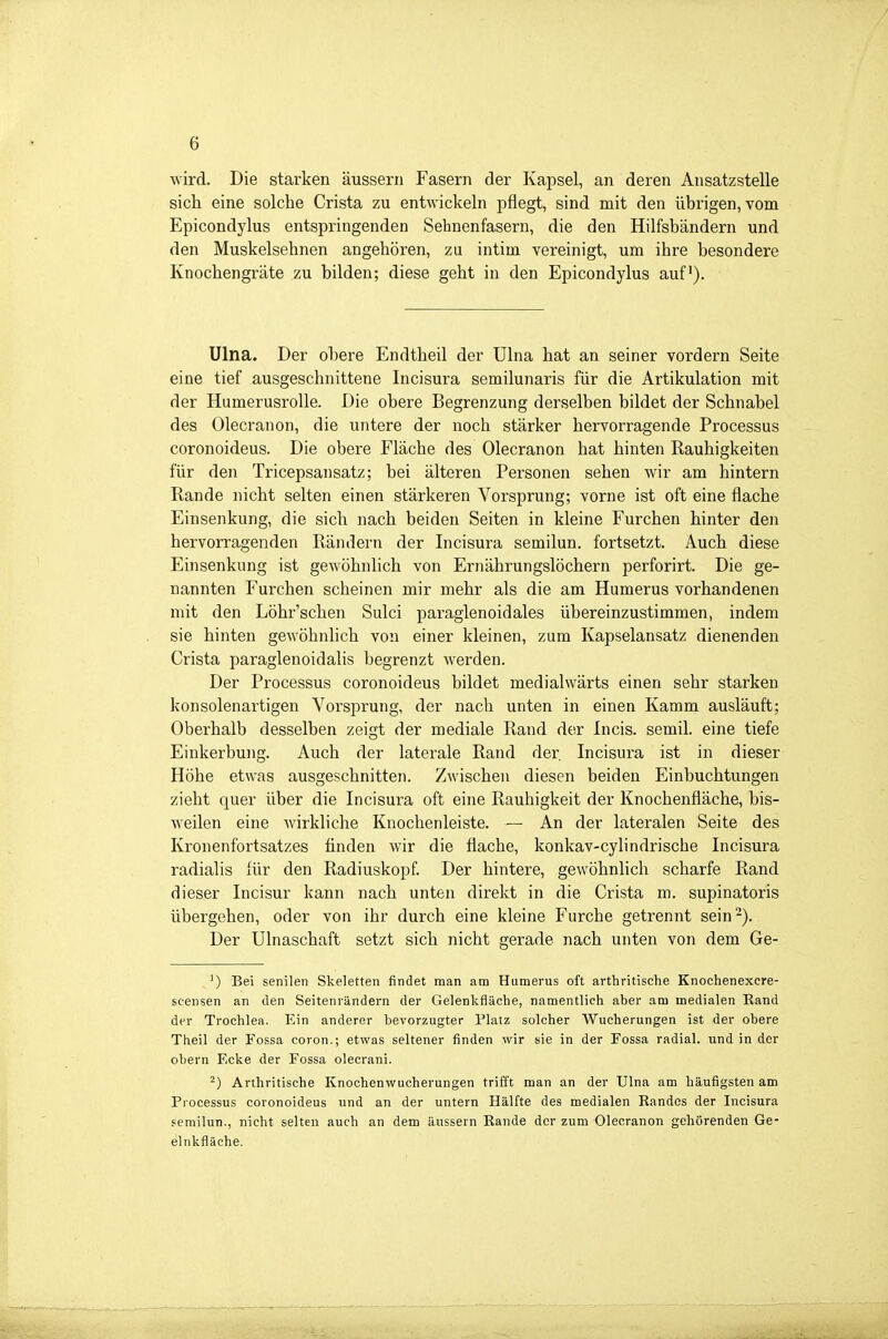wird. Die starken äussern Fasern der Kapsel, an deren Ansatzstelle sich eine solche Crista zu entwickeln pflegt, sind mit den übrigen, vom Epicondylus entspringenden Sehnenfasern, die den Hilfsbändern und den Muskelsehnen angehören, zu intim vereinigt, um ihre besondere Knochengräte zu bilden; diese geht in den Epicondylus auf). Ulna. Der obere Endtheil der Ulna hat an seiner vordem Seite eine tief ausgeschnittene Incisura semilunaris für die Artikulation mit der HumerusroUe. Die obere Begrenzung derselben bildet der Schnabel des Olecranon, die untere der noch stärker hervorragende Processus coronoideus. Die obere Fläche des Olecranon hat hinten Rauhigkeiten für den Trieepsansatz; bei älteren Personen sehen wir am hintern Rande nicht selten einen stärkeren Vorsprung; vorne ist oft eine flache Einsenkung, die sich nach beiden Seiten in kleine Furchen hinter den hervorragenden Rändern der Incisura semilun. fortsetzt. Auch diese Einsenkung ist gewöhnlich von Ernährungslöchern perforirt. Die ge- nannten Furchen scheinen mir mehr als die am Humerus vorhandenen mit den Löhr'schen Sulci paraglenoidales übereinzustimmen, indem sie hinten gewöhnlich von einer kleinen, zum Kapselansatz dienenden Crista paraglenoidalis begrenzt werden. Der Processus coronoideus bildet medialwärts einen sehr starken konsolenartigen Vorsprung, der nach unten in einen Kamm ausläuft; Oberhalb desselben zeigt der mediale Rand der Incis. semil. eine tiefe Einkerbung. Auch der laterale Rand der. Incisura ist in dieser Höhe etwas ausgeschnitten. Zwischen diesen beiden Einbuchtungen zieht quer über die Incisura oft eine Rauhigkeit der Knochenfläche, bis- weilen eine Avirkliche Knochenleiste. — An der lateralen Seite des Kronenfortsatzes finden wir die flache, konkav-cylindrische Incisura radialis für den Radiuskopf. Der hintere, gewöhnlich scharfe Rand dieser Incisur kann nach unten direkt in die Crista m. supinatoris übergehen, oder von ihr durch eine kleine Furche getrennt sein-). Der Ulnaschaft setzt sich nicht gerade nach unten von dem Ge- ') Bei senilen Skeletten findet man am Humerus oft arthritische Knochenexcre- scensen an den Seitenrändern der Gelenkfläche, namentlich aber am medialen Band der Trochlea. Ein anderer bevorzugter Platz solcher Wucherungen ist der obere Theil der Fossa coron.; etwas seltener finden wir sie in der Fossa radial, und in der obern Ecke der Fossa olecrani. ^) Arthritische Knochenwucherungen trifft man an der Ulna am häufigsten am Processus coronoideus und an der untern Hälfte des medialen Randes der Incisura semilun., nicht selten auch an dem äussern Rande der zum Olecranon gehörenden Ge- elnkfiäche.