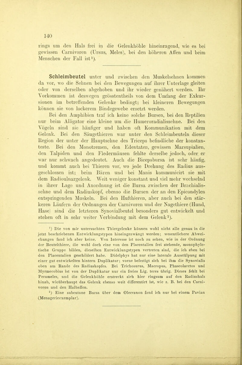 rings um den Hals frei in die Gelenkhölile hineinragend, wie es bei gewissen Carnivoren (Ursus, Meies), bei den höheren Aö'en und beim Menschen der Fall ist^). Schleimbeutel unter und zwischen den Muskelsehnen kommen da vor, wo die Sehnen bei den Bewegungen auf ihrer Unterlage gleiten oder von derselben abgehoben und ihr wieder genähert werden. Ihr Vorkommen ist deswegen grösstentheils von dem Umfang der Exkur- sionen im betreffenden Gelenke bedingt; bei kleineren Bewegungen können sie von lockerem Bindegewebe ersetzt werden. Bei den Amphibien traf ich keine solche Bursen, bei den Reptilien nur beim Alligator eine kleine um die Humeroradialissehne. Bei den Vögeln sind sie häufiger und haben oft Kommunikation mit dem Gelenk. Bei den Säugethieren war unter den Schleimbeuteln dieser Region der unter der Hauptsehne des Triceps befindliche der konstan- teste. Bei den Monotremen, den Edentaten, gewissen Marsupialien, den Talpiden und den Fledermäusen fehlte derselbe jedoch, oder er war nur schwach angedeutet. Auch die Bicepsbursa ist sehr häufig, und kommt auch bei Thieren vor, wo jede Drehung des Radius aus- geschlossen ist; beim Bären und bei Manis kommunicirt sie mit dem Radioulnargelenk. Weit weniger konstant und viel mehr wechselnd in ihrer Lage und Anordnung ist die Bursa zwischen der Brachialis- sehne und dem Radiuskopf, ebenso die Bursen der an den Epicondylen entspringenden Muskeln. Bei den Hufthieren, aber auch bei den stär- keren Läufern der Ordnungen der Carnivoren und der Nagethiere (Hund, Hase) sind die letzteren Synovialbeutel besonders gut entwickelt und stehen oft in sehr weiter Verbindung mit dem Gelenk-). ') Die von mir untersuchten Tliiergelenke können wohl nicht alle genau in die jetzt beschriebenen Entwicklungstypen hineingezwängt werden; wesentlichere Abwei- chungen fand ich aber keine. Von Interesse ist noch zu sehen, wie in der Ordnung der Beutelthiere, die wohl doch eine von den Placentalien frei stehende, monophyle- tische Gruppe bilden, dieselben Entwicklungstypen vertreten sind, die ich eben bei den Piacentalien geschildert habe. Didelphys hat nur eine laterale Ausstülpung mit einer gut entwickelten hintern Duplikatur; vorne befestigt sich bei ihm die Synovialis oben am Rande des Radiuskopfes. Bei Trichosurus, Macropus, Phascolarctos und Myrmecobius ist von der Duplikatur nur ein freies Lig. teres übrig. Dieses fehlt bei Perameles, und die Gelenkhöhle erstreckt sich hier ringsum auf den Radiushals hinab, wieüberhaupt das Gelenk ebenso weit differentirt ist, wie z. B. bei den Carni- voren und den Halbaffen. ^) Eine subcutane Bursa über dem Olecranon fand ich nur bei einem Pavian (Menagerieexemplar).