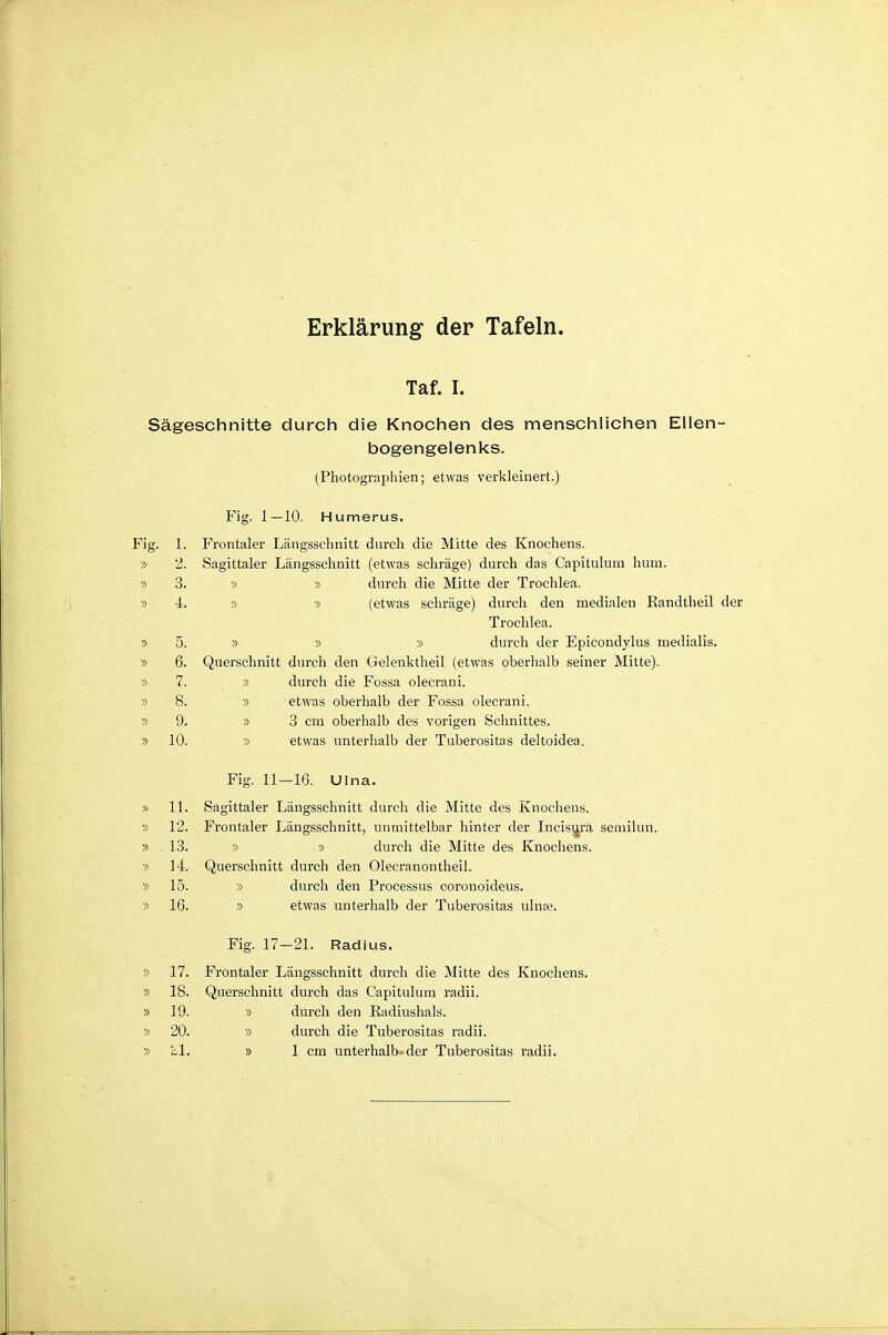 Erklärung der Tafeln. Taf. I. Sägeschnitte durch die Knochen des menschlichen Ellen- bogengeienks. (Photographien; etwas verkleinert.) Fig. 1—10. Humerus. Frontaler Längssclinitt durch die Mitte des Knochens. Sagittaler Längsschnitt (etwas schräge) durch das Capitulum hum. » » durch die Mitte der Trochlea. » » (etwas schräge) durch den medialen Randtlieil der Trochlea. » » » durch der Epicondylus medialis. Querschnitt durch den Gelenktheil (etwas oberhalb seiner Mitte). » durch die Fossa olecrani. » etwas oberhalb der Fossa olecrani. » 3 cm oberhalb des vorigen Schnittes. » etwas unterhalb der Tuberositas deltoidea. Fig. 11—16. Ulna. » 11. Sagittaler Längsschnitt durch die Mitte des Knochens. » 12. Frontaler Längsschnitt, unmittelbar hinter der Incis^ra semilun. » 13. » » durch die Mitte des Knochens. » 14. Querschnitt durch den Olecranontheil. » 15. » durch den Processus coronoideus. » 16. » etwas unterhalb der Tuberositas ulna?. Fig. 17—21. Radius. » 17. Frontaler Längsschnitt durch die Mitte des Knochens. » 18. Querschnitt durch das Capitulum radii. » 19. » durch den Radiushals. » 20. » durch die Tuberositas radii. » ^1. » 1 cm unterhalb-der Tuberositas radii.