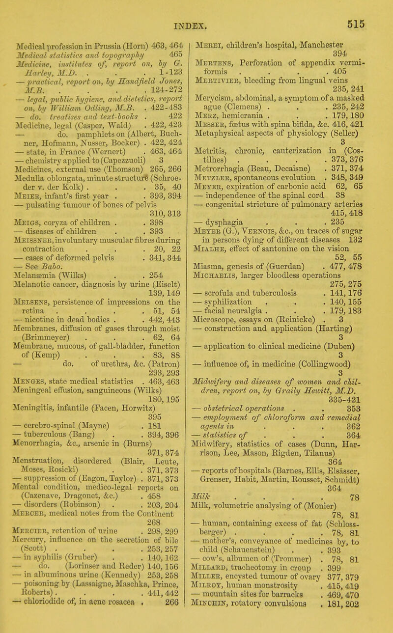 Medical profession in Pi-nssia (Horn) 463, -164 Medical slalistirs and topogmphy 465 Medicine, institutes of, rejm't on, hi/ G. JIarley, M.B. . . .1-123 — practical, report on, by Sandjield Jones, M.B. .... 124-272 — leyal, public lii/qiene, and dietetics, report on, by William 'Odling, M.B. . 422-483 — do. treatises and te.vt-hoolcs . 422 Medicine, legal (Casper, Wald) . 422, 423 — do. pamphlets on (Albert, Buch- ner, Hofmann, Nusser, Bocker) . 422, 424 — state, in France (Wernert) . 463, 464 — chemistry applied to (Capezzuoli) 3 Medicines, external use (Thomson) 265, 266 Medulla oblongata, minute structur6 (Schroe- der V. der Kolk) . . .35, 40 Meiek, infant's fii-st year . . 393, 394 — pulsating tumour of bones of pelvis 310, 313 Meigs, coryza of children . . 398 — diseases of children . . 393 MEissNEK,involimtaxy muscular fibres dui'ing contraction . . . 20, 22 — cases of deformed pelvis . 341, 344 — See Babo. Melansemia (Wilks) . . 254 Melanotic cancer, diagnosis by urine (Eiselt) 139,149 Melsens, persistence of impressions on the retina .... 51, 54 — nicotine in dead bodies . . 442, 443 Membranes, diffusion of gases through moist (Brimmeyer) . . .62, 64 Membrane, mucous, of gall-bladder, function of (Kemp) . . .83, 88 — do. of urethra, &c. (Patron) 293, 293 Menges, state medical statistics . 463, 463 Meningeal effusion, sanguineous (Wilks) 180,195 Meningitis, infantile (Facen, Horwitz) 395 — cerebro-spinal (Mayne) . 181 — tuberculous (Bang) . . 394,396 Menorrhagia, &c., ai'senic in (Burns) 371, 374 Menstruation, disordered (Blair, Leute, Moses, Rosicki) . . 371,373 — suppression of (Eagon, Taylor) . 371, 373 Mental condition, medico-legal reports on (Cazenave, Dragonet, &c.) . 458 — disorders (Robinson) . , 203,204 Meeceb, medical notes from the Continent 268 Mekciee, retention of urine . 298, 299 Mercury, influence on the secretion of bile (Scott) .... 253,257 — in syphilis (Gruber) , . 140,162 — do. (Lorinser and Reder) 140,156 — in albuminous urine (Kennedy) 253, 258 — poisoning by (Lassaigne, Maschka, Prince, Roberts).... 441,442 — cbloriodide of, in acne rosacea , 266 Mebei, childi-en's hospital, Manchester 394 Mertens, Perforation of appendix vormi- formis .... 405 Mertiviee, bleeding from lingual veins 235, 241 Merycism, abdominal, a symptom of a maslced ague (Clemens) . . . 235, 242 Merz, hemicrania . . . 179,180 Messer, foetus with spina bifida, &c. 416, 421 Metaphysical aspects of physiology (Seller) 3 Metritis, chronic, caiiterization in (Cos- tUhes) .... 373,376 Metrorrhagia (Beau, Decaisne) . 371, 374 Metzler, spontaneous evolution . 348, 349 Meter, expiration of carbonic acid 62, 65 — independence of the spinal cord 38 — congenital stricture of pulmonary arteries 415,418 — dysphagia . . . 235 Meter (G.), Veenois, &c., on traces of sugar in persons dying of different diseases 132 MiALHE, effect of santonine on the vision 52, 55 Miasma, genesis of (Guerdan) . 477, 478 MiCHAELis, larger bloodless operations 275, 275 — scrofula and tuberculosis . 141,176 — syphilization . . . 140,155 — facial neuralgia . . . 179,183 Microscope, essays on (Reinicke) . 3 — construction and application (Harting) 3 — application to clinical medicine (Duben) 3 — influence of, in medicine (Collingwood) 3 Midwifery and diseases of loomen and chil- dren, report on, by Graily Heioitt, M.D. 335-421 — obstetrical operations . . 353 — employment of chloroform and remedial agents in . . . 362 — statistics of . . . 364 Midwifery, statistics of cases (Dunn, Har- rison, Lee, Mason, Rigden, Tilanus) 364 — reports of hospitals (Barnes, Ellis, Elsiisser, Grenser, Habit, Martin, Rousset, Schmidt) 364 MiUc .... 78 Milk, volumetric analysing of (Monier) 78, 81 — human, containing excess of fat (Schloss- berger) . . . . 78, 81 — mother's, conveyance of medicines by, to child (Schauenstein) . . 393 — cow's, albumen of (Trommer) . 78, 81 Millard, tracheotomy in croup . 399 MiLLEE, encysted tumour of ovary 377, 379 MiLEOT, human monstrosity . 415, 419 — mountain sites for barracks . 469, 470 MiNOHiN, rotatory convulsions . 181, 203