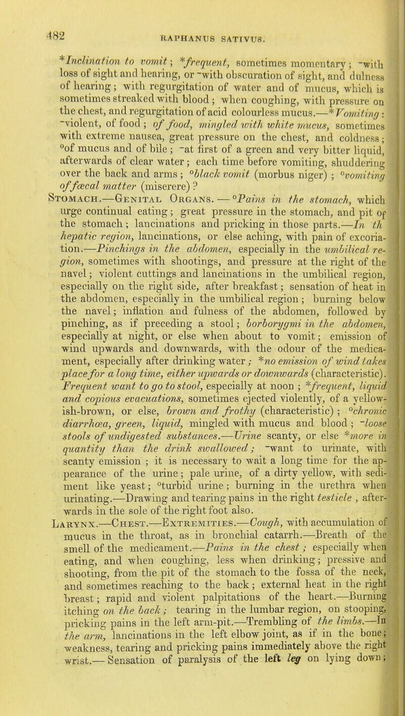 *Inclination to vomit; ^frequent, sometimes momentary ; -with loss of sight and bearing, or -with obscuration of sight, and dulnesH of hearing ; with regurgitation of water and of mucus, which is sometimes streaked with blood; when coughing, with pressure on the chest, and regurgitation of acid colourless mucus.—* Vomiting : -violent, of food ; of food, mingled ivith white mucus, sometimes with extreme nausea, great pressure on the chest, and coldness; °of mucus and of bile ; -at first of a green and very bitter Hquid, afterwards of clear water; each time before vomiting, shuddering over the back and arms ; °black vomit (morbus niger) ; vomiting offcecal matter (miserere) ? Stomach.—Genital Organs. — °Pains in the stomach, which urge continual eating; great pressure in the stomach, and pit of the stomach; lancinations and pricking in those parts.—In th hepatic region, lancinations, or else aching, with pain of excoria- tion.—Pinchings in the abdomen, especially in the umbilical re- gion, sometimes with shootings, and pressure at the right of the navel; violent cuttings and lancinations in the umbilical region, especially on the right side, after breakfast; sensation of heat in the abdomen, especially in the umbilical region; burning below the navel; inflation and fulness of the abdomen, followed bv pinching, as if preceding a stool; borborygmi in the abdomen, especially at night, or else when about to vomit; emission of wind upwards and downwards, with the odour of the medica- ment, especially after drinking water ; *no emission of wind takes place for a long time, either upwards or downwards (characteristic). Frequent want to go to stool, especially at noon ; * frequent, liquid and copious evacuations, sometimes ejected violently, of a yellow- ish-brown, or else, brown and frothy (characteristic) ; °chronic diarrhoea, green, liquid, mingled with mucus and blood ; -loose stools of undigested substances.—Urine scanty, or else *?«ore i)> quantity than the drink swallowed; want to urinate, with scanty emission ; it is necessary to wait a long time for the ap- pearance of the urine; pale urine, of a dirty yellow, with sedi- ment like yeast; turbid urine; burning in the urethra wheu urinating.—Drawing and tearing pains in the right testicle , after- wards in the sole of the right foot also. Larynx.—Chest.—Extremities.—Cough, with accumulation of mucus in the throat, as in bronchial catarrh.—Breath of the smell of the medicament.—Pains in the chest ; especially when eating, and when coughing, less when drinking; pressive and shooting, from the pit of the stomach to the fossa of the neck, and sometimes reaching to the back; external heat in the right breast; rapid and violent palpitations of the heart.—Burning itching on the back; tearing in the lumbar region, on stooping, pricking pains in the left arm-pit.—TrerabUng of the limbs.—In the arm, lancinations in the left elbow joint, as if in the bone; weakness, tearing and pricking pains immediately above the right wrist.—Sensation of paralysis of the left l^ on lying down;