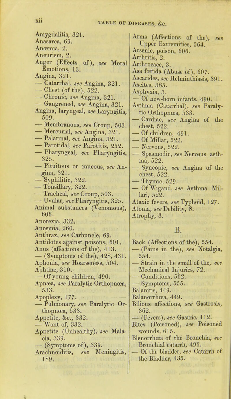 Xll Amygdalitis, 321. Anasarca, 69. Ancemia, 2. Aneurism, 2. Anger (Effects of), see Moral Emotions, 13. Angina, 321. — Catarrhal, see Angina, 321. — Chest (of the), 522. — Chronic, see Angina, 321. — Gangrened, see Angina, 321. Angina, laryngeal, see Laryngitis, 509. — Membranous, see Croup, 503. — Mercurial, see Angina, 321. — Palatinal, see Angina, 321. — Parotidal, see Parotitis, 252. — Pharyngeal, see Pharyngitis, 325. — Pituitous or mucous, see An- gina, 321. — Syphilitic, 322. — Tonsillary, 322. — Tracheal, see Croup, 503. — Uvular, see Pharyngitis, 325. Animal substances (Venomous), 606. Anorexia, 332. Anosmia, 260. Anthrax, see Carbuncle, 69. Antidotes against poisons, 601. Anus (affections of the), 413. — (Symptoms of the), 428, 431. Aphonia, see Hoarseness, 504. Aphthse, 310. — Of young children, 490. Apnsea, see Paralytic Orthopncea, 533. Apoplexy, 177. — Pulmonary, see Paralytic Or- thopncea, 533. Appetite, &c, 332. — Want of, 332. Appetite (Unhealthy), see Mala- ria, 339. — (Symptoms of), 339. Arachnoiditis, see Meningitis, 189. Arms (Affections of the), see Upper Extremities, 564. Arsenic, poison, 606. Arthritis, 2. Arthrocace, 3. Asa fcetida (Abuse of), 607. Ascarides, see Helminthiasis, 391. Ascites, 385. Asphyxia, 3. — Of new-born infants, 490. Asthma (Catarrhal), see Paraly- tic Orthopncea, 533. — Cardiac, see Angina of the chest, 522. — Of children, 491. — Of Millar, 522. — Nervous, 522. — Spasmodic, see Nervous asth- ma, 522. — Syncopic, see Angina of the chest, 522. — Thymic, 529. — Of Wigand, see Asthma Mil- lari, 522. Ataxic fevers, see Typhoid, 127. Atonia, see Debility, 8. Atrophy, 3. B. Back (Affections of the), 554. — (Pains in the), see Notalgia, 554. — Strain in the small of the, see Mechanical Injuries, 72. — Conditions, 562. — Symptoms, 555. Balanitis, 449. Balanorrhcea, 449. Bilious affections, see Gastrosis, 362. — (Fevers), see Gastric, 112. Bites (Poisoned), see Poisoned wounds, 615. Blenorrhoea of the Bronchia, see Bronchial catarrh, 496. — Of the bladder, see Catarrh of the Bladder, 435.