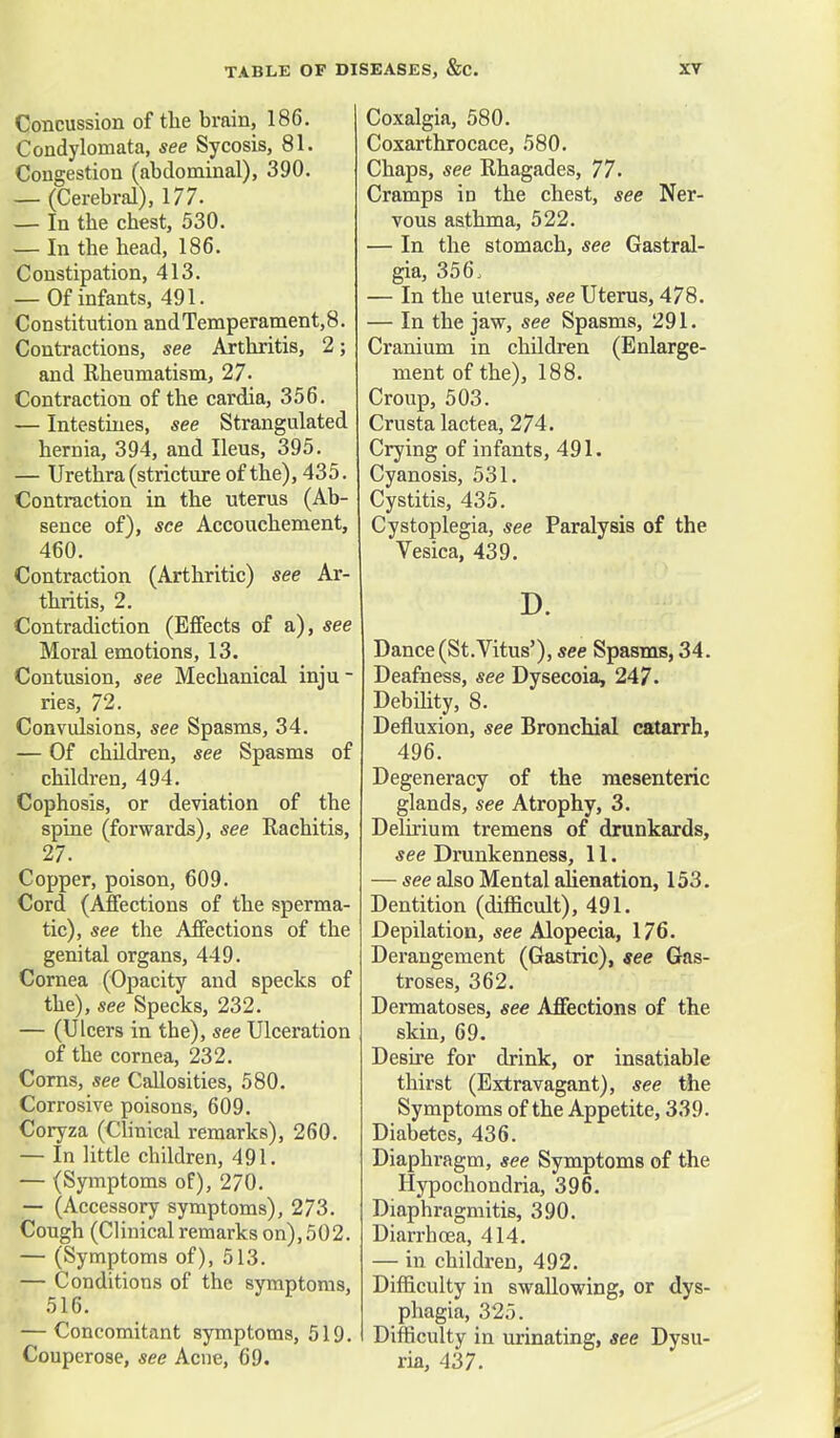 Concussion of the brain, 186. Condylomata, see Sycosis, 81. Congestion (abdominal), 390. — (Cerebral), 177. — In the chest, 530. — In the head, 186. Constipation, 413. — Of infants, 491. Constitution andTemperament,8. Contractions, see Arthritis, 2; and Rheumatism, 27- Contraction of the cardia, 356. — Intestines, see Strangulated hernia, 394, and Ileus, 395. — Urethra (stricture of the), 435. Contraction in the uterus (Ab- sence of), see Accouchement, 460. Contraction (Arthritic) see Ar- thritis, 2. Contradiction (Effects of a), see Moral emotions, 13. Contusion, see Mechanical inju - rie3, 72. Convulsions, see Spasms, 34. — Of children, see Spasms of children, 494. Cophosis, or deviation of the spine (forwards), see Rachitis, 27. Copper, poison, 609. Cord (Affections of the sperma- tic), see the Affections of the genital organs, 449. Cornea (Opacity and specks of the), see Specks, 232. — (Ulcers in the), see Ulceration of the cornea, 232. Corns, see Callosities, 580. Corrosive poisons, 609. Coryza (Clinical remarks), 260. — In little children, 491. — (Symptoms of), 270. — (Accessory symptoms), 273. Cough (Clinical remarks on), 502. — (Symptoms of), 513. — Conditions of the symptoms, 516. — Concomitant symptoms, 519. Couperose, see Acne, 69. Coxalgia, 580. Coxarthrocace, 580. Chaps, see Rhagades, 77. Cramps in the chest, see Ner- vous asthma, 522. — In the stomach, see Gastral- gia, 356, — In the uterus, see Uterus, 478. — In the jaw, see Spasms, 291. Cranium in children (Enlarge- ment of the), 188. Croup, 503. Crusta lactea, 274. Crying of infants, 491. Cyanosis, 531. Cystitis, 435. Cystoplegia, see Paralysis of the Vesica, 439. D. Dance (St.Vitus'), see Spasms, 34. Deafness, see Dysecoia, 247. Debility, 8. Defluxion, see Bronchial catarrh, 496. Degeneracy of the mesenteric glands, see Atrophy, 3. Delirium tremens of drunkards, see Drunkenness, 11. — see also Mental alienation, 153. Dentition (difficult), 491. Depilation, see Alopecia, 176. Derangement (Gastric), see Gas- troses, 362. Dermatoses, see Affections of the skin, 69. Desire for drink, or insatiable thirst (Extravagant), see the Symptoms of the Appetite, 339. Diabetes, 436. Diaphragm, see Symptoms of the Hypochondria, 396. Diaphragmitis, 390. Diarrhoea, 414. — in children, 492. Difficulty in swallowing, or dys- phagia, 325. Difficulty in urinating, see Dysu- ria, 437.