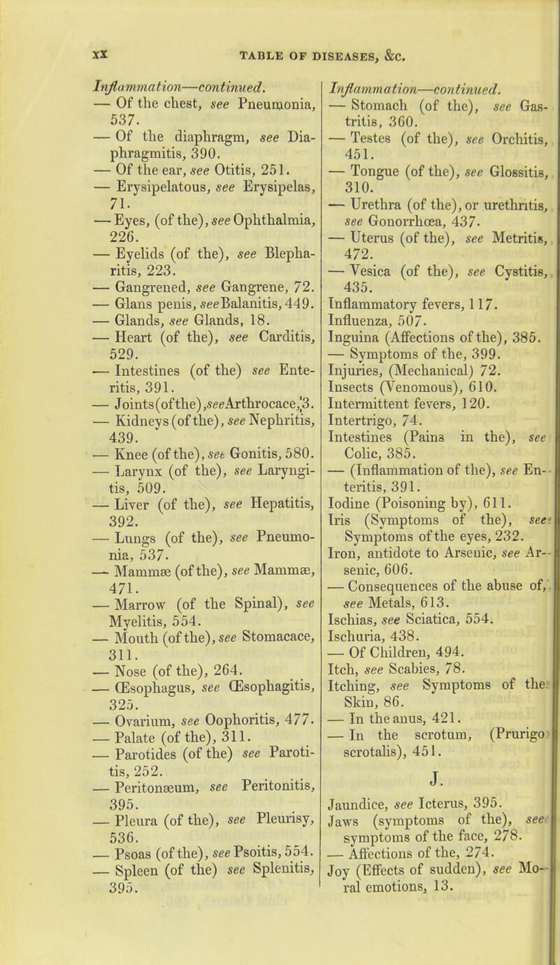 Inflammation—continued. — Of the chest, see Pneumonia, 537. — Of the diaphragm, see Dia- phragmitis, 390. — Of the ear, see Otitis, 251. — Erysipelatous, see Erysipelas, 71. — Eyes, (of the), see Ophthalmia, 226. — Eyelids (of the), see Blepha- ritis, 223. — Gangrened, see Gangrene, 72. — Glans penis, seeBalanitis, 449. — Glands, see Glands, 18. — Heart (of the), see Carditis, 529. — Intestines (of the) see Ente- ritis, 391. — Joints (of the) ,seeArthrocace,|3. — Kidneys (of the), see Nephritis, 439. — Knee (of the), set Gonitis, 580. — Larynx (of the), see Laryngi- tis, 509. — Liver (of the), see Hepatitis, 392. — Lungs (of the), see Pneumo- nia, 537. — Mammae (of the), see Mammae, 471. — Marrow (of the Spinal), see Myelitis, 554. — Mouth (of the), see Stomacace, 311. — Nose (of the), 264. — Oesophagus, see Oesophagitis, 325. — Ovarium, see Oophoritis, 477. — Palate (of the), 311. — Parotides (of the) see Paroti- tis, 252. — Peritonaeum, see Peritonitis, 395. — Pleura (of the), see Pleurisy, 536. — Psoas (of the), see Psoitis, 554. — Spleen (of the) see Splenitis, 395. Inflammation—continued. — Stomach (of the), see Gas- tritis, 360. — Testes (of the), see Orchitis, 451. — Tongue (of the), see Glossitis, 310. — Urethra (of the), or urethritis, see Gonorrhoea, 437. — Uterus (of the), see Metritis, 472. — Vesica (of the), see Cystitis, 435. Inflammatory fevers, 117. Influenza, 507. Inguina (Affections of the), 385. — Symptoms of the, 399. Injuries, (Mechanical) 72. Insects (Venomous), 610. Intermittent fevers, 120. Intertrigo, 74. Intestines (Pains in the), see Colic, 385. — (Inflammation of the), see En- teritis, 391. Iodine (Poisoning by), 611. Iris (Symptoms of the), see Symptoms of the eyes, 232. Iron, antidote to Arsenic, see Ar- senic, 606. — Consequences of the abuse of, see Metals, 613. Ischias, see Sciatica, 554. Ischuria, 438. — Of Children, 494. Itch, see Scabies, 78. Itching, see Symptoms of the Skin, 86. — In the anus, 421. — In the scrotum, (Prurigo' scrotahs), 451. J. Jaundice, see Icterus, 395. Jaws (symptoms of the), see symptoms of the face, 278. — Affections of the, 274. Joy (Effects of sudden), see Mo- ral emotions, 13.