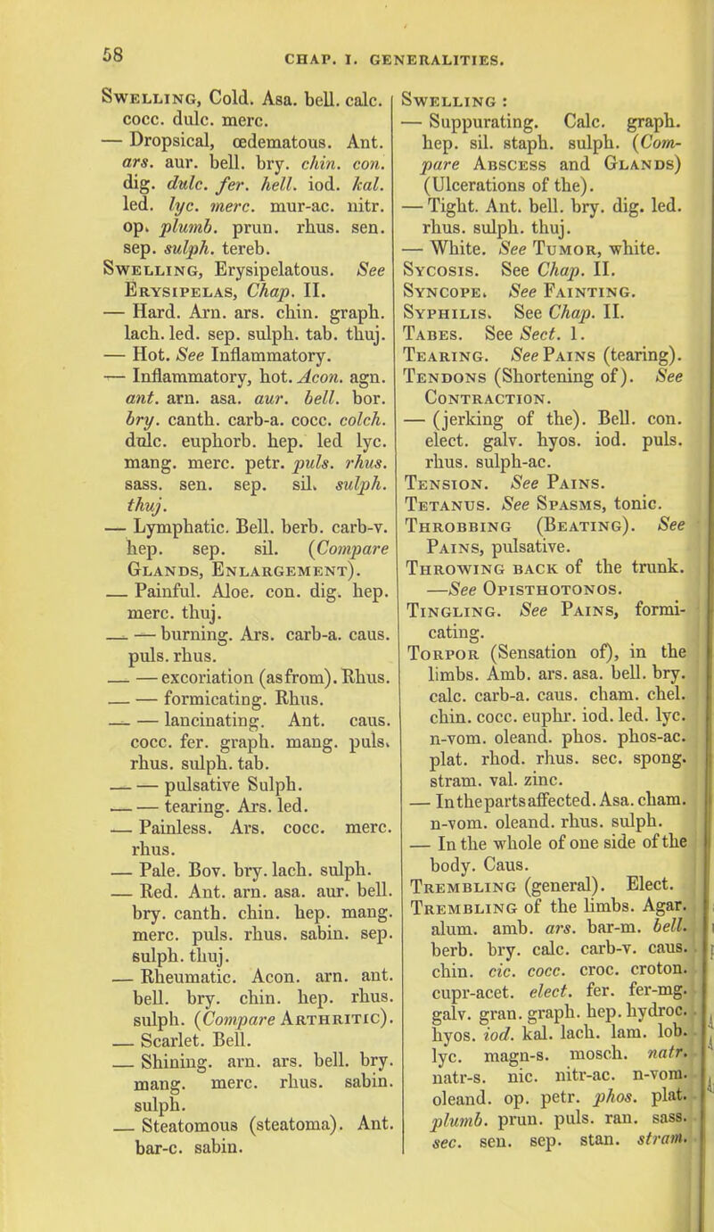 Swelling, Cold. Asa. bell. calc. cocc. dulc. mere. — Dropsical, cedematous. Ant. ars. aur. bell. bry. chin. con. dig. dulc. fer. hell. iod. kal. led. lyc. mere, mur-ac. nitr. op. plumb, prun. rhus. sen. sep. sulph. tereb. Swelling, Erysipelatous. See Erysipelas, Chap. II. — Hard. Arn. ars. chin, graph, lach. led. sep. sulph. tab. thuj. — Hot. See Inflammatory. i— Inflammatory, hot. Aeon. agn. ant. arn. asa. aur. bell. bor. bry. canth. carb-a. cocc. colch. dulc. euphorb. hep. led lyc. mang. mere. petr. puis. rhus. sass. sen. sep. sil. sulph. thuj. — Lymphatic. Bell. berb. carb-v. hep. sep. sfl. [Compare Glands, Enlargement). — Painful. Aloe. con. dig. hep. mere. thuj. — — burning. Ars. carb-a. caus. puis. rhus. — —excoriation (asfrom). Rhus. — — formicating. Rhus. — — lancinating. Ant. caus. cocc. fer. graph, mang. puis, rhus. sulph. tab. — — pulsative Sulph. — — tearing. Ars. led. -— Painless. Ars. cocc. mere, rhus. — Pale. Bov. bry. lach. sulph. — Red. Ant. arn. asa. aur. bell, bry. canth. chin. hep. mang. mere. puis. rhus. sabin. sep. sulph. thuj. — Rheumatic. Aeon. arn. ant. bell. bry. chin. hep. rhus. sulph. (Compare Arthritic). _ Scarlet. Bell. — Shining, arn. ars. bell. bry. mang. mere. rhus. sabin. sulph. Steatomous (steatoma). Ant. bar-c. sabin. Swelling : — Suppurating. Calc. graph, hep. sil. staph, sulph. (Com- pare Abscess and Glands) (Ulcerations of the). — Tight. Ant. bell. bry. dig. led. rhus. sulph. thuj. — White. See Tumor, white. Sycosis. See Chap. II. Syncope. See Fainting. Syphilis. See Chap. II. Tabes. See Sect. 1. Tearing. See Pains (tearing). Tendons (Shortening of). See Contraction. — (jerking of the). Bell. con. elect, galv. hyos. iod. puis, rhus. sulph-ac. Tension. See Pains. Tetanus. See Spasms, tonic. Throbbing (Beating). See Pains, pulsative. Throwing back of the trunk. —See Opisthotonos. Tingling. See Pains, formi- cating. Torpor (Sensation of), in the limbs. Amb. ars. asa. bell. bry. calc. carb-a. caus. cham. chel. chin. cocc. euphr. iod. led. lyc. n-vom. oleand. phos. phos-ac. plat. rhod. rhus. sec. spong. stram. val. zinc. — In the parts affected. Asa. cham. n-vom. oleand. rhus. sulph. — In the whole of one side of the body. Caus. Trembling (general). Elect. Trembling of the limbs. Agar, alum. amb. ars. bar-m. bellAi berb. bry. calc. carb-v. causS j chin. cic. cocc. croc, croton. cupr-acet. elect, fer. fer-mg. galv. gran, graph, hep. hydroc.!., hyos. iod. kal. lach. lam. lob. - j lyc. magn-s. mosch. natr. - natr-s. nic. nitr-ac. n-vora. . oleand. op. petr. phos. plat. -1 plumb, prun. puis. ran. sass. j sec. sen. sep. stan. stram. i