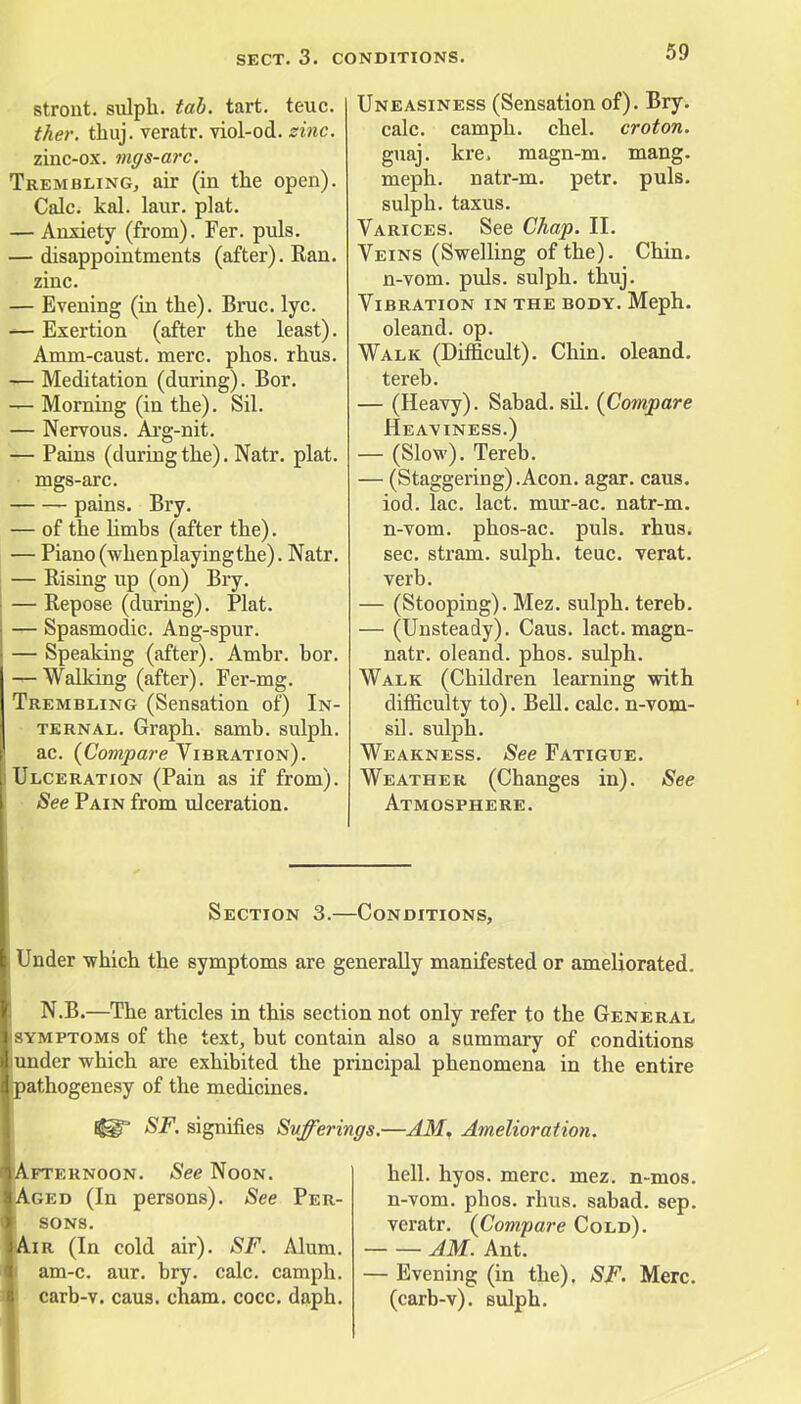 stront. sulph. tab. tart. teuc. ther. thuj. veratr. viol-od. zinc. zinc-ox. mgs-arc. Trembling, air (in the open). Calc. kal. laur. plat. — Anxiety (from). Fer. puis. — disappointments (after). Ran. zinc. — Evening (in the). Bruc. lyc. Exertion (after the least). Amm-caust. mere. phos. rhus. — Meditation (during). Bor. — Morning (in the). Sil. — Nervous. Arg-nit. — Pains (during the). Natr. plat, mgs-arc. pains. Bry. — of the limbs (after the). — Piano (when playing the). Natr. — Rising up (on) Bry. — Repose (during). Plat. — Spasmodic. Ang-spur. — Speaking (after). Ambr. bor. — Walking (after). Fer-mg. Trembling (Sensation of) In- ternal. Graph, samb. sulph. ac. {Compare Vibration). Ulceration (Pain as if from). See Pain from ulceration. chel. Uneasiness (Sensation of). Bry. croton. mang. puis. magn-m. petr calc. camph. guaj. kre, meph. natr-m. sulph. taxus. Varices. See Chap. II. Veins (Swelling of the). Chin. n-vom. puis, sulph. thuj. Vibration in the body. Meph. oleand. op. Walk (Difficult). Chin, oleand. tereb. — (Heavy). Sabad. sil. {Compare Heaviness.) — (Slow). Tereb. — (Staggering).Aeon. agar. caus. iod. lac. lact. mur-ac. natr-m. n-vom. phos-ac. puis. rhus. sec. stram. sulph. teuc. verat. verb. — (Stooping). Mez. sulph. tereb. — (Unsteady). Caus. lact. magn- natr. oleand. phos. sulph. Walk (Children learning with difficulty to). Bell. calc. n-vom- sil. sulph. Weakness. See Fatigue. Weather (Changes in). See Atmosphere. Section 3.—Conditions, Under which the symptoms are generally manifested or ameliorated. N.B.—The articles in this section not only refer to the General symptoms of the text, but contain also a summary of conditions under which are exhibited the principal phenomena in the entire pathogenesy of the medicines. SF. signifies Sufferings.—AM. Amelioration. Afternoon. See Noon. Aged (In persons). See Per- sons. Air (In cold air). SF. Alum, am-c. aur. bry. calc. camph. carb-v. caus. cham. cocc. daph. hell. hyos. mere. mez. n-mos. n-vom. phos. rhus. sabad. sep. veratr. {Compare Cold). AM. Ant. — Evening (in the). SF. Merc, (carb-v). sulph.
