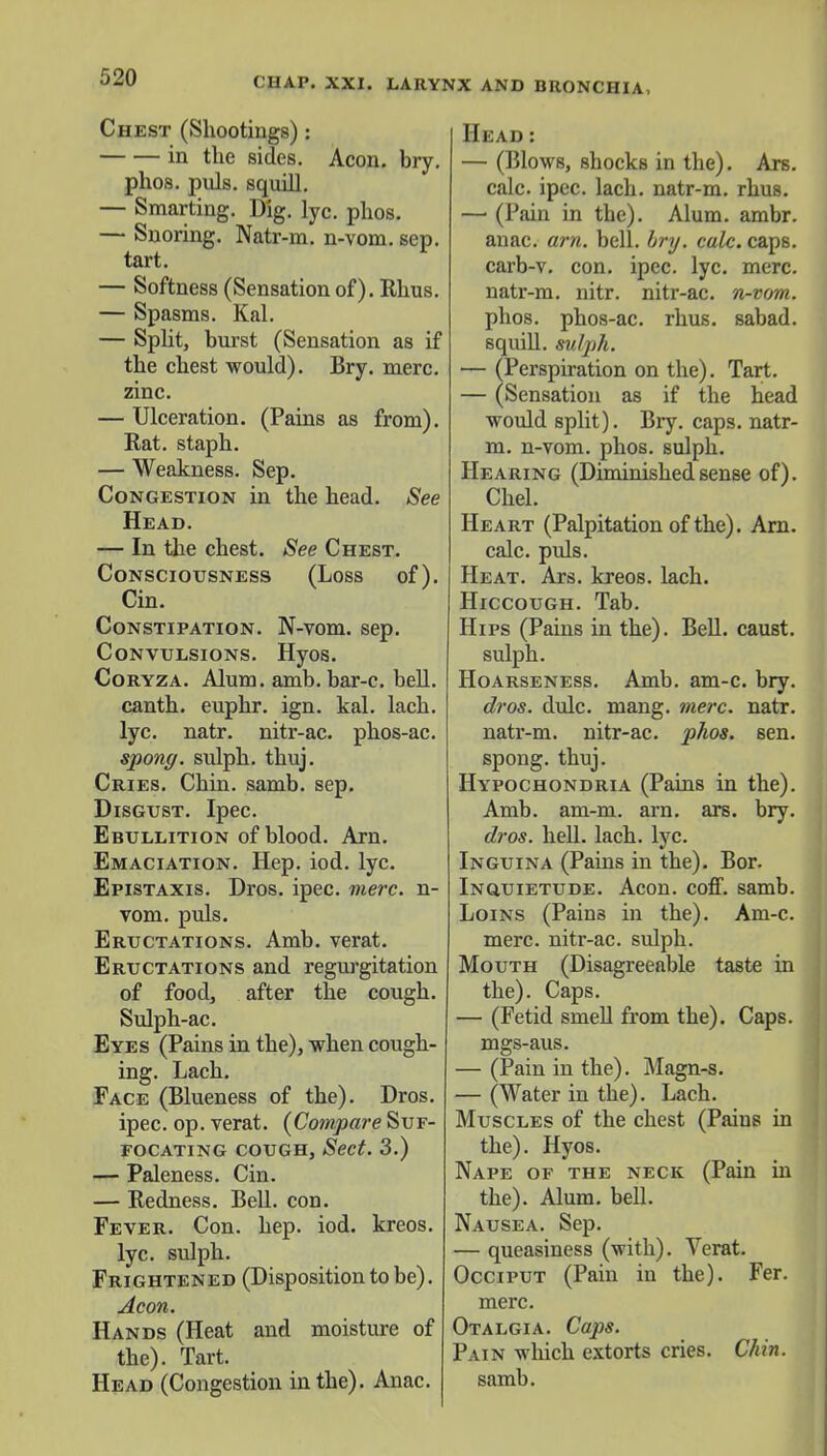 Chest (Shootings) : in the sides. Aeon. bry. phos. puis, squill. — Smarting. Dig. lyc. phos. — Snoring. Natr-m. n-vom. sep. tart. — Softness (Sensation of). Rhus. — Spasms. Kal. — Split, burst (Sensation as if the chest would). Bry. mere, zinc. — Ulceration. (Pains as from). Rat. staph. — Weakness. Sep. Congestion in the head. See Head. — In the chest. See Chest. Consciousness (Loss of). Cin. Constipation. N-vom. sep. Convulsions. Hyos. Coryza. Alum. amb. bar-c. bell, canth. euphr. ign. kal. lach. lyc. natr. nitr-ac. phos-ac. spong. sulph. thuj. Cries. Chin. samb. sep. Disgust. Ipec. Ebullition of blood. Arn. Emaciation. Hep. iod. lyc. Epistaxis. Dros. ipec. mere, n- vom. puis. Eructations. Amb. verat. Eructations and regurgitation of food, after the cough. Sulph-ac. Eyes (Pains in the), when cough- ing. Lach. Face (Blueness of the). Dros. ipec. op. verat. (Compare Suf- focating cough, Sect. 3.) — Paleness. Cin. — Redness. Bell. con. Fever. Con. hep. iod. kreos. lyc. sulph. Frightened (Disposition to be). Aeon. Hands (Heat and moisture of the). Tart. Head (Congestion in the). Anac. Head : — (Blows, shocks in the). Ars. calc ipec. lach. natr-m. rhus. — (Pain in the). Alum. ambr. anac. arn. bell. bry. calc. caps, carb-v. con. ipec. lyc. mere, natr-m. nitr. nitr-ac. n-vom. phos. phos-ac. rhus. sabad. squill, sulph. — (Perspiration on the). Tart. — (Sensation as if the head would split). Bry. caps, natr- m. n-vom. phos. sulph. Hearing (Diminishedsense of). Chel. Heart (Palpitation of the). Arn. calc. puis. Heat. Ars. kreos. lach. Hiccough. Tab. Hips (Pains in the). Bell, caust. sulph. Hoarseness. Amb. am-c. bry. dros. dulc. mang. mere. natr. natr-m. nitr-ac. phos. sen. spong. thuj. Hypochondria (Pains in the). Amb. am-m. arn. ars. bry. dros. hell. lach. lyc. Inguina (Pains in the). Bor. Inquietude. Aeon. coff. samb. Loins (Pain3 in the). Am-c. mere, nitr-ac. sulph. Mouth (Disagreeable taste in the). Caps. — (Fetid smell from the). Caps, mgs-aus. — (Pain in the). Magn-s. — (Water in the). Lach. Muscles of the chest (Pains in the). Hyos. Nape of the neck (Pain in the). Alum. bell. Nausea. Sep. — queasiness (with). Verat. Occiput (Pain in the). Fer. mere. Otalgia. Caps. Pain which extorts cries. Chin. samb.