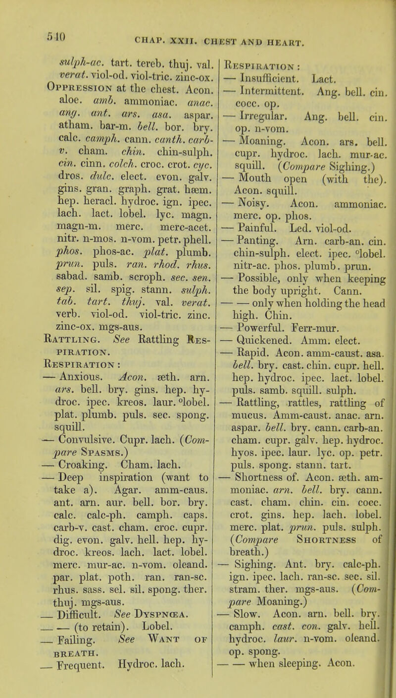 5-10 CHAP. XXII. CHEST AND HEART. sulph-ac. tart, tereb. thuj. val. verat. viol-od. viol-tric. zinc-ox. Oppression at the chest. Aeon. aloe. amb. ammoniac, anac. any. ant. ars. asa. aspar. atham. bar-m. bell. bor. bry. calc. camph. cann. canth. carb- v. cham. chin, chin-sulph. cin. cinn. colch. croc. crot. eye. dros. dulc. elect, evon. galv. gins. gran, graph, grat. hsem. hep. heracl. hydroc. ign. ipec. lach. lact. lobel. lyc. magn. magn-m. mere. merc-acet. nitr. n-mos. n-vom. petr. phell. phos. phos-ac. plat, plumb. prun. puis. ran. rhod. rhus. sabad. samb. scroph. sec. sen. sep. sil. spig. stann. sulph. tab. tart. thuj. val. verat. verb, viol-od. viol-tric. zinc. zinc-ox. mgs-aus. Rattling. See Rattling Res- piration. Respiration : — Anxious. Aeon. seth. am. ars. bell. bry. gins. hep. hy- droc. ipec. kreos. laur. °lobel. plat, plumb, puis. sec. spong. squill. — Convulsive. Cupr. lach. (Com- pare Spasms.) — Croaking. Cham. lach. — Deep inspiration (want to take a). Agar, amm-caus. ant. arn. aur. bell. bor. bry. calc. calc-ph. camph. caps, carb-v. cast. cham. croc. cupr. dig. evon. galv. hell. hep. hy- droc. kreos. lach. lact. lobel. mere, mur-ac. n-vom. oleand. par. plat. poth. ran. ran-sc. rhus. sass. sel. sil. spong. ther. thuj. mgs-aus. Difficult. See Dyspncea. — (to retain). Lobel. Failing. See Want of BREATH. Frequent. Hydroc. lach. Respiration : — Insufficient. Lact. — Intermittent. Ang. bell. cin. cocc. op. — Irregular. Ang. bell. cin. op. n-vom. — Moaning. Aeon. ars. bell, cupr. hydroc. lach. mur-ac. squill. (Compare Sighing.) — Mouth open (with the). Aeon, squill. — Noisy. Aeon, ammoniac, mere. op. phos. — Painful. Led. viol-od. — Panting. Arn. carb-an. cin. chin-sulph. elect, ipec. °lobel. nitr-ac. phos. plumb, prun. — Possible, only when keeping the body upright. Cann. only when holding the head high. Chin. — Powerful. Ferr-mur. — Quickened. Amm. elect. — Rapid. Aeon, amm-caust. asa. bell. bry. cast. cbin. cupr. hell, hep. hydroc. ipec. lact. lobel. puis. samb. squill, sulph. — Rattling, rattles, rattling of mucus. Amm-caust. anac. arn. aspar. bell. bry. cann. carb-an. cham. cupr. galv. hep. hydroc. hyos. ipec. laur. lyc. op. petr. puis, spong. stann. tart. — Shortness of. Aeon. aeth. am- i moniac. am. bell. bry. cann. cast. cham. chin. cin. cocc. crot. gins. hep. lach. lobel. mere. plat. prun. puis, sulph. j (Compare Shortness of I breath.) — Sighing. Ant. bry. calc-ph. i ign. ipec. lach. ran-sc. sec. sil. stram. ther. mgs-aus. (Com- pare Moaning.) — Slow. Aeon. arn. bell, bry.l camph. cast. con. galv. bell. ! hydroc. laur. n-vom. oleand. op. spong. when sleeping. Aeon.
