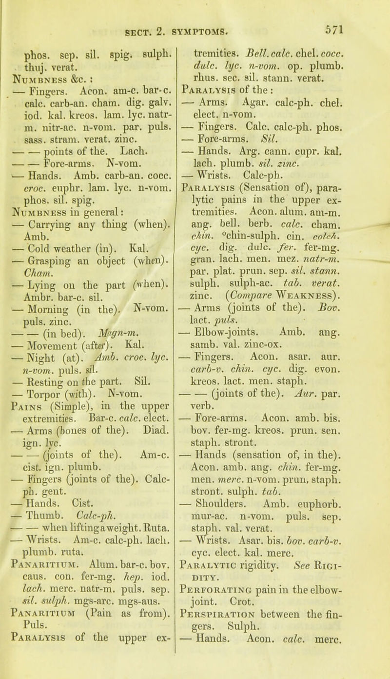 phos. sep. sil. spig. sulph. thuj. verat. Numbness &c. : — Fingers. Aeon. am-c. bar-c. calc. carb-an. chara. dig. galv. iod. kal. kreos. lam. lye. natr- m. nitr-ac. n-vom. par. puis, sass. stram. verat. zinc. points of tbe. Lack. Fore-arms. N-vom. — Hands. Amb. carb-an. cocc. croc, eupbr. lam. lyc. n-vom. plios. sil. spig. Numbness in general: — Carrying any tbing (when). Amb. — Cold weather (in). Kal. — Grasping an object (when). Cham. — Lying on the part (ivhen). Ambr. bar-c. sil. — Morning (in tbe). N-vom. puis. zinc. (in bed). Magn-m. — Movement (after). Kal. — Night (at). Amb. croc. lyc. n-vom. puis. sil. — Resting on the part. Sil. — Torpor (with). N-vom. Pains (Simple), in the upper extremities. Bar-c. calc. elect. — Arms (bones of the). Diad. ign. lyc. (joints of the). Am-c. cist. ign. plumb. — Fingers (joints of the). Calc- ph. gent. — Hands. Cist. — Thumb. Calc-ph. when lifting a weight. Ruta. — Wrists. Am-c. calc-ph. lack, plumb, ruta. Panaritium. Alum, bar-c. bov. caus. con. fer-mg. hep. iod. lack. mere, natr-m. puis. sep. sil. sulph. mgs-arc. mgs-aus. Panaritium (Pain as from). Puis. Paralysis of the upper ex- tremities. Bell. calc. chel. cocc. dale. lyc. n-vom. op. plumb, rhus. sec. sil. stann. verat. Paralysis of the: — Arms. Agar, calc-ph. chel. elect, n-vom. — Fingers. Calc. calc-ph. phos. — Fore-arms. Sil. — Hands. Arg. cann. cupr. kal. lach. plumb, sil. zinc. — Wrists. Calc-ph. Paralysis (Sensation of), para- lytic pains in the upper ex- tremities. Aeon. alum. am-m. ang. bell. berb. calc. cham. chin. °chin-sulph. cin. colrfi. eye. dig. duJc. fer. fer-mg. gran. lach. men. mez. natr-m. par. plat. prun. sep. sil. stann. sulph. sulph-ac. tab. verat. zinc. {Compare Weakness). — Arms (joints of the). Bov. lact. puis. — Elbow-joints. Amb. ang. samb. val. zinc-ox. — Fingers. Aeon. asar. aur. carb-v. chin. eye. dig. evon. kreos. lact. men. staph. (joints of the). Aur. par. verb. — Fore-arms. Aeon. amb. bis. bov. fer-mg. kreos. prun. sen. staph, stront. — Hands (sensation of, in the). Aeon. amb. ang. chin, fer-mg. men. mere, n-vom. prun, staph, stront. sulph. tab. — Shoulders. Amb. euphorb. mur-ac. n-vom. puis. sep. staph, val. verat. — Wrists. Asar. bis. bov. carb-v. eye. elect, kal. mere. Paralytic rigidity. See Rigi- dity. Perforating pain in the elbow- joint. Crot. Perspiration between the fin- gers. Sulph. — Hands. Aeon. calc. mere.