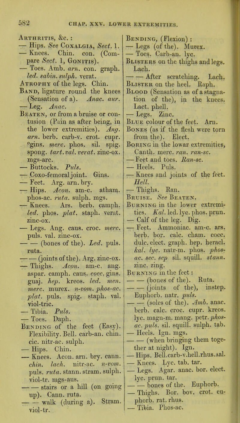 Arthritis, &c. : — Hips. See Coxalgia, Sect. 1. — Knees. Chin. con. (Com- pare Sect. 1, Gonitis). — Toes. Amb. am. con. graph. led. sabin. sulph. verat. Atrophy of the legs. Chin. Band, ligature round the knees (Sensation of a). Anac. aur. — Leg. Anac. Beaten, or from a bruise or con- tusion (Pain as after being, in the lower extremities). Ang. arn. berb. carb-v. crot. cupr. °gins. mere. phos. sil. spig. spong. tart. vol. verat. zinc-ox. mgs-arc. — Buttocks. Puis. — .Coxo-femoral joint. Gins. — Feet. Arg. arn. bry. — Hips. Aeon. am-c. atham. phos-ac. ruta. sulph. mgs. — Knees. Ars. berb. camph. led. phos. plat, staph, verat. zinc-ox. — Legs. Ang. caus. croc. mere. puis. val. zinc-ox. (bones of the). Led. puis. ruta. (joints of the). Arg. zinc-ox. — Thighs. Aeon, am-c, ang. aspar. camph. caus. cocc. gins, guaj. hep. kreos. led. men. mere, murex. n-vom. phos-ac. plat. puis. spig. staph, val. viol-tric. — Tibia. Puis. — Toes. Daph. Bending of the feet (Easy). Flexibility. Bell, carb-an. chin, cic. nitr-ac. sulph. — Hips. Chin. — Knees. Aeon. arn. bry. cann. chin. lack, nitr-ac. n-vom. puis. ruta. stann. stram. sulph. viol-tr. mgs-aus. stairs or a hill (on going up). Cann. ruta. walk (during a). Stram. viol-tr. Bending, (Flexion) : — Legs (of the). Murex. — Toes,. Carb-an. lyc. Blisters on the thighs and legs. Lach. After scratching. Lach. Blister on the heel. Raph. Blood (Sensation as of a stagna- tion of the), in the knees. Lact. phell. — Legs. Zinc. Blue colour of the feet. Arn. Bones (as if the flesh were torn from the). Elect. Boring in the lowar extremities, Canth. mere. ran. ran-sc. — Feet and toes. Ran-sc. — Heels. Puis. ■— Knees and joints of the feet. Hell. — Thighs. Ran. Bruise. See Beaten. Burning in the lower extremi- ties. Kal. led. lyc. phos. prun. — Calf of the leg. Dig. — Feet. Ammoniac, am-c. ars. berb. bor. calc. cham. cocc. dulc. elect, graph, hep. heracl. kal. lyc. natr-m. phos. phos- ac. sec. sep sil. squill, stann. zinc. zing. Burning in the feet: (bones of the). Ruta. (joints of the), instep. Euphorb. natr. pids. (soles of the). Amb. anac. berb. calc. croc. cupr. kreos. lyc. magn-m. mang. Tpetr. phos- ac. puis, sil. squill, sulph. tab. — Heels. Ign. mgs. (when bringing them toge- ther at night). Ign. — Hips. Bell.carb-v.hell.rhus.Aal. — Knees. Lyc. tab. tar. — Legs. Agar. anac. bor. elect, lyc. prun. tar. bones of the. Euphorb. — Thighs. Bor. bov. crot. eu- phorb. rat. rhus. — Tibia. Phos-ac.