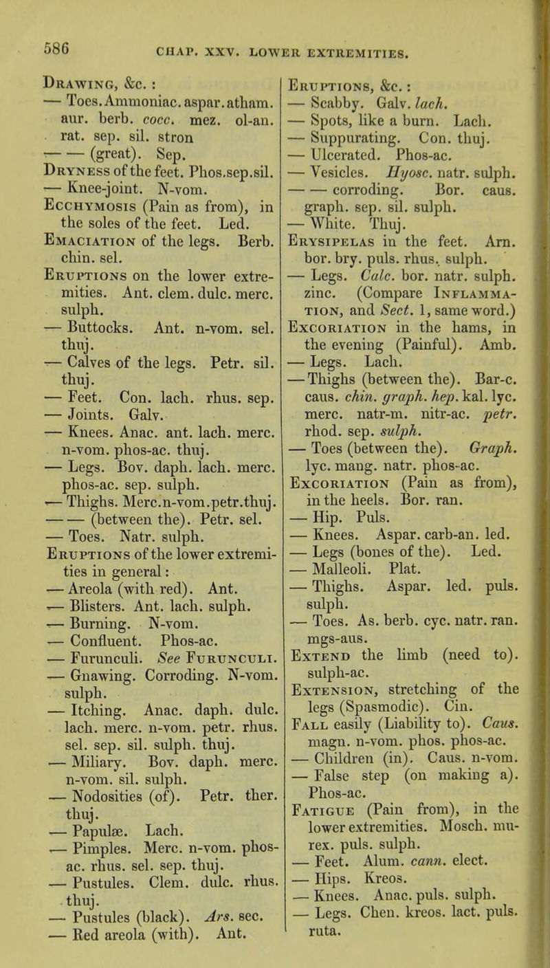 Drawing, &c. : — Toes. Ammoniac, aspar.atham. aur. berb. cocc. mez. ol-an. rat. sep. sil. stron : (great). Sep. Dryness of the feet. Phos.sep.sil. — Knee-joint. N-vom. Ecchymosis (Pain as from), in the soles of the feet. Led. Emaciation of the legs. Berb. chin. sel. Eruptions on the lower extre- mities. Ant. clem. dulc. mere, sulph. — Buttocks. Ant. n-vom. sel. thtri. — Calves of the legs. Petr. sil. thuj. — Feet. Con. lach. rhus. sep. — Joints. Galv. — Knees. Anac. ant. lach. mere, n-vom. phos-ac. thuj. — Legs. Bov. daph. lach. mere, phos-ac. sep. sulph. <— Thighs. Merc.n-vom.petr.thuj. (between the). Petr. sel. — Toes. Natr. sulph. Eruptions of the lower extremi- ties in general: — Areola (with red). Ant. ^— Blisters. Ant. lach. sulph. — Burning. N-vom. — Confluent. Phos-ac. — Furunculi. See Furunculi. — Gnawing. Corroding. N-vom. sulph. — Itching. Anac. daph. dulc. lach. mere, n-vom. petr. rhus. sel. sep. sil. sulph. thuj. — Miliary. Bov. daph. mere, n-vom. sil. sulph. — Nodosities (of). Petr. ther. thuj. — Papulae. Lach. — Pimples. Merc, n-vom. phos- ac. rhus. sel. sep. thuj. — Pustules. Clem. dulc. rhus. thuj. — Pustules (black). Ars. sec. — Red areola (with). Ant. Eruptions, &c. : — Scabby. Galv. lach. — Spots, like a burn. Lach. — Suppurating. Con. thuj. — Ulcerated. Phos-ac. — Vesicles. Hyosc. natr. sulph. corroding. Bor. caus. graph, sep. sd. sulph. — White. Thuj. Erysipelas in the feet. Am. bor. bry. puis. rhus. sulph. — Legs. Calc. bor. natr. sulph. zinc. (Compare Inflamma- tion, and Sect. 1, same word.) Excoriation in the hams, in the evening (Painful). Amb. — Legs. Lach. — Thighs (between the). Bar-c. caus. chin, graph, hep. kal. lye. mere, natr-m. nitr-ac. petr. rhod. sep. sulph. — Toes (between the). Graph. lyc. mang. natr. phos-ac. Excoriation (Pain as from), in the heels. Bor. ran. — Hip. Puis. — Knees. Aspar. carb-an. led. — Legs (bones of the). Led. — Malleoli. Plat. — Thighs. Aspar. led. puis, sulph. — Toes. As. berb. eye. natr. ran. mgs-aus. Extend the limb (need to). sulph-ac. Extension, stretching of the legs (Spasmodic). Cin. Fall easily (Liability to). Caus. niagn. n-vom. phos. phos-ac. — Children (in). Caus. n-vom. — False step (on making a). Phos-ac. Fatigue (Pain from), in the lower extremities. Mosch. mu- res, puis, sulph. — Feet. Alum. cann. elect. — Hips. Kreos. — Knees. Anac. puis, sulph. — Legs. Chen, kreos. lact. puis, ruta.