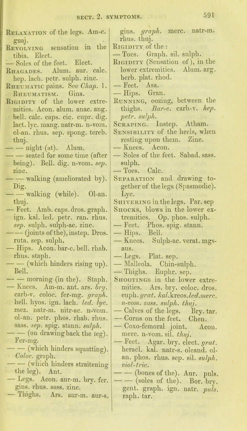 Relaxation of the legs. Ara-c. Revolving sensation in the tibia. Elect. — Soles of the feet. Elect. Rhagades. Alum. aur. calc. hep. lach. petr. sulph. zinc. Rheumatic pains. See Chap. 1. Rheumatism. Gins. Rigidity of the lower extre- mities. Aeon. alum. anac. ang. bell. calc. caps. cic. cupr. dig. lact. lyc. mang. natr-m. n-vom. ol-an. rhus. sep. spong. tereb. thuj. night (at). Alum. seated for some time (after being). Bell. dig. n-vom. sep. zinc. walking (ameliorated by). Dig. walking (while). Ol-an. thuj. — Feet. Amb. caps. dros. graph, ign. kal. led. petr. ran. rhus. sep. sulph. sulph-ac. zinc. (joints of the), instep. Dros. ruta. sep. sulph. — Hips. Aeon, bar-c. bell. rhab. rhus. staph. (which hinders rising up). Bell. morning (in the). Staph. — Knees. Am-m. ant. ars. bry. carb-v. coloc. fer-mg. graph. hell. hyos. ign. lach. led. lye. mez. natr-m. nitr-ac. n-vom. ol-an. petr. phos. rhab. rhus. sass. sep. spig. stann. sulph. (on drawing back the leg). Fer-mg. (which hinders squatting). Coloc. graph. (which hinders straitening the leg). Ant. — Legs. Aeon, aur-m. bry. fer. gins. rhus. sass. zinc. — Thighs. Ars. aur-m. aur-s. gins, graph, mere, natr-m. rhus. thuj. Rigidity, of the : — Toes. Graph, sil. sulph. Rigidity (Sensation of), in the lower extremities. Alum. arg. berb. plat. rhod. — Feet. Asa. — Hips. Gran. Running, oozing, between the thighs. Bar-c. carb-v. hep. petr. sulph. Scraping. Instep. Atham. Sensibility of the heels, when resting upon them. Zinc. — Knees. Aeon. — Soles of the feet. Sabad. sass. sulph. — Toes. Calc. Separation and drawing to- gether of the legs (Spasmodic). Lyc. Shivering in the legs. Par. sep Shocks, blows in the lower ex- tremities. Op. phos. sulph. — Feet. Phos. spig. stann. — Hips. Bell. — Knees. Sulph-ac. verat. mgs- aus. — Legs. Plat. sep. — Malleola. Chin-sulph. — Thighs. Euphr. sep. Shootings in the lower extre- mities. Ars. bry. coloc. dros. euph. grat. /cal.lkreos.led.merc. n-vom. sass. sulph. thuj. — Calves of the legs. Bry. tar. — Corns on the feet. Chen. — Coxo-femoral joint. Aeon, mere, n-vom. sil. thuj. — Feet. Agar. bry. elect, grat. heracl. kal. natr-s. oleand. ol- an. phos. rhus. sep. sil. sulph. viol-tric. (bones of the). Aur. puis. (soles of the). Bor. bry, gent, graph, ign. natr. puis. raph. tar.