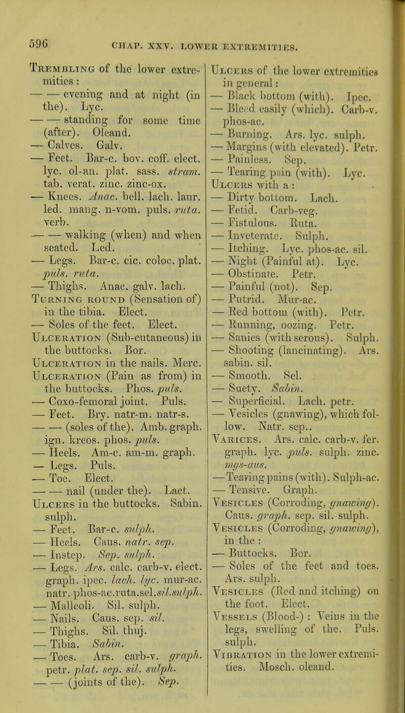 Trembling of the lower extre- mities : evening and at night (in the). Lye. standing for some time (after). Oleand. — Calves. Galv. — Feet. Bar-c. bov. coif, elect, lyc. ol-an. plat. sass. strum. tab. verat. zinc, zinc-ox. — Knees. Anac. bell. lach. lanr. led. mang. n-vom. puis. ruta. verb. -walking (when) and when seated. Led. — Legs. Bar-c. cic. coloc. plat. puis. ruta. — Thighs. Anac. galv. lach. Turning round (Sensation of) in the tibia. Elect. — Soles of the feet. Elect. Ulceration (Sub-cutaneous) in the buttocks. Bor. Ulceration in the nails. Merc. Ulceration (Pain as from) in the buttocks. Phos. puis. — Coxo-femoral joint. Puis. — Feet. Bry. natr-m. natr-s. (soles of the). Amb. graph. ign. kreos. phos. puis. — Heels. Am-c. am-m. graph. — Legs. Puis. — Toe. Elect. nail (under the). Lact. Ulcers in the buttocks. Sabin. sulph. — Feet. Bar-c. sulph. — Heels. Caus. natr. sep. — Instep. Sep. sulph. — Legs. Ars. calc. carb-v. elect, grapb. ipec. lach. lyc. mur-ac. natr. phos-ac.ruta.sqI.sH.suIph. — Malleoli. Sil. sulph. — Nails. Caus. sep. sil. — Thighs. Sil. thuj. — Tibia. Sabin. — Toes. Ars. carb-v. graph. petr. plat. sep. sil. sulph. (joints of the). Sep. Ulcers of the lower extremities in general: — Black bottom (witli). Ipec. — Bleed easily (whicb). Carb-v. pbos-ac. — Burning. Ars. lyc. sulpb. — Margins (with elevated). Petr. — Painless. Sep. — Tearing pain (with). Lyc. Ulcers with a: — Dirty bottom. Lach. — Fetid. Carb-veg. — Fistulous. Ruta. — Inveterate. Sulph. — Itching. Lyc. phos-ac. sil. — Night (Painful at). Lyc. — Obstinate. Petr. — Painful (not). Sep. — Putrid. Mur-ac. — Red bottom (with). Petr. ■— Running, oozing. Petr. — Sanies (with serous). Sulph. — Shooting (lancinating). Ars. sabin. sil. — Smooth. Sel. — Suety. Sabin. — Superficial. Lach. petr. — Vesicles (gnawing), which fol- low. Natr. sep.. Varices. Ars. calc. carb-v. fer. graph, lyc. .puis, sulph. zinc. mgs-aus. —Tearing pains (with). Sulph-ac. — Tensive. Graph. Vesicles (Corroding, gnaioing). Caus. graph, sep. sil. sulph. Vesicles (Corroding:, gnawing), in the : — Buttocks. Bor. — Soles of the feet and toes. Ars. sulph. Vesicles (Red and itching) on the foot. Elect. Vessels (Blood-) : Veins in the legs, swelling of the. Puis. sulph. Vibration in the lower extremi- ties. Mosch. oleand.