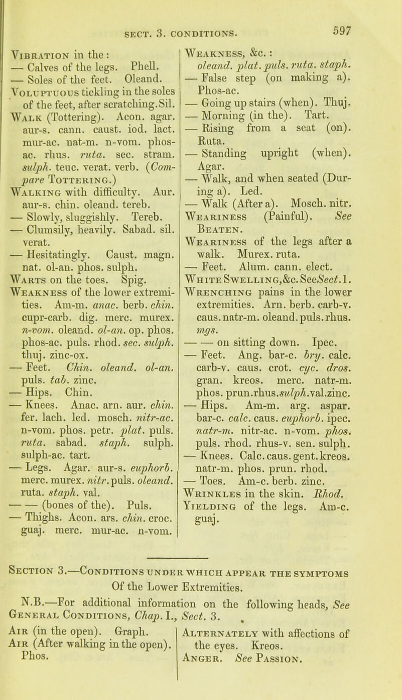Vibration in the: — Calves of the legs. Phell. — Soles of the feet. Oleand. Voluptuous tickling in the soles of the feet, after scratching.Sil. Walk (Tottering). Aeon. agar, aur-s. cann. caust. iod. lact. mnr-ac. nat-m. n-vom. phos- ac. rhus. rut a. sec. stram. sulph. teuc. verat. verb. (Com- pare Tottering.) Walking with difficulty. Aur. aur-s. chin, oleand. tereb. — Slowly, sluggishly. Tereb. — Clumsily, heavily. Sabad. sil. verat. — Hesitatingly. Caust. magn. nat. ol-an. phos. sulph. Warts on the toes. Spig. Weakness of the lower extremi- ties. Am-m. anac. berb. chin. cupr-carb. dig. mere, murex. n-vom. oleand. ol-an. op. phos. phos-ac. puis. rhod. sec. sulph. thuj. zinc-ox. — Feet. Chin, oleand. ol-an. puis. tab. zinc. — Hips. Chin. — Knees. Anac. arn. aur. chin. fer. lach. led. mosch. nitr-ac. n-vom. phos. petr. plat. puis. ruta. sabad. staph, sulph. sulph-ac. tart. — Legs. Agar, aur-s. euphorb. mere, murex. mYr.puls. oleand. ruta. staph, val. (bones of the). Puis. — Thighs. Aeon. ars. chin. croc, guaj. mere, mur-ac. n-vom. Weakness, &c. : oleand. plat. puis. ruta. staph. — False step (on making a). Phos-ac. — Going up stairs (when). Thuj. — Morning (in the). Tart. — Rising from a seat (on). Ruta. — Standing upright (when). Agar. — Walk, and when seated (Dur- ing a). Led. — Walk (After a). Mosch. nitr. Weariness (Painful). See Beaten. Weariness of the legs after a walk. Murex. ruta. — Feet. Alum. cann. elect. White Swelling,&c. SeeSect. 1. Wrenching pains in the lower extremities. Arn. berb. carb-v. caus.natr-m. oleand.puis.rhus. mgs. on sitting down. Ipec. — Feet. Ang. bar-c. brxj. calc. carb-v. caus. crot. eye. dros. gran, kreos. mere, natr-m. phos. prun.rhus.*?<fy?A.val.zinc. — Hips. Am-m. arg. aspar. bar-c. calc. caus. euphorb. ipec. natr-m. nitr-ac. n-vom. phos. puis. rhod. rhus-v. sen. sulph. — Knees. Calc. caus. gent, kreos. natr-m. phos. prun. rhod. — Toes. Am-c. berb. zinc. Wrinkles in the skin. Rhod. Yielding of the legs. Am-c. guaj. Section 3.—Conditions under which appear the symptoms Of the Lower Extremities. N.B.—For additional information on the following heads, See General Conditions, Chap. I., Sect. 3. Air (in the open). Graph. Air (After walking in the open), Phos. Alternately with affections of the eyes. Kreos. Anger. See Passion.