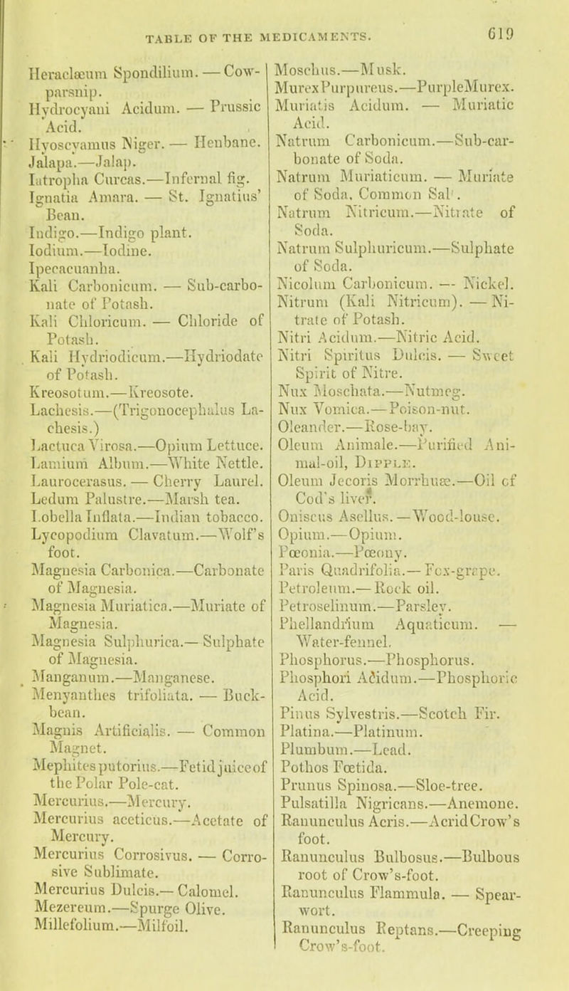CI!) Heraelamm Spondilhun. — Cow- parsnip. Hydrocyani Aciduni. — Pruasic Acid. Ilyoscyamus Niger. — Henbane. Jalapa.—Jalap. Iatropha Curcas.—Infernal fig. Ignatia Amara. — St. Ignatius' Bean. Indigo.—Indigo plant. Iodium.—Iodine. Ipecacuanha. Kali Carbonicum. — Sub-carbo- nate of Potash. Kali Chloricum. — Chloride of Potash. Kali Hydriodicum.—Hydriodate of Potash. Kreosotum.—Kreosote. Lachesis.—(Trigonocephalus La- chesis.) Lactuca Virosa.—Opium Lettuce. Lainium Album.—White Nettle. Laurocerasus. — Cherry Laurel. Ledum Palustre.—Marsh tea. Lobelia Infiata.—Indian tobacco. Lycopodium Clavatum.—Wolf's foot. Magnesia Carbonica.—Carbonate of Magnesia. Magnesia Muriatica.—Muriate of Magnesia. Magnesia Sulphuriea.— Sulphate of Magnesia. M an gan u m.—Manganese. Menyanth.es trifoliata. — Buck- bean. Magnis Artificiahs. — Common Magnet. Mephitesputorius.—Fetid juiceuf the Polar Pole-cat. Mercurius.—Mercury. Mercurius accticus.—Acetate of Mercury. Mercurius Corrosivus. — Corro- sive Sublimate. Mercurius Dulcis.— Calomel. Mezereum.—Spurge Olive. Millefolium.—Milfoil. Moschus.—Musk. MurexPurpureus.—PurpleMurex. Muriatis Acidum. — Muriatic Acid. Nat rum C arbon ic urn.—S ub-car- bonate of Soda. Natrum Muriaticum. — Muriate of Soda, Common Sal . Natrum Nitricum.—Nitiate of Soda. Natrum Sulphuricum.—Sulphate of Soda. Nicolum Carbonicum. — Nickel. Nitrum (Kali Nitricum).—Ni- trate of Potash. Nitri Acidum,—Nitric Acid. Nitri Spiritus Dulcis. — Sweet Spirit of Nitre. Nux Moschata.—Nutmeg. Nux Vomica.—Poison-nut. Oleander.—Rose-hay. Oleum Animale.—Purified Ani- mal-oil, DlPPLE. Oleum Jecoris Morrbuee.—Oil cf Cod's liver. Oniscus Asellus. — Wood-louse. Opium.—Opium. Pceonia.—Pceony. Paris Quadrifolia.— Fox-grape. Petroleum.— Rock oil. Petroselinum.—Parsley. Phellandrium Aquaticum. — Water-fennel. Phosphorus.—Phosphorus. Phosphori Acidum.—Phosphoric Acid. Pin us Syivestris.—Scotch Fir. Platina.—Platinum. Plumbum.—Lead. Pothos Foetida. Prunus Spinosa.—Sloe-tree. Pulsatilla Nigricans.—Anemone. Ranunculus Acris.—Acrid Crow's foot. Ranunculus Bulbosus.—Bulbous root of Crow's-foot. Ranunculus Flammula. — Spear- wort. Ranunculus Reptans.—Creeping Crow's-foot.