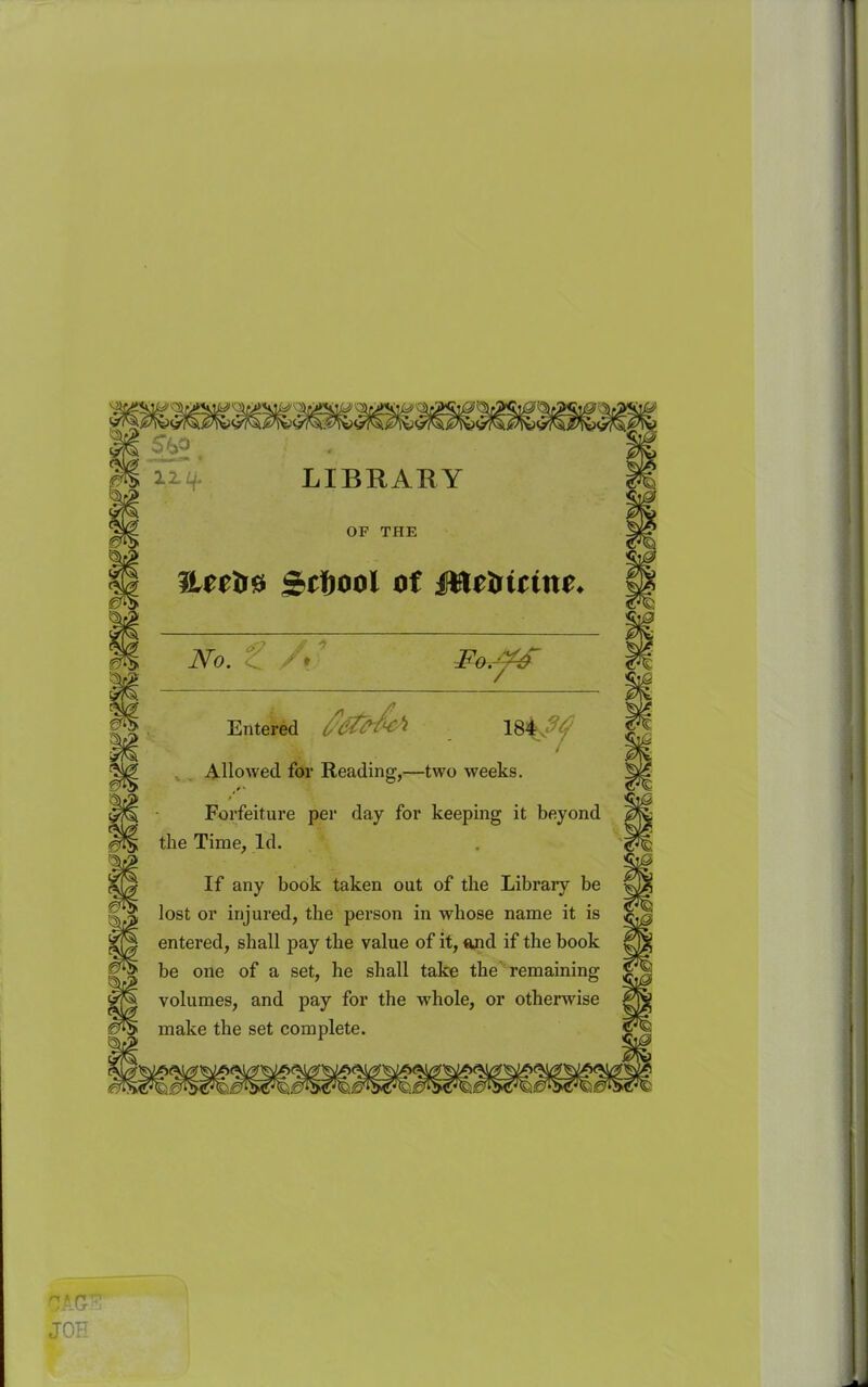 12. Zf LIBRARY OF THE Entered / Allowed for Reading,—two weeks. Forfeiture per day for keeping it beyond the Time, Id. If any book taken out of the Library be lost or injured, the person in whose name it is entered, shall pay the value of it, and if the book be one of a set, he shall take the remaining volumes, and pay for the whole, or otherwise make the set complete.