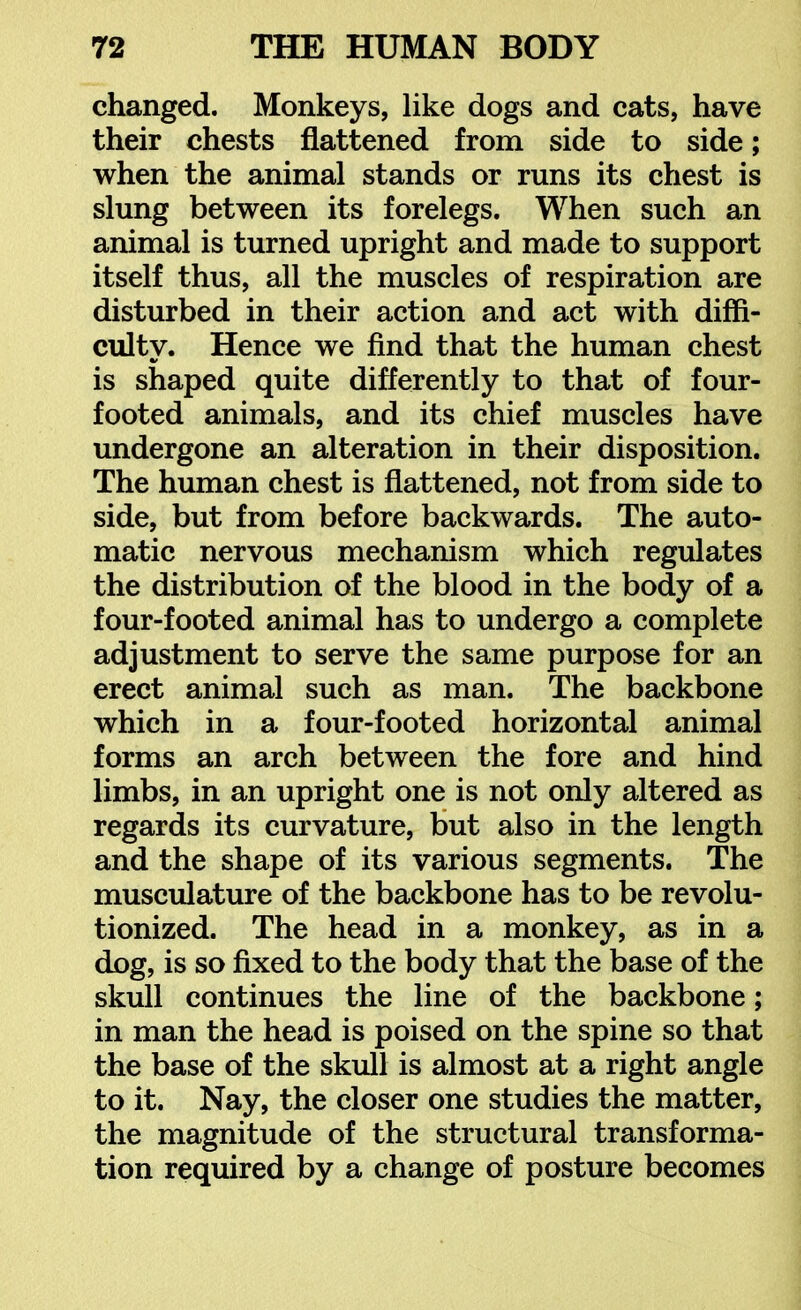 changed. Monkeys, like dogs and cats, have their chests flattened from side to side; when the animal stands or runs its chest is slung between its forelegs. When such an animal is turned upright and made to support itself thus, all the muscles of respiration are disturbed in their action and act with diffi- culty. Hence we find that the human chest is shaped quite differently to that of four- footed animals, and its chief muscles have undergone an alteration in their disposition. The human chest is flattened, not from side to side, but from before backwards. The auto- matic nervous mechanism which regulates the distribution of the blood in the body of a four-footed animal has to undergo a complete adjustment to serve the same purpose for an erect animal such as man. The backbone which in a four-footed horizontal animal forms an arch between the fore and hind limbs, in an upright one is not only altered as regards its curvature, but also in the length and the shape of its various segments. The musculature of the backbone has to be revolu- tionized. The head in a monkey, as in a dog, is so fixed to the body that the base of the skull continues the line of the backbone; in man the head is poised on the spine so that the base of the skull is almost at a right angle to it. Nay, the closer one studies the matter, the magnitude of the structural transforma- tion required by a change of posture becomes