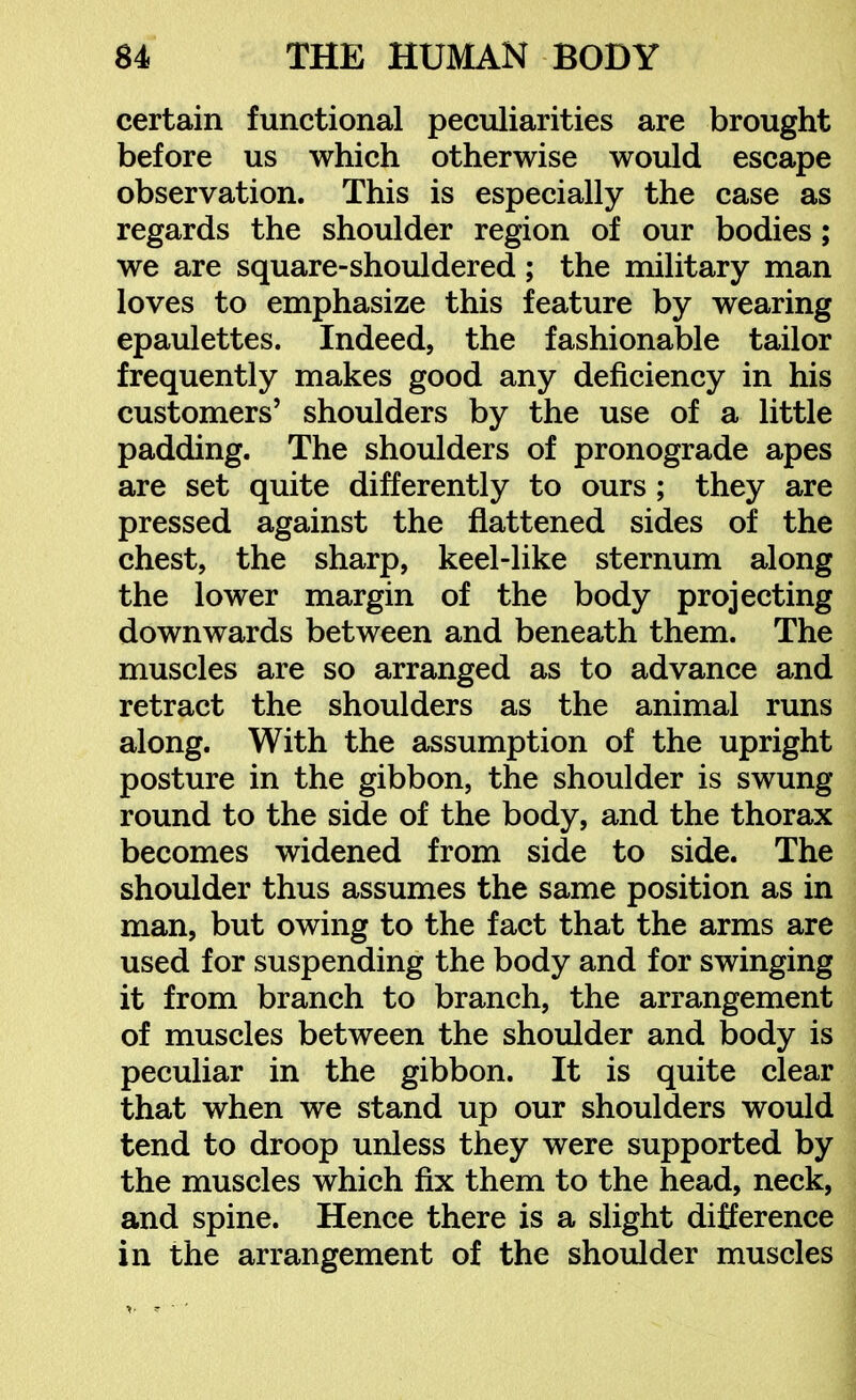 certain functional peculiarities are brought before us which otherwise would escape observation. This is especially the case as regards the shoulder region of our bodies; we are square-shouldered ; the military man loves to emphasize this feature by wearing epaulettes. Indeed, the fashionable tailor frequently makes good any deficiency in his customers' shoulders by the use of a little padding. The shoulders of pronograde apes are set quite differently to ours ; they are pressed against the flattened sides of the chest, the sharp, keel-like sternum along the lower margin of the body projecting downwards between and beneath them. The muscles are so arranged as to advance and retract the shoulders as the animal runs along. With the assumption of the upright posture in the gibbon, the shoulder is swung round to the side of the body, and the thorax becomes widened from side to side. The shoulder thus assumes the same position as in man, but owing to the fact that the arms are used for suspending the body and for swinging it from branch to branch, the arrangement of muscles between the shoulder and body is peculiar in the gibbon. It is quite clear that when we stand up our shoulders would tend to droop unless they were supported by the muscles which fix them to the head, neck, and spine. Hence there is a slight difference in the arrangement of the shoulder muscles