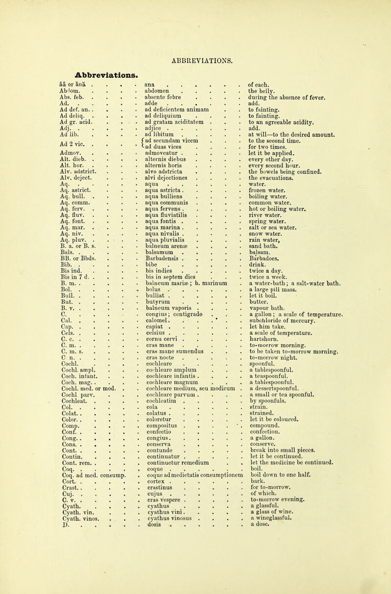 Abbreviations. aa or ana Ab'lom. Abs. feb. Ad. . Ad def. an. Ad deliq. Ad gr. acid Adj. . Ad lib. Ad 2 vie. Admov. Alt. dieb. Alt. hor. Alv. adstrict, Alv. deject, Aq. . Aq. astnet. Aq. bull. Aq. comm. Aq. ferv. Aq. fluv. Aq. font. Aq. mar. Aq. niv. Aq. pluv. B. a. or B. Bals. . BB. or Bbd Bib. . Bis ind. Bis in 7 d. B. m. . Bol. . Bull. . But. . B. v. . C. Cal. . Cap. . Cels. . C. c. . C. m. . C. m. s. C n. . Cochl. Cochl. ampl Coeh. infant Coch. ma^ Cochl. med Cochl pan1 Cochleat. Col. . Colat. . Color. . Comp. Conf. . Cong. . Cons. . Cont. . Contin. Cont. rem Coq. . Coq. ad med Cort. . Crast. . Cuj. . C. v. . Cyath. Cyath. vin. Cyath. vinos. D. . or mod. consump ana abdomen absente febre adde ad deficientem animam ad deliquium ad gratam aciditatem adjice . ad libitum fad secundam vicem <-ad duas vices admoveatur . alternis diebus alternis horis alvo adstricta alvi dejectiones aqua , aqua astricta. aqua bulliens aqua communis aqua fervens. aqua fluviatilis aqua fontis . aqua marina . aqua nivalis . aqua pluvialis balneum arena? balsamum Barbadensis . bibe bis indies bis in septem dies balneum mariee ; b. marinum bolus bulliat . . . butyrum balneum vaporis . congius; centigrade calomel. capiat . Celsius . cornu cervi . eras mane eras mane sumendus eras nocte cochleare cochleare amplum cochleare infantis . cochleare magnum cochleare medium, sou modicum cochleare parvutu cochleatim . cola colatus . coloretur compositus . confectio congius. conserva contunde continuatur . continuetur remedium coque . coque admedietatis consumpt: cortex . crastinus cuj us eras vespere . cyathus cyathus vini. cyathus vinosus dosis of each, the belly. during the absence of fever, add. to fainting, to fainting. to an agreeable acidity, add. at will—to the desired amount. to the second time. for two times. let it be applied. every other day. every second hour. the bowels being confined. the evacuations. water. frozen water, boiling water, common water, hot or boiling water, river water, spring water, salt or sea water, snow water, rain water, sand bath, balsam. Barbadoes. drink. twice a day. twice a week. a water-bath; a salt-water bath. a large pill mass. let it boil. butter. vapour bath. a gallon; a scale of temperature. subchloride of mercury. let him take. a scale of temperature. hartshorn. to-morrow morning. to be taken to-morrow morning. to-morrow night. spoonful. a tablespoonful. a teaspoonful. a tablespoonful. a dessertspoonful. a small or tea spoonful. by spoonfuls. strain. strained. let it be coloured. compound. confection. a gallon. conserve. break into small pieces. let it be continued. let the medicine be continued. boil. boil down to one half, bark. for to-morrow, of which. to-morrow evening, a glassful, a glass of wine, a wineglassfui. a dose.