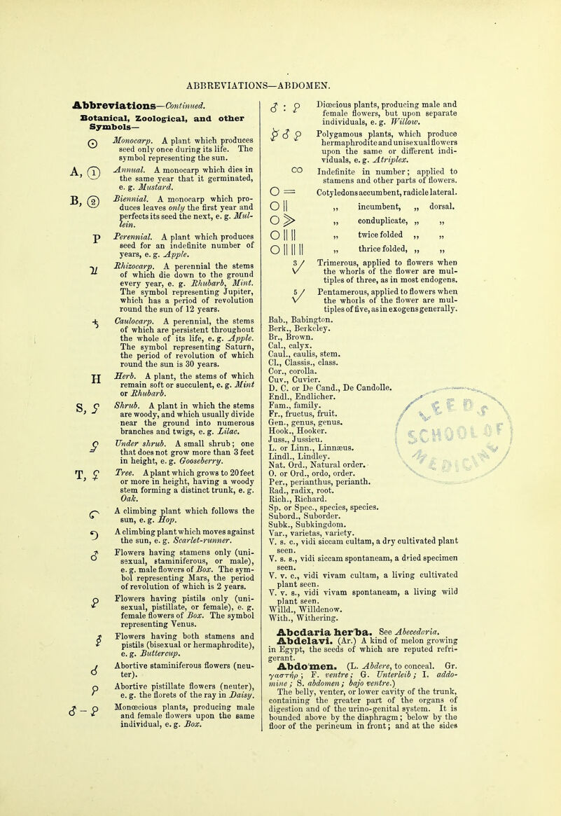 ABBREVIATIONS—ABDOMEN. 11 Abbreviations— Continued. Botanical, Zoological, and otner Symbols— (7\ Monocarp. A plant which produces seed only once during its life. The symbol representing the sun. Annual. A monocarp which dies in ' —' the same year that it germinated, e. g. Mustard. B (IT) Biennial. A monocarp which pro- ' duces leaves only the first year and perfects its seed the next, e. g. Mul- lein. p Perennial. A plant which produces seed for an indefinite number of years, e. g. Apple. Rhizocarp. A perennial the stems of which die down to the ground every year, e. g. Rhubarb, Mint. The symbol representing Jupiter, which has a period of revolution round the sun of 12 years. -fc Caulocarp. A perennial, the stems of which are persistent throughout the whole of its life, e. g. Apple. The symbol representing Saturn, the period of revolution of which round the sun is 30 years. tt Serb. A plant, the stems of which remain soft or succulent, e. g. Mint or Rhubarb. Shrub. A plant in which the stems are woody, and which usually divide near the ground into numerous branches and twigs, e. g. Lilac. Under shrub. A small shrub; one that does not grow more than 3 feet in height, e. g. Gooseberry. Tree. A plant which grows to 20 feet or more in height, having a woody stem forming a distinct trunk, e. g. Oak. s T, $ A climbing plant which follows the sun, e. g. Sop. e~\ A climbing plant which moves against the sun, e. g. Scarlet-runner. Flowers having stamens only (uni- sexual, staminiferous, or male), e. g. male flowers of Box. The sym- bol representing Mars, the period of revolution of which is 2 years. PFlowers having pistils only (uni- sexual, pistillate, or female), e. g. female flowers of Box. The symbol representing Venus. l Flowers having both stamens and * pistils (bisexual or hermaphrodite), e. g. Buttercup. j Abortive staminiferous flowers (neu- O ter). PAbortive pistillate flowers (neuter), e. g. the florets of the ray in Daisy. ■r _ p Monoecious plants, producing male O * and female flowers upon the same individual, e. g. Box. V sc* . p Dioecious plants, producing male and ' female flowers, but upon separate individuals, e. g. Willow. $ p Polygamous plants, which produce hermaphrodite and unisexualflowers upon the same or different indi- viduals, e.g. Atriplex. c<3 Indefinite in number; applied to stamens and other parts of flowers. O = Cotyledons accumbent, radicle lateral. O II incumbent, „ dorsal. O ^> ,, conduplicate, „ „ O || || » twice folded „ „ O || II II » thrice folded, „ Trimerous, applied to flowers when the whorls of the flower are mul- tiples of three, as in most endogens. 5 / Pentamerous, applied to flowers when V the whoils of the flower are mul- tiples of five, as in exogens generally. Bab., Babington. Berk., Berkeley. Br., Brown. Cal., calyx. Caul., caulis, stem. CL, Classis., class. Cor., corolla. Cuv., Cuvier. D. C. or De Cand., De Candolle, Endl., Endlicher. Fam., family. Fr., fruotus, fruit. Gren., genus, genus. Hook., Hooker. Juss., Jussieu. L. or Linn., Linnaeus. Lindl., Lindley. Nat. Ord., Natural order. 0. or Ord., ordo, order. Per., perianthus, perianth. Rad., radix, root. Rich., Richard. Sp. or Spec, species, species. Subord., Suborder. Subk., Sublungdom. Var., varietas, variety. V. s. c, vidi siccam cultam, a dry cultivated plant seen. V. s. s., vidi siccam spontaneam, a dned specimen seen. V. v. c, vidi vivam cultam, a living cultivated plant seen. V. v. s., vidi vivam spontaneam, a living wild plant seen. Willd., Willdenow. With., Withering. Abcdaria lier'ba. See Abecedaria. Abdelavi. (Ar.) A kind of melon growing in Egypt, the seeds of which are reputed refri- gerant. Abdo men. (L. Abdere, to conceal. Gr. yavTYip; F. ventre; G. TJnterleib; I. addo- mine ; S. abdomen ; bajo ventre.) The belly, venter, or lower cavity of the trunk, containing the greater part of the organs of digestion and of the urino-genital system. It is hounded above by the diaphragm; below by the floor of the perineum in front; and at the sides
