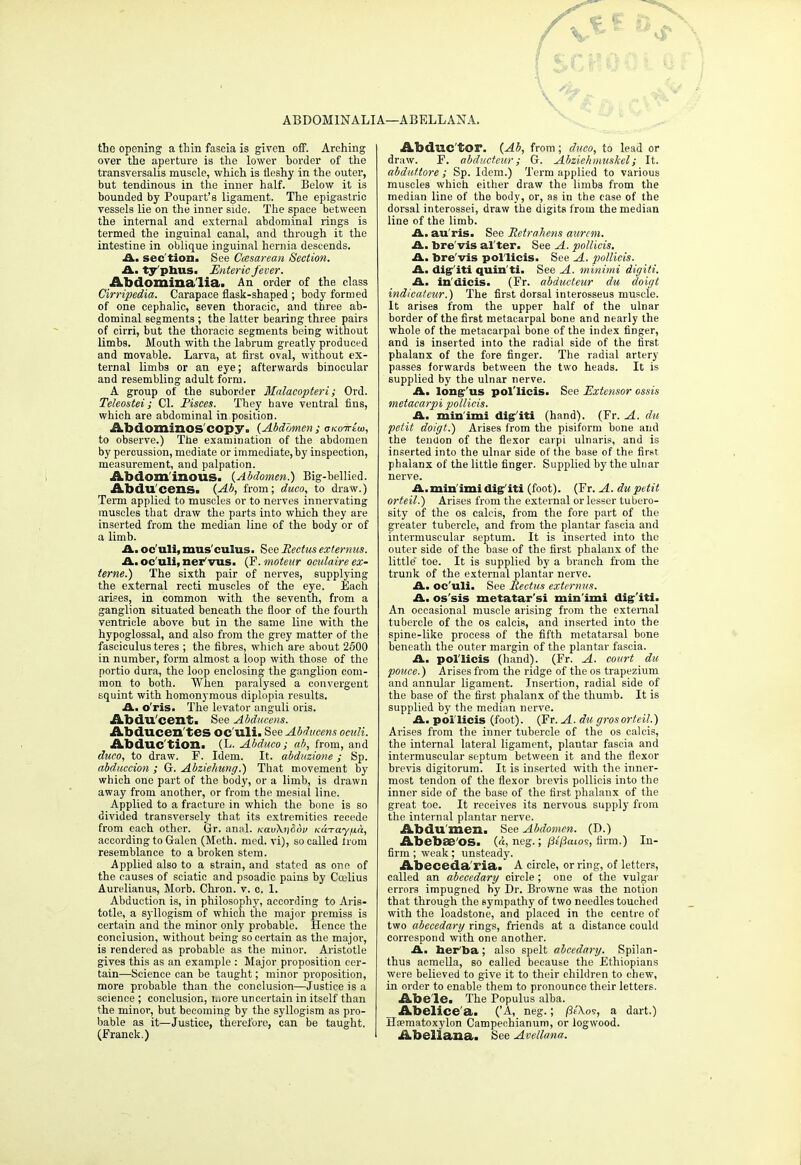 ABDOMINALIA—ABELLAN.J the opening a thin fascia is given off. Arching over the aperture is the lower horder of the transversalis muscle, which is fleshy in the outer, but tendinous in the inner half. Below it is bounded by Poupart's ligament. The epigastric vessels lie on the inner side. The space between the internal and external abdominal rings is termed the inguinal canal, and through it the intestine in oblique inguinal hernia descends. A. sec'tion. See Cccsarean Section. A. typhus. Enteric fever. Abdomina lia. An order of the class Cirripedia. Carapace flask-shaped ; hody formed of one cephalic, seven thoracic, and three ab- dominal segments ; the latter bearing three pairs of cirri, but the thoracic segments being without limbs. Mouth with the labrum greatly produced and movable. Larva, at first oval, without ex- ternal limbs or an eye; afterwards binocular and resembling adult form. A group of the suborder Malacopteri; Ord. Teleostei; CI. Pisces. They have ventral fins, which are abdominal in position. Abdominos copy. {Abdomen ; aKoirtw, to observe.) The examination of the abdomen by percussion, mediate or immediate, by inspection, measurement, and palpation. Abdominous. {Abdomen.) Big-bellied. Abdu'ceilS. {Ab, from; duco, to draw.) Term applied to muscles or to nerves innervating muscles that draw the parts into which they are inserted from the median line of the body or of a limb. A. oc'uli, mas' cuius. See Rectus externus. A. oculi, ner'vus. (F.moteur oculaireex- terne.) The sixth pair of nerves, supplying the external recti muscles of the eye. Each arises, in common with the seventh, from a ganglion situated beneath the floor of the fourth ventricle above but in the same line with the hypoglossal, and also from the grey matter of the fasciculus teres ; the fibres, which are about 2500 in number, form almost a loop with those of the portio dura, the loop enclosing the ganglion com- mon to both. When paralysed a convergent squint with homonymous diplopia results. A. o'ris. The levator anguli oris. Abducent. See Abducens. Abducen'tes OC'uli. See Abducens oculi. AbdUC'tion. (L. Abduco; ab, from, and duco, to draw. P. Idem. It. abduzione j Sp. abduction ; G. Abziehung.) That movement by which one part of the body, or a limb, is drawn away from another, or from the mesial line. Applied to a fracture in which the bone is so divided transversely that its extremities recede from each other. Gr. anal. KavXnSuu KUTay/xa, according to Galen (Meth. med. vi), so called trom resemblance to a broken stem. Applied also to a strain, and stated as one of the causes of sciatic and psoadie pains by Ccelius Aurelianus, Morb. Chron. v. e. 1. Abduction is, in philosophy, according to Aris- totle, a syllogism of which the major premiss is certain and the minor only pi-obable. Hence the conclusion, without being so certain as the major, is rendered as probable as the minor. Aristotle gives this as an example : Major proposition cer- tain—Science can be taught; minor proposition, more probable than the conclusion—Justice is a science ; conclusion, i.iore uncertain in itself than the minor, but becoming by the syllogism as pro- bable as it—Justice, therefore, can be taught. (Pranck.) Abduc'tor. {Ab, from; duco, to lead or draw. P. abducteur; G. Abzie/imuskel; It. abduttore ; Sp. Idem.) Term applied to various muscles which either draw the limbs from the median line of the body, or, as in the case of the dorsal interossei, draw the digits from the median line of the limb. A. au'ris. See RetraJiens aurem. A. bre'vis al'ter. See A. pollicis. A. bre'vis pollicis. See A. pollicis. A. dig iti quin'ti. See A. minimi digiti. A. in'dicis. (Fr. abducteur du doigt indicateur.) The first dorsal interosseus muscle. It arises from the upper half of the ulnar border of the first metacarpal bone and nearly the whole of the metacarpal bone of the index finger, and is inserted into the radial side of the first phalanx of the fore finger. The radial artery passes forwards between the two heads. It is supplied by the ulnar nerve. A. long'us pol'licis. See Extensor ossis metacarpi pollicis. A. min'imi dig iti (hand). (Fr. A. du petit doigt.) Arises from the pisiform bone and the tendon of the flexor carpi ulnaris, and is inserted into the ulnar side of the base of the first phalanx of the little finger. Supplied by the ulnar nerve. A. min'imi dig' iti (foot). (Fr. A. du petit orteil.) Arises from the external or lesser tubero- sity of the os calcis, from the fore part of the greater tubercle, and from the plantar fascia and intermuscular septum. It is inserted into the outer side of the base of the first phalanx of the little toe. It is supplied by a branch from the trunk of the external plantar nerve. A. oc'uli. See Rectus externus. A. os'sis metatar'si min'imi dig'iti. An occasional muscle arising from the external tubercle of the os calcis, and inserted into the spine-like process of the fifth metatarsal bone beneath the outer margin of the plantar fascia. A. pol'licis (hand). (Fr. A. court du ponce.) Arises from the ridge of the os trapezium and annular ligament. Insertion, radial side of the base of the first phalanx of the thumb. It is supplied by the median nerve. A. pol'licis (foot). (Fr. A. du grosorteil.) Arises from the inner tubercle of the os calcis, the internal lateral ligament, plantar fascia and intermuscular septum between it and the flexor brevis digitorum. It is inserted with the inner- most tendon of the flexor brevis pollicis into the inner side of the base of the first phalanx of the great toe. It receives its nervous supply from the internal plantar nerve. Abdu'men. See Abdomen. (D.) Abebse os. {&, neg.; j3t'|8aios, firm.) In- firm ; weak; unsteady. Abeceda'ria. A circle, or ring, of letters, called an abecedary circle; one of the vulgar errors impugned by Dr. Browne was the notion that through the sympathy of two needles touched with the loadstone, and placed in the centre of two abecedary rings, friends at a distance could correspond with one another. A. her'ba; also spelt abcedary. Spilan- thus acmella, so called because the Ethiopians were believed to give it to their children to chew, in order to enable them to pronounce their letters. Abe'le. The Populus alba. Abelice a. ('A, neg.; fiikos, a dart.) Hoematoxylon Campechianum, or logwood. Abellana. See Avellana.