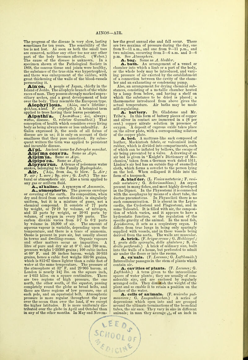AINOS—AIR. The progress of the disease is very slow, lasting sometimes for ten years. The sensibility of the toe is not lost. As soon as both the small toes are removed, neither any other toe nor any other part of the body becomes affected. (Weber.) The cause of the disease is unknown. In a specimen shown at the Pathological Society in 1868, the osseous tissue and joints were healthy, the substance of the true skin was hypertrophied, and there was enlargement of the calibre, with great thickening of the walls of the blood-vessels permeating it. Ain'OS. A people of Japan, chiefly in the Island of Jeddo. The allophyle branch of the white races of man. They possess strongly mai-ked supra- ciliary arches, and a great development of hair over the body. They resemble the European type. Aiophyl'lous. (Aiwv, one's lifetime ; <f>vX\ov, a leaf. P. aiophglle.) A botanical term applied to trees having their leaves persistent. Aipathi'a. ('AtiiradEia.; dii, always; irddoi, disease. G. relative Gesundheit.) That conception of health which considers every living body as being always more or less unhealthy. As Galen expressed it, the seeds of all forms of disease are in us; it is only on account of their smallness that they pass unnoticed. By subse- quent writers the term was applied to persistent and incurable disease. Ai'pi. Ancient name for• Jatropha manihot. Aipi'ma coxe'ra. Same as Aipi. Aipim'ia. Same as Aipi. Aipipo'ca. Same as Aipi. Aipysu'rus. A Genus of poisonous water snakes, belonging to the Family Bydrophida. Air. ('Ai5|0, from aw, to blow. L. Aer; F. air; I. aere ; Sp. aire ; G. Luft.) The na- tural or atmospheric air. Also a term applied to any gas or aeriform fluid. A., alkaline. A synonym of Ammonia. A., atmospheric. The gaseous envelope or covering of the earth. Its composition, when dry and freed from carbon dioxide, is singularly uniform, but it is a mixture of gases, not a chemical compound. It consists of 77 parts by weight, or 79'19 by volume, of nitrogen, and 23 parts by weight, or 20-81 parts by volume, of oxygen in every 100 parts. The carbon dioxide varies from 37 to 6-2 parts by volume in 10,000 of air. The amount of aqueous vapour is variable, depending upon the temperature, and there is a trace of ammonia. Ozone is present in pure air, but usually absent in towns and dwelling-rooms. Organic vapours and other matters occur as impurities. A litre of pure and dry air at 0° C. and 760 mm. pressure weighs 1-29366 grains ; 100 cubic inches at 60° F. and 30 inches barom. weigh 30-93.') grains, hence a cubic foot weighs 536-96 grains, which is 813-67 times lighter than a cubic foot of water at the same temperature. The pressure of the atmosphere at 32° F. and 29-905 barom. at London is nearly 14| lbs. on the square inch, or 1-033 kilos, on a square centimetre. There are two regions of high pressure, the one north, the other south, of the equator, passing completely round the globe as broad belts, and there are three regions of low pressure, one at each pole, and an equatorial belt. Atmospheric pressure is more regular .hroughout the year over the ocean than over the land, if we except the higher latitudes. It is more uniformly dis- tributed over the globe in April and October than in any of the other months. In May and Novem- ber the great annual rise and fall occur. There are two maxima of pressure during the day, one from 9—11 a.m., and one from 9—11 p.m., and two minima, occurring from 3—6 a.m. and 3—6 p.m. See Atmosphere. A. bag. Same as A. bladder. A. hath. An arrangement of a vessel or chamber into which a limb or a part of the body, or the whole body may be introduced, and var}-- ing pressure of air exerted by the establishment of a connection between the cavity of the cham- ber and an exhausting or condensing pump. Also, an arrangement for drying chemical sub- stances, consisting of a metallic chamber heated by a lamp from below, and having a shelf on which the substance to be dried is placed; a thermometer introduced from above gives the actual temperature. Air baths may be made self-regulating. A. bat'tery. Dr. Gladstone and Mr. Tribe's. In this form of battery pieces of copper and silver in contact are immersed in a (6 per cent.) copper nitrate solution in presence of oxygen. A deposit of cuprous oxide takes place on the silver plate, with a corresponding solution of the copper plate. A. bed. A mattrass-like sack composed of leather, Mackintosh fabric, or vulcanised india rubber, which is divided into compartments, each of which can be inflated by bellows, the escape of air being prevented by a valve. A drawing of an air bed is given in ' Knight's Dictionary of Me- chanics,' taken from a German work dated 1511. Linden's air bed has an outside flap of enamelled cloth, which forms a coverlet to the person lying on the bed. When collapsed it folds into the form of a knapsack. A. blad der. (L. Vesica natatoria ; F.vesi- cule natatoire; G. Schivimmblase.) An organ present in many fishes, and most highly developed in the Dipnoi. In the Physostomi it is connected with the oesophagus by means of a short tube, the ductus pneumaticus. In Physoclisti there is no such communication. It is absent in the Lepto- cardia, the Cyclostomi and Plagiostomi, and in some Teleostei. It is filled with air, the composi- tion of which varies, and it appears to have a hydrostatic function, or the regulation of the specific gravity of the animal. In the mud fish, Zepidosiren, it acts as a respiratory organ. It differs from true lungs in being only sparingly supplied with vessels, and in these vessels being derived from the aorta. The walls are muscular. A. brick. (F. brique crcuse ; G. Bohlziegel; I. grato dello spiraglio, della sfialatoro; S. la- drillo perforado.) A briek of ordinary size, built into the walls of a house, but perforated to admit air under the floors or into the rooms. A. ca'nals. (F. Lacunes; G. Luftkanale.) Intercellular passages in the stem of plants which contain air. A. cavities of plants. (F. lacunes ; G. Lufthohle.) A term given to the intercellular spaces of water plants ; they are usually of con- siderable size, and are enclosed by regularly arranged cells. They diminish the weight of the plant and so enable it to retain a position on the surface of the water. A. cells of animals. (F. vesicules pul- monaires; G. Lungenblaschen.) A series of depressions which open into and are grouped around the ultimate terminations of the bronchial tubes, the air sacs. They vary in size in different animals; in man they average ^ of an inch in -%»<>Oi or