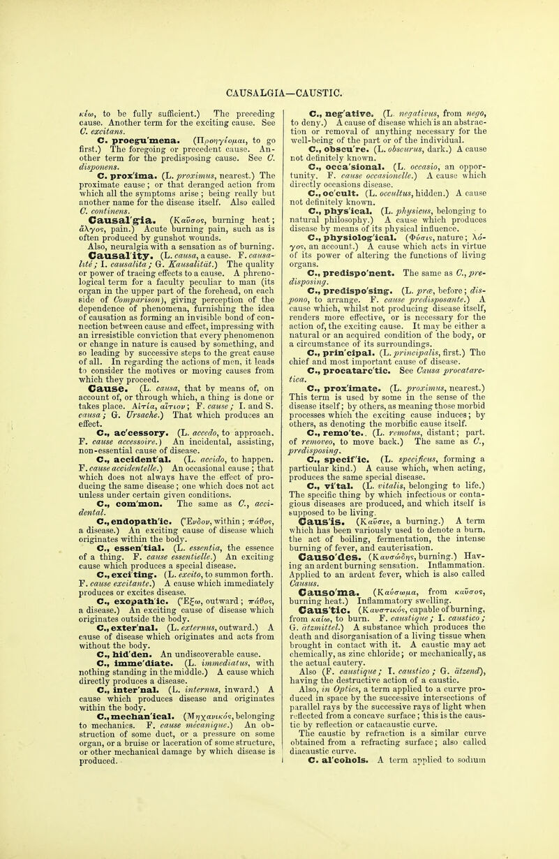CAUSALGIA—CAUSTIC. k-e'o), to be full}' sufficient.) The preceding; cause. Another term for the exciting cause. See ft excitans. C. proegru'mena. (Ilpoiiyio/uai, to go first.) The foregoing or precedent cause. An- other term for the predisposing cause. See ft disponens. C. proxlma. (L. proximus, nearest.) The proximate cause; or that deranged action from which all the symptoms arise ; being really but another name for the disease itself. Also called ft continens. Causal'gia. (Kauoos, burning heat; aXyos, pain.) Acute burning pain, such as is often produced by gunshot wounds. Also, neuralgia with a sensation as of burning. Causal'ity. (L. causa, a cause. F. causa- hte ; I. causalita ; G. Kausalitat.) The quality or power of tracing effects to a cause. A phreno- logical term for a faculty peculiar to man (its organ in the upper part of the forehead, on each side of Comparison), giving perception of the dependence of phenomena, furnishing the idea of causation as forming an invisible bond of con- nection between cause and effect, impressing with an irresistible conviction that every phenomenon or change in nature is caused by something, and so leading by successive steps to the great cause of all. In regarding the actions of men, it leads to consider the motives or moving causes from which they proceed. Cause. (L. causa, that by means of, on account of, or through which, a thing is done or takes place. AWia, ai-riov; F. cause; I. and S. causa; G. Ursaehe.) That which produces an effect. Cm, ac'cessory. (L. accedo, to approach. F. cause accessoire.) An incidental, assisting, non-essential cause of disease. Cm, accidental. (L. accido, to happen. F. cause aceidentelle.) An occasional cause ; that which does not always have the effect of pro- ducing the same disease; one which does not act unless under certain given conditions. C, common. The same as ft, acci- dental. Cm, endopathlc. (EvcW, within; iraflos, a disease.) An exciting cause of disease which originates within the body. C, essen'tial. (L. essentia, the essence of a thing. F. cause essentielle.) An exciting cause which produces a special disease. C, exciting. (L. excito, to summon forth. F. cause excitante.) A cause which immediately produces or excites disease. C, exopath'ic- (E£a>, outward ; iraQoi, a disease.) An exciting cause of disease which originates outside the body. C, exter nal. (L. externus, outward.) A cause of disease which originates and acts from without the body. C, bid'den. An undiscoverable cause. C, imme'diate. (L. immediatus, with nothing standing in the middle.) A cause which directly produces a disease. C, inter'nal. (L. internus, inward.) A cause which produces disease and originates within the body. C, mechanical. (Mtixav<6s, belonging to mechanics. F. cause mecanique.) An ob- struction of some duct, or a pressure on some organ, or a bruise or laceration of some structure, or other mechanical damage by which disease is produced. C, neg'ative. (L. negativus, from nego, to deny.) A cause of disease whichis an abstrac- tion or removal of anything necessary for the well-being of the part or of the individual. C, obscu're. (L. obscurus, dark.) A cause not definitely known. Cm, occa'sional- (L. occasio, an oppor- tunity. F. cause occasionclle.) A cause which directly occasions disease. C, oc'cult. (L. occultus, hidden.) A cause not definitely known. Cm, physical. (L. phgsicus, belonging to natural philosophy.) A cause which produces disease by means of its physical influence. C, physiological. (<t>u<ris, nature; \6- •yos, an account.) A cause which acts in virtue of its power of altering the functions of living organs. C, predispo'nent. The same as C,pre- disposing. C, predisposing-. (L. pra, before; dis- pono, to arrange. F. cause predisposa/ite.) A cause which, whilst not producing disease itself, renders more effective, or is necessary for the action of, the exciting cause. It may be either a natural or an acquired condition of the body, or a circumstance of its surroundings. C, prin'cipal. (L. principalis, first.) The chief and most important cause of disease. C, procatarc'tic. See Causa procatarc- tica. C, proximate. (L. proximus, nearest.) This term is used by some in the sense of the disease itself; by others, as meaning those morbid processes which the exciting cause induces; by others, as denoting the morbific cause itself. C, remote.. (L. remotus, distant; part, of removeo, to move back.) The same as ft, predisposing. C, specific. (L. specificus, forming a particular kind.) A cause which, when acting, produces the same special disease. Cm, vital. (L. vitalis, belonging to life.) The specific thing by which infectious or conta- gious diseases are produced, and which itself is supposed to be living. Caus'is. (K«5o-is, a burning.) A term which has been variously used to denote a burn, the act of boiling, fermentation, the intense burning of fever, and cauterisation. CauSO'deS. (Kavcrw&iis, burning.) Hav- ing an ardent burning sensation. Inflammation. Applied to an ardent fever, which is also called Causus. C AVISO ITia. (Kauo-w/ia, from Kautros, burning heat.) Inflammatory swelling. Caus'tic. (Kavo-TiK-os, capable of burning, from Kaioi, to bum. F. caustique ; I. caustico ; G. atzmittel.) A substance which produces the death and disorganisation of a living tissue when brought in contact with it. A caustic may aot chemically, as zinc chloride; or mechanically, as the actual cautery. Also (F. caustique; I. caustico ; G. atzend), having the destructive action of a caustic. Also, in Optics, a term applied to a curve pro- duced in space by the successive intersections of parallel rays by the successive rays of light when reflected from a concave surface; this is the caus- tic by reflection or catacaustic curve. The caustic by refraction is a similar curve obtained from a refracting surface; also called diacaustic curve. I C. al'cohols. A term applied to sodium