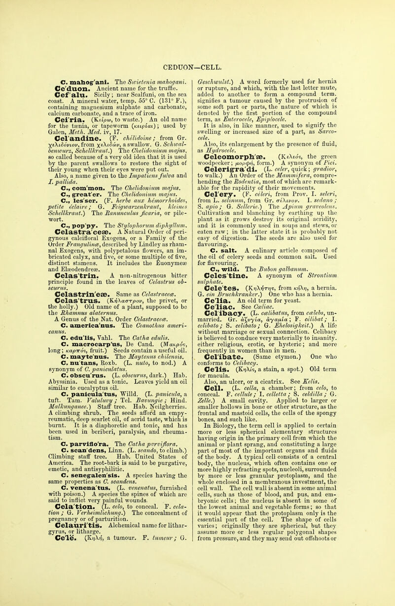 CEDUON—CELL. C. mahog'ani. The Swietenia mahogani. Ce'duon. Ancient name for the truffle. Cef'alu. Sicily; near Scalfuni, on the sea coast. A mineral water, temp. 55° C. (131° F.), containing magnesium sulphate and carbonate, calcium carbonate, and a trace of iron. Cei'ria. (Ktipw, to waste.) An old name for the taenia, or tapeworm (Ktipiai); used by Galen, Meth. Med. iv, 17. Cel andine. (F. chelidoine ; from Gr. -Xt\L&6vwv, from x£Ai5a>i>, a swallow. G. Schwal- benwurz, Schellkraut.) The Clielidonium majus, so called because of a very old idea that it is used by the parent swallows to restore the sight of their young when their eyes were put out. Also, a name given to the Impaticns fulva and I. pallida. C, com'mon. The Clielidonium majus. C, greater. The Clielidonium majus. C, les'ser. (F. herbe anx hemorrhoids; petite eelaire ; G. Feigwarzenkraut, kleinis Schellkraut.) The Ranunculus Jicaria, or pile- wort. Cm, pop'py. The Stylophorum diphyllum. Celastra'ceSS. A Natural Order of peri- gynous calcifloral Exogens, or a Family of the Order Erangulince, described by Lindley as rham- nal Exogens, with nolypetalous flowers, an im- bricated calyx, and Ave, or some multiple of five, distinct stamens. It includes the Euonymese and Elaaodendrese. Celas'trin. A non-nitrogenous bitter principle found in the leaves of Celastrus ob- scurus. Celastrin'ese. Same as Celastracem. Celas'trus. (KvXacrTpov, the privet, or the holly.) Old name of a plant, supposed to be the Rhamnus alaternus. A Genus of the Nat. Order Celastracece. C. america'nus. The Ceanothus ameri- canus. C. edu'lis, Vahl. The Catha edulis. C. macrocarp'us, De Cand. (Mahpo's, long; Kapiroi, fruit.) Seeds contain a useful oil. C. mayte'nus. The Maytenus chilensis. C. nu tans, Roxb. (L. nuto, to nod.) A synonym of G. paniculatus. C. obscu'rus. (L. obscurus, dark.) Hab. Abyssinia. Used as a tonic. Leaves yield an oil similar to eucalyptus oil. C. panicula tus, Willd. (L. panicula, a tuft. Tam. Valuluvy; Tel. Bavungie ; Hind. Mallcunganee.) Staff tree. Hab. Neilgherries. A climbing shrub. The seeds afford an empy- reumatic, deep scarlet oil, of acrid taste, which is burnt. It is a diaphoretic and tonic, and has been used in beriberi, paralysis, and rheuma- tism. C. parviflo'ra. The Catha parviflora. C. scan'dens, Linn. (L. scando, to climb.) Climbing staff tree. Hab. United States of America. The root-bark is said to be purgative, emetic, and antisyphilitic. C. seneg-alen'sis. A species having the same properties as C. scandens. C. venena'tus. (L. venenatus, furnished with poison.) A species the spines of which are said to inflict very painful wounds. Cela'tion. (L. celo, to conceal. F. cela- tion ; G. Verheimhchung.) The concealment of pregnancy or of parturition. Celauri'tis. Alchemical name for lithar- gyrus, or litharge. Cele. (Ki)\)j, a tumour. F. tumeur; G. Geschwulst.) A word formerly used for hernia or rupture, and which, with the last letter mute, added to another to form a compound term, signifies a tumour caused by the protrusion of some soft part or parts, the nature of which is denoted by the first portion of the compound term, as Enterocele, Epiplocele. It is also, in like manner, used to signify the swelling or increased size of a part, as Sarco- cele. Also, its enlargement by the presence of fluid, as Hydrocele. Celeomorph'se. (KeAeo's, the green woodpecker; p.opcpn, form.) A synonym of Pici. Celerigxa'di. (L. celer, quick; gradior, to walk.) An Order of the Mammifera, compre- hending the Rodentia, most of which are remark- able for the rapidity of their movements. Cel'ery. (F. celeri, from Prov. I. seleri, from L. selinum, from Gr. aiXivou. I. sedano ; S. apio; G. Sellerie.) The Apium graveolens. Cultivation and blanching by earthing up the plant as it grows destroy its original acridity, and it is commonly used in soups and stews, or eaten raw; in the latter state it is probably not easy of digestion. The seeds are also used for flavouring. C. salt. A culinary article composed of the oil of celery seeds and common salt. Used for flavouring. C, wild. The Bubon galbanwm. Celes'tine. A synonym of Strontium sulphate. Cele'tes. (KjiXjjtiis, from /o;A>), a hernia. G. ein Bruchkr anker.) One who has a hernia. Ce'lia. An old term for yeast. Celiac. See Cceliac. Cel ibacy. (L. ccelibatus, from ccelebs, un- married. Gr. aXjiyia, ayap.ia\ F. celibat; I. eelibato; S. celibato ; G. Ehelosigkeit.) A life without marriage or sexual connection. Celibacy is believed to conduce very materially to insanity, either religious, erotic, or hysteric; and more frequently in women than in men. Celibate. (Same etymon.) One who conforms to Celibacy. Celis. (KrjXis, a stain, a spot.) Old term for macula. Also, an ulcer, or a cicatrix. See JTelis. Cell. (L. cella, a chamber; from celo, to conceal. F. cellule; I. celletta; S. celdilla ; G. Zelle.) A small cavity. Applied to larger or smaller hollows in bone or other structure, as the frontal and mastoid cells, the cells of the spongy bones, and such like. In Biology, the term cell is applied to certain more or less spherical elementary structures having origin in the primary cell from which the animal or plant sprang, and constituting a large part of most of the important organs and fluids of the body. A typical cell consists of a central body, the nucleus, which often contains one or more highly refracting spots, nucleoli, surrounded by more or less granular protoplasm, and the whole enclosed in a membranous investment, the cell wall. The cell wall is absent in some animal cells, such as those of blood, and pus, and em- bryonic cells; the nucleus is absent in some of the lowest animal and vegetable forms; so that it would appear that the protoplasm only is the essential part of the cell. The shape of cells varies; originally they are spherical, but they assume more or less regular polygonal shapes from pressure, and they may send out offshoots or