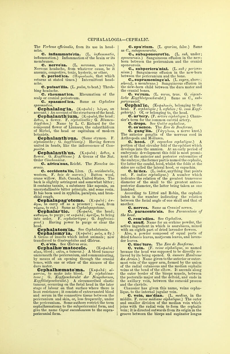 CEPHALALOGIA—CEPHALIC. The Verbena officinalis, from its use in head- ache. C. inflammato'ria. (L. injiammatio, inflammation.) Inflammation of the brain or its membranes. C. nervo'sa. (L. nervosus, nervous.) Nervous headache, from whatever cause, be it anaemic, congestive, toxic, hysteric, or other. C. periodica. (TlipioSiKos, that which returns at stated times.) Intermittent head- ache. C. pulsat'ilis. (L. pulso, to beat.) Throb- bing headache. C. rheumatica. Rheumatism of the scalp or cranial periosteum. C. spasmod'ica. Same as Cephalcea spasmodica. Cephalalog'ia. (KecpaXv; Xo'yos, an account.) An account of the structures of the head. Cephalanthium. (Kt<pa\v,the head; ai/6os, a flower. F. cephalanthe; G. Blumen- kopfchen.) Name by L. C. Richard for the compound flower of Linnasus, the calanthidium of Mirbel, the head or capitulum of modern botanists. Cephalanth'OUS. (Same etymon. P. cephalanthe; G. kopfbliimig.) Having flowers united in heads, like the inflorescence of Com- posite. Cephalanth'us. (KzcpaXri; &vdo?, a flower. G. Kopfblume.) A Genus of the Nat. Order Cinchonacece. C. africa'nus, Reicht. The Nauclea in- ermis. C. occidentals, Linn. (L. occidentalism western. F. bois de marais.) Button wood, crane willow. Hab. Canada, United States. The bark is slightly astringent and somewhat bitter; it contains tannin, a substance like saponin, an uncrystallisable bitter principle, and some resin. It has been used in syphilis, paralysis, and bron- chial cough. Cephalapag-'otome. (Kz<t>a\ri; &w- &yu>, to carry off as a prisoner; to/i^, from Ttfivw, to cut.) Same as Cephalopagotome. Cephalar'tic. (Kt<pa\v, the head; Kudaipu), to purge ; or KtrpaXn ; apTiT,w, to bring into order. F. cephalartique; G. kopfreini- ffend.) Having power to purge or clear the head. Cephalatom'ia. See Cephalotomia. Cephalemy'ia. (Kt^aX./); fivta, a fly.) A Genus of insects which infest animals; now transferred to Gastrophihis and (Estrus. C. o'vis. See (Estrus ovis. Cephalhae'matocele. (Kf./,«,\,;; al/ia, blood ; kv\v, a tumour.) A blood tumour underneath the pericranium, and communicating, by means of an opening through the cranial bones, with one or other of the sinuses of the dura mater. Cephalhematoma. (KffAii; «l- juaxou), to make into blood. F. ce'phale'ma- tome; G. Kopfgeschwulst der Neugebornen, Kopfblutgeschwulst.) A circumscribed elastic tumour, occurring on the foetal head in the later stage of labour on that surface where there is least resistance ; it consists of extravasated blood and serum in the connective tissue between the pericranium and skin, or, less frequently, under the pericranium. Some authors restrict the term cephalhematoma to the subpericranial form, and give the name Caput succedaneum to the supra- pericranial form. C. spu'rium. (L. spicrius, false.) Same as ft, subaponeurotic. C, subaponeurotic. (L. sub, under; aponeurosis.) Sanguineous effusion in the new- born between the pericranium and the cranial aponeurosis. C, subpericra'nial. (L. sub ; pericra- nium.') Sanguineous effusion in the new-born between the pericranium and the bone. C, supramening-e'al, (L. supra, above; fitjviyjZ, a membrane.) Sanguineous effusion in the new-born child between the dura mater and the cranial bones. C. ve'rum. (L. verus, true. G. eigent- liche Kopfblutgeschwulst.) Same as ft, sub- pericranial. Cephal'ic. (KetpaXtKos, belonging to the head. F. cephalique ; I. cefalico ; G. zum Kopf- gehbrig.) Of, or belonging to, the head. C. ar'tery. (F. artere cephalique.) Chaus- sier's term for the common carotid artery. C. drops. See Outtfc cephaliccs. C. es'sence. The Eau de Bonferme. C. gangr'lia. (YayyXiov, a nerve knot.) The anterior ganglia of the nervous cord in Arthropoda and Mollusca. C. bood. (F. eapuchon cephalique.) A portion of that circular fold of the epiblast which develops into the amnion. At an early period of embryonic development this fold is most promi- nent at the anterior and posterior extremities of the embryo; the former part is named the cephalic, the latter the caudal, hood, whilst the folds at the sides are called the lateral hood, or capuchin. C. in'dex. (L. index, anything that points out. F. indice cephalique.) A number which indicates the relation of the greatest transverse diameter of the skull to the greatest antero- posterior diameter, the latter being taken as one hundred. According to Littre and Robin, the cephalic index is the number indicating the relation between the facial angle of one skull and that of another. C. nerves. Same as Cranial nerves. C. paracente'sis. See Paracentesis of the head. C. rem'edies. See Cephalica. C. snuff. Name for an errhine powder, the active ingredient in which is asarabacca, mixed with an eighth part of dried lavender flowers. Also, a powder composed of equal parts of dried tobacco leaves, marjoram leaves, and laven- der leaves. C. tinc'ture. The Eau de Bonferme. C. vein. (F. veine cephalique, so named because the head was supposed to be directly re- lieved by its being opened. G. aussere Hautvene des A.rmes.) Name given to the anterior or outer- most vein of the upper arm, formed by the union of the radial cutaneous and the median cephalic veins at the bend of the elbow. It ascends along the outer border of the biceps muscle, between the pectoralis major and the deltoid, and ends in the axillary vein, between the coracoid process and the clavicle. Chaussier has given this name, veine cepha- lique, to the internal jugular vein. C. vein, me'dian. (L. medius, in the middle. F. veine mediane cephalique.) The outer and smaller division of the median vein which joins with the radial vein to form the cephalic vein; it is directed outwards from its origin in the groove between the biceps and supinator longus