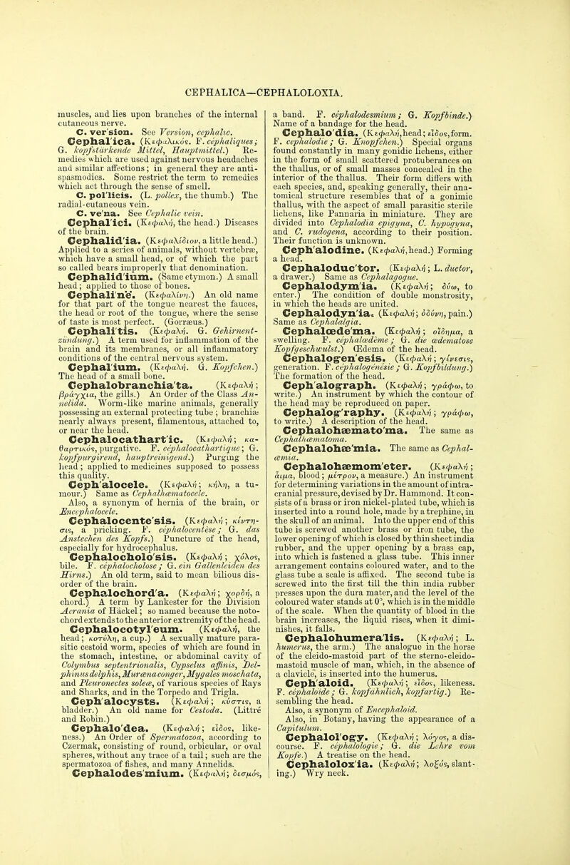 CE PHALICA—CEPHALOLOXIA, muscles, and lies upon branches of the internal cutaneous nerve. C. version. See Version, cephalic. Ccphal ica. (Ks^mXiko's. F. cephaliques; G. kopfstarkende Mittel, Hauptmittel.) Re- medies which are used against nervous headaches and similar affections; in general they are anti- spasmodics. Some restrict the term to remedies which act through the sense of smell. C. pol'licis. (L. pollex, the thumb.) The radial-cutaneous vein. C. ve'na. See Cephalic vein. Cepbal'ici* (Kt<£aXt;, the head.) Diseases of the brain. Cephalid'ia. (KetpaXt&iov, a little head.) Applied to a series of animals, without vertebrae, which have a small head, or of which the part so called bears improperly that denomination. Ceph all ilium. (Same etymon.) A small head; applied to those of bones. Cepliali'ne. (KecpaXivii.) An old name for that part of the tongue nearest the fauces, the head or root of the tongue, where the sense of taste is most perfect. (Gorraeus.) Cephalitis. (KefpaXri. G. Gehirnent- ziindung.) A term used for inflammation of the brain and its membranes, or all inflammatory conditions of the central nervous system. Cephal'ium. (Kt<j>a\v. G. Xopfehen.) The head of a small bone. Gephalobrancliia'ta. (Ke<j>a\v; PpyXLa> the gills.) An Order of the Class An- nelida. Worm-like marine animals, generally possessing an external protecting tube ; branchiae nearly always present, filamentous, attached to, or near the head. Cephalocathart ic. (KtcpaXn; i<a- 0apTiKO9, purgative. F. ceplialocathartique; G. kopfpurgirend, hauptremigend.) Purging the head; applied to medicines supposed to possess this quality. Ceph'alocele. (I-u^aX;!; kjjXij, a tu- mour.) Same as Cephalhmmatocele. Also, a synonym of hernia of the brain, or JEnccphalocele. Cephalocente'sis. (Ki<j>a\v; kIvtv- <rts, a pricking. F. cephaloeentise ; G. das Anstechen des Kopfs.) Puncture of the head, especially for hydrocephalus. CephalOChOlo'SiS. (Ke^mXi; ; XoXos, bile. F. cephalocholose ; G.eiu Gallenleiden des Sims.) An old term, said to mean bilious dis- order of the brain. Cephalochord a. (Ke^aXj}; x°9^h a chord.) A term by Lankester for the Division Acrania of Hiickel; so named because the noto- ehord extends to the anterior extremity of the head. Cephalocotyl cum. (KttpaXv, the head; kotuXij, a cup.) A sexually mature para- sitic cestoid worm, species of which are found in the stomach, intestine, or abdominal cavity of Colymbus septentrionalis, Cypselus affinis, Del- phini(sdelphis,Muranaco>iger,3Iygales moschata, and Pleuronectes solew, of various species of Rays and Sharks, and in the Torpedo and Trigla. Ceph alocysts. (Kt^aX?); kuo-tis, a bladder.) An old name for Cestoda. (Littre and Robin.) Cephalo'dea. {Kt^aXn; eUos, like- ness.) An Order of Spermatozoa, according to Czermak, consisting of round, orbicular, or oval spheres, without any trace of a tail; such are the spermatozoa of fishes, and many Annelids. Cephalodes mium. (Ke</k(Xij; oto-^os, a band. F. cephalodesmium ; G. Kopfbinde.) Name of a bandage for the head. CephalO'dia. (K£c£aA);,head; eI<5os,form. F. cephalodie ; G. Knopfchen.) Special organs found constantly in many gonidic lichens, either in the form of small scattered protuberances on the thallus, or of small masses concealed in the interior of the thallus. Their form differs with each species, and, speaking generally, their ana- tomical structure resembles that of a gonimic thallus, with the aspect of small parasitic sterile lichens, like Pannaria in miniature. They are divided into Cephalodia epigyna, C. hypo'gyna, and C. rudogena, according to their position. Their function is unknown. Ceph'alodine. (K.£<|>aX?;,head.) Forming a head. Cephaloduc'tor. (KutpaXn; L. ductor, a drawer.) Same as Cephalagogue. Cephalodymia. (Ke^aXi?; Sou,, to enter.) The condition of double monstrosity, iu which the heads are united. Cephalodyn'ia. (KttpaXv; oc5uvi), pain.) Same as Cephalalgia. Cephaloede'ma. (KicpaXv; oify/ia, a swelling. F. cephaloedeme; G. die cedematose Kopfg eschwulst.) CSdema of the head. Cephalog-en'esis. (Kt</>aX>;; ytWie, generation. F. ciphaloginesie ; G. Kopfbildung.) The formation of the head. Ceph'alog-raph. (KtcpaXn; ypa<pu>, to write.) An instrument by which the contour of the head may be reproduced on paper. Cephalog-'raphy. (Ke^aXj); ypa^w, to write.) A description of the head. Cephalohaemato ma. The same as Cephalhcematoma. Cephalohae'mia. The same as Cephal- wtnia. Cephalohaemom eter. _(Ki<t>aX?i; aiyua, blood ; fitTpov, a measure.) An instrument for determining variations in the amount of intra- cranial pressure, devised by Dr. Hammond. It con- sists of a brass or iron nickel-plated tube, which is inserted into a round hole, made by a trephine, in the skull of an animal. Into the upper end of this tube is screwed another brass or iron tube, the lower opening of which is closed by thin sheet india rubber, and the upper opening by a brass cap, into which is fastened a glass tube. This inner arrangement contains coloured water, and to the glass tube a scale is affixed. The second tube is screwed into the first till the thin india rubber presses upon the dura mater, and the level of the coloured water stands at (P, which is in the middle of the scale. When the quantity of blood in the brain increases, the liquid rises, when it dimi- nishes, it falls. Cephalohumeralis. (Kt<paXv; L. humerus, the arm.) The analogue in the horse of the cleido-mastoid part of the sterno-cleido- mastoid muscle of man, which, in the absence of a clavicle, is inserted into the humerus. Ceph'aloid. (Ke^aX?;; eI<5os, likeness. F. cephalo'ide ; G. kopfdhnlich, kopfartig.) Re- sembling the head. Also, a synonym of Encephaloid. Also, in Botany, having the appearance of a Capitulum. Cephalorogy. (KzcpaXv; Xoyos, a dis- course. F. cephalologie; G. die Lehre vom Kopfe.) A treatise on the head. CephalolOX ia. {Jit<paXi); Xogos, slant- ing.) Wry neck.