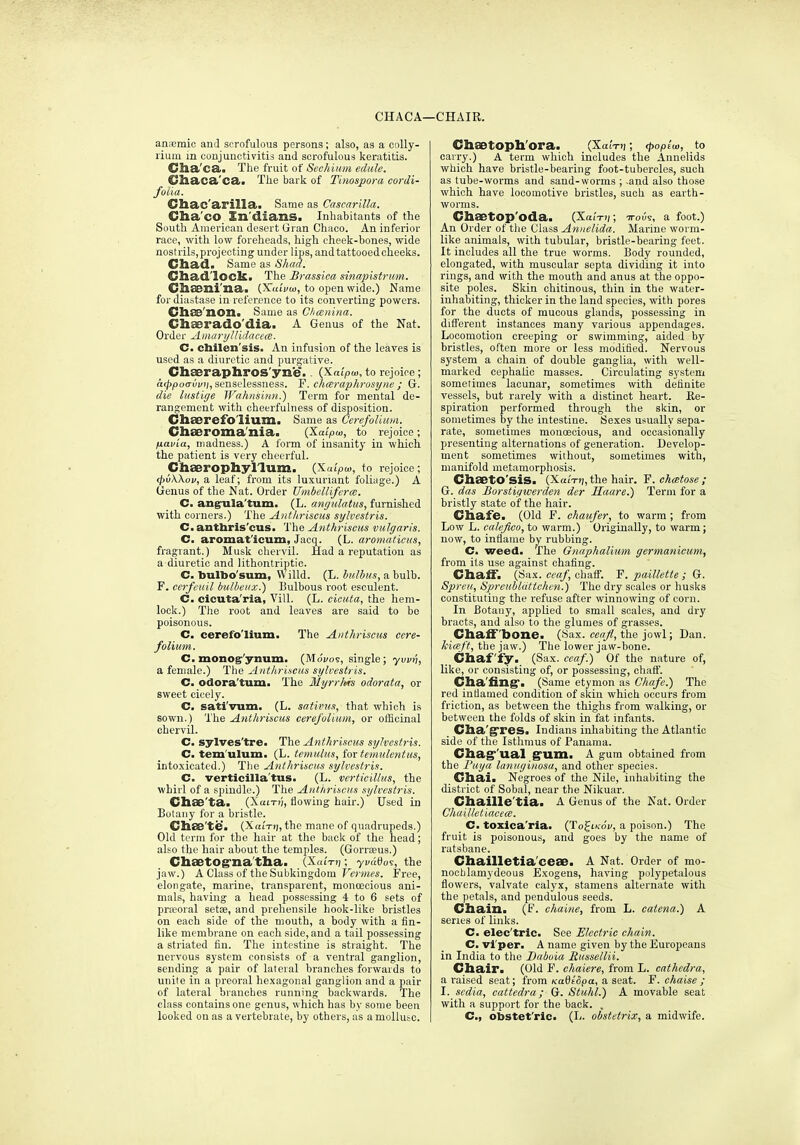 CHACA—CHAIR. anaemic and scrofulous persons; also, as a coUy- rium in conjunctivitis and scrofulous keratitis. CIia.'C8l.. The fruit of Sechinm edtile. dia.ca.'ca. The bark of Tinospora cordi- foiia. CIia/C'a.rilla<. Same as Cascarilla. Cha'co In'dians. Inhabitants of the South American desert Gran Chaco. An inferior race, with low foreheads, high cheek-bones, wide nostrils, projecting under lips, and tattooed cheeks. Chad. Same as Hhad. Chad'locka The Brassica sinapistrum. ChSBni'lia. {X.aiv<a, to open wide.) Name for diastase ia reference to its converting powers. dlBB'nOn. Same as Clianina. Chserado'dia. A Genus of the Nat. Order A\narijllidricece. C. cbilen'sis. An infusion of the leaves is used as a diuretic and purgative. Chaeraphros'yne.. O^aipw, to rejoice; a<^,oo(rui');, senselessness. V. chxraphrosyne ; G. die luat'uje Wahnshm.') Term for mental de- rangement with cheerfulness of disposition. dieerefo'lium. Same as CerefoUum. Chaeroma'nia. {Xaipw, to rejoice; ixav'ia, madness.) A form of insanity in which the patient is very cheerful. Chaerophyrium. (Xatpu>, to rejoice; (pvXXov, a leaf; from its luxuriant foliuge.) A Genus of the Nat. Order Umbellifcra;. C. ang^la'tum. (L. angulatus, furnished with corners.) The Ant/iriscus sylvestris. C. antbris'cus. The Anth-iscus vulgaris. C. aromat'icum, Jacq. (L. aromalicus, fragrant.) Musk chervil. Had a reputation as a diuretic and lithontriptic. C. bulbo'sum, Willd. (L. hulbus, a bulb. F. cerfctiil bulbei(x.) Bulbous r-oot esculent. C. cicuta'ria, Vill. (L. ciciUa, the hem- lock.) The root and leaves are said to be poisonous. C. cerefo'lium. The Anthriscus ccre- folium. C. monog'ynum. (Mo'vos, single; ywn, a female.) The Anthriacus sylvestris. C. odora'tum. The Myrrhts odorata, or sweet cicely. C. sa'ti'vum. (L. sativus, that which is sown.) The Anthriscus cerej'olium, or ofBcinal chervil. C. sylves'tre. Tha Anthriscus sylvestris. C. tem'ulum. (L. temiiliis, tor temulentus, intoxicated.) The Anthriscus sylvestris. C. verticilla'tus. (L. verticillus, the whirl of a spindle.) The AiU/irisciis sylvestris. Clise'ta. (XaiT)), flowing hair.) Used in Botany for a bristle. Chss'te. (XaiVi), the mane of quadrupeds.) Old term for the hair at the back of the head; also the hair about the temples. (Gorraeus.) Chaetog-na'tha. (XaiVi;; yvdda^, the jaw.) A Class of the Subkingdora I'^)';k(?s. Free, elongate, marine, transparent, monoecious ani- mals, having a head possessing 4 to 6 sets of prteoral setse, and prehensile hook-like bristles on each side of the mouth, a body with a fin- like membrane on each side, and a tail possessing a striated fin. The intestine is straight. The nervous system consists of a ventral ganglion, sending a pair of lateral branches forwards to unite in a preoral hexagonal ganglion and a pair of lateral branches running backwards. The class contains one genus, which has by some been looked on as a vertebrate, by others, as a muUutc. Chsetoph'ora. (XaiVt); <popiw, to carry.) A term which includes the Annelids which have bristle-bearing foot-tubercles, such as tube-worms and sand-worms ; .and also those which have locomotive bristles, such as earth- worms. Chsetop'oda. (XaiV?;; irous, a foot.) An Order of tlie Class Annelida. Marine worm- like animals, with tubular, bristle-bearing feet. It includes all the true worms. Body rounded, elongated, with muscular septa dividing it into rings, and with the mouth and anus at the oppo- site poles. Skin chitinous, thin in the water- inhabiting, thicker in the land species, with pores for the ducts of mucous glands, possessing in different instances many various appendages. Locomotion creeping or swimming, aided by bristles, often more or less modified. Nervous system a chain of double ganglia, with well- marked cephalic masses. Circulating system sometimes lacunar, sometimes with definite vessels, but rarely with a distinct heart. Re- spiration performed through the skin, or sometimes by the intestine. Sexes usually sepa- rate, sometimes monoecious, and occasionally presenting alternations of generation. Develop- ment sometimes without, sometimes with, manifold metamorphosis. Chaeto'sis. (XaiV)), the hair. V.chcetose; G. das Borstigtverden dcr Haare.) Term for a bristly state of the hair. Cnafe. (Old F. ehaufer, to warm ; from Low L. calejico, to warm.) Originally, to warm; now, to inflame by rubbing. C. weed. The Gnaphalium germanicum, from its use against chafing. Chaff. (Sax. ceaf, chaff. P. paillette ; G. Spreu, Spreubldttchcn.) The dry scales or husks constituting the refuse after winnowing of corn. In Botany, applied to small scales, and dry bracts, and also to the glumes of grasses. Chaff'bone. (Sax. ceajl, the jowl; Dan. kiceft, the jaw.) The lower jaw-bone. Chaffy. (Sax. ccaf.') Of the nature of, like, or consisting of, or possessing, chaff. Cha'fing*. (Same etymon as Chafe.) The red iudauied condition of skin which occurs from friction, as between the thighs from walking, or between the folds of skin in fat infants. Cha'^res. Indians inhabiting the Atlantic side of the Isthmus of Panama. Chagr'tial g'Uin. A gum obtained from the I'uga lanuginosa, and other species. Chai. Negroes of the Nile, inhabiting the district of Sobal, near the Nikuar. Chaille'tia. A Genus of the Nat. Order Chadletlacece. C. toxica'ria. (Tofticoj/, a poison.) The fruit is poisonous, and goes by the name of ratsbane. Chailletia'ceSB. A Nat. Order of mo- nooblamydeous Exogens, having polypetalous flowers, valvate calyx, stamens alternate with the petals, and pendulous seeds. Chain. (F. chaine, from L. catena.) A series of links. C. elec'tric. See Electric chain. C. vl'per. A name given by the Europeans in India to tlio Dabuia Russellii. Chair. (Old F. chaiere, from L. cathedra, a raised seat; from KraBs'Spa, a seat. V. chaise ; I. sedia, cattedra; G. Stuhl.) A movable seat with a support for the back. . C, obstet'ric. (L. obstetrix, a midwife.