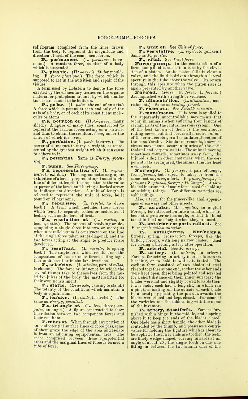 FOKCE-PUMP—FORCEPS. rallelogram completed from the lines drawn from the body to represent the magnitude and direction of each of the component forces. r., per'maneut, (L. permaneo, to re- main.) A constant force, as that of a body which is suspended. P., plas'tlc. (nXdo-TiKo's, fit for mould- ing. F. force plastique.) The force which is supposed to act in the nuti ition and repair of the tissues. A tenn used by Lobstein to denote the force exerted by the elementary tissues on the organic material or protoplasm around, by which similar tissues are caused to be built up. I., polar. (L.polus, the end of an axis.) A force which is potent at each end only of the axis of a body, or of each of its constituent mole- cules or atoms. r.s, pol'yiTon of. (IToXuywi/os, many sided.) A tigure of many sides, constructed to represent the various forces acting on a particle, and thus to obtain the resultant force, under the action of which it moves. P., port'ative. (L. porta, to carry.) The power of a magnet to carry a weight, as repi-e- sented by the greatest weight which it can cause to adhere to it. P., poten'tlal. Same as Energy, poten- tial. P. pump. See Force-pump. P.s, representa'tion of. (L. reprce- sento, to exhibit.) The diagrammatic or graphic exhibition of a force by representing it as a straight line of different length in proportion to the value or power of the force, and having a barbed arrow to indicate its direction. A unit of length is selected to represent the unit of force, be it pound or kilogramme. P., repul'sive. (L. repcUo, to drive back.) A term which includes those forces which tend to separate bodies or molecules of bodies, such as the force of heat. P.s, resolu'tlon of. (L. resoko, to loosen, untie.) The process of resolving or de- composing a single force into two or more; as when a parallelogram is constructed on the line of the single force taken as its diagonal, and the two forces acting at the angle to produce it are developed. P., result'ant. (L. resiiUo, to spring back.) The single force which results from the composition of two or more forces acting toge- ther in ditferent or in similar directions. P., selec'tive. (L. sclectus, part, otseligo, to choose.) The force or influence by wliich the several tissues take to themselves from the nu- tritive juices of the body the matters fitted for their own nourishment. P., stat'ic. (2TaTi/cos, causing to stand.) The totality of the conditions which maintain a body in equilibrium. P., ten'sive. (L. tendo, to stretch.) The same as Energy, potential. P.s, tri'ang'le of. (L. tres, three; an- giilus, an angle.) A figure constructed to show the relation between two component forces and their resultant. Pi tubes of. When through any portion of an equipotential surface lines of force pass, some of them graze the edge of the area and isolate it from an adjoining equipotential area. The space comprised between these equipotential areas and the marginal Unes of force is termed a tube of force. P., u'nit of. See Unit offeree, P., veg^'etative. (L. vegeto, to quicken.) Same as F., plastic. P., vi'tal. See Vital force. Force-pump. In the construction of a force-pump fluid is raised in a tube by the eleva- tion of a piston. As the piston falls it closes a valve, and the fluid is driven through a lateral aperture in the tube above the valve. Its return through this aperture when the piston rises is again prevented by another valve. E'orc'ed. {Force. F. force; I. forzato.) Acoum[ilished with strength or violence. P. alimenta'tion. (L. alimentum, nou- rishment.) Same as Feeding, forced. P. enem'ata. See Forcible enemata. P. move'ments. This term is applied to the apparently uncontrollable movements that occur in animals when suft'ering from lesions of certain parts of the central nervous system. One of the best known of them is the continuous rolling movement that occurs after section of one of the crura cerebri, or after unilateral section of the pons Varolii. Similar movements, known as circus movements, occur in injuries of the optic thalami and corpora striata. The animal moving sometimes towards, somelimes away from, the injured side; in other instances, when the cor- pora striata are injured, the animal tumbles head over heels. S'or'ceps. (L. forceps, a pair of tongs; from formus, hot; capio, to take; or from the same root as furca, a fork. F. piiice, forceps; I. forcipe; pinzas, forceps ; G. Zaiige.) A two- bladed instrument of many forms used for liolding or seizing things. For difl'erent varieties see subheadings. Also, a term for the pincer-like anal append- ages of earwigs and other insects. P., an'gular. (L. angulus, an angle.) Forceps, for introduction into a canal, which are bent at a greater or less angle, so that the hand is not in the line of sight when they are used. P., ante'rior cor'poris callo'sl. See F. corporis callosi anterior. P., antilig''ature, Sfun'iieley's. Strong, spring, cross-action forceps, like the bulldog forceps, with long narrow blades. Used for closing a bleeding artery after operation. P., arte'rial. See F., artery. P., ar'tery. (L. arteria, an artery.) Forceps for seizing an artery in order to stop its bleeding, or to hold it whilst it is tied. The earliest form consisted of two blades of steel riveted together at one end, so that the other ends were kept open, these being pointed and serrated for a short distance on their inner surfaces; the blades were flat and slightly bowed towards their lower ends; each had a long slit, in which ran a pin, terminating on the outside of each blade in a head; by pushing the pin downwards the blades were closed and kept closed. For some of the varieties see the subheading with the name of the inventor. P., ar'tery, Assali'nl's. Forceps fur- nished with a hinge in the middle, and a spring above it to keep the ends of the blades closed. One blade has a short handle, the other blade is controlled by the thumb, and possesses a contri- vance for holding the ligature which is about to be applied; the lower ends are toothed, the teeth are finely wedge-shaped, curving inwards at an angle of about 20°, the single tooth on one side fitting in between the two similar ones of the
