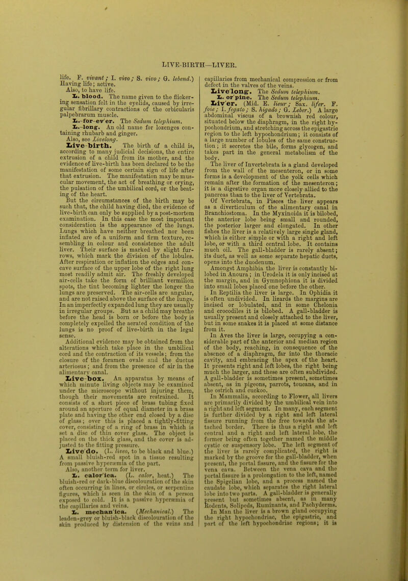 LIVE-BIRTH—LIVER. life. F. vivant; I. vivo; S. vivo; G. lebend.) Having life; active. Also, to have life. Xi. blood. The name given to the flicker- ing sensation felt in the eyelids, caused by irre- gular fibrillary contractions of the orbicularis palpebrarum muscle. I. lor ev er. The Sedum telephium. Ii. long. An old name for lozenges con- taining rhubarb and ginger. Also, see Livelong. Live birth. The birth of a child is, according to many judicial decisions, the entire extrusion of a child from its mother, and the evidence of live-birth has been declared to be the manifestation of some certain sign of life after that extrusion. The manifestation may be mus- cular movement, the act of breathing or crying, the pulsation of the umbilical cord, or the beat- ing of the heart. But the circumstances of the birth may be such that, the child having died, the evidence of live-birth can only be supplied by a post-mortem examination. In this case the most important consideration is the appearance of the lungs. Lungs which have neither breathed nor been inflated are of a uniform and firm texture, re- sembling in colour and consistence the adult liver. Their surface is marked by slight fur- rows, which mark the division of the lobules. After respiration or inflation the edges and con- cave surface of the upper lobe of the right lung most readily admit air. The freshly developed air-cells take the form of brilliant vermilion spots, the tint becoming lighter the longer the lungs are preserved. The air-cells are angular, and are not raised above the surface of the lungs. In an imperfectly expanded lung they are usually in irregular groups. But as a child may breathe before the head is bom or before the body is completely expelled the aerated condition of the lungs is no proof of live-birth in the legal sense. Additional evidence may be obtained from the alterations which take place in the umbilical cord and the contraction of its vessels; from the closure of the foramen ovale aud the ductus arteriosus ; and from the presence of air in the alimentary canal. Live box. An apparatus by means of which minute living objects may be examined under the microscope without injuring them, though their movements are restrained. It consists of a short piece of brass tubing fixed around an aperture of equal diameter in a brass plate and having the other end closed by a disc of glass; over this is placed a tightly-fitting cover, consisting of a ring of brass in which is set a disc of thin cover glass. The object is placed on the thick glass, and the cover is ad- justed to the fitting pressure. Xiive'do. (L. livco, to be black and blue.) A small bluish-red spot in a tissue resulting from passive hyperemia of the part. Also, another term for liver. I». calor'lca. (L. calor, heat.) The bluish-red or dark-blue discolouration of the skin often occurring in lines, or circles, or serpentine figures, which is seen in tho skin of a person exposed to cold. It is a passive hypenemia of the capillaries and veins. Xi. mechan'lca. {Mechanical.) The leaden-grey or bluish-black discolouration of the akin produced by distension of the veins and capillaries from mechanical compression or from defect in the valves of the veins. Live long'. The Sedum telephium. Xi. or pine. The Sedum telephium. Liver. (Mid. E. lieur; Sax. lifer. F. foie; l.fegato; S. higado ; G.Leber.) A large abdominal viscus of a brownish red colour, situated below the diaphragm, in the right hy- pochondrium, and stretching across the epigastric region to the left hypochondrium; it consists of a large number of lobules of the same construc- tion ; it secretes the bile, forms glycogen, and takes part in the general metabolism of the body. The liver of Invertebrata is a gland developed from the wall of the mesenteron, or in some forms is a development of the yolk cells which remain after the formation of the mesenteron; it is a digestive organ more closely allied to the pancreas than to the liver of Vertebrata. Of Vertebrata, in Pisces the liver appears as a diverticulum of the alimentary canal in Branchiostoma. In the Myxinoida it is bilobed, the anterior lobe being small and rounded, the posterior larger and elongated. In other fishes the liver is a relatively large single gland, which is either simple or with a right and left lobe, or with a third central lobe. It contains much oil. The gall-bladder is rarely absent; its duct, as well as some separate hepatic ducts, opens into the duodenum. Amongst Amphibia the liver is constantly bi- lobed in Anoura; in Urodela it is only incised at the margin, and in Gymnophiona it is divided into small lobes placed one before the other. In Reptilia the liver is large. In Ophidia it is often undivided. In lizards the margins are incised or lobulated, and in some Chelonia and crocodiles it is bilobed. A gall-bladder is usually present and closely attached to the liver, but in some snakes it is placed at some distance from it. In Aves the liver is large, occupying a con- siderable part of the anterior and median region of the body, reaching, in consequence of the absence of a diaphragm, far into the thoracic cavity, and embracing the apex of the heart. It presents right and left lobes, the right being much the larger, and these are often subdivided. A gall-bladder is sometimes present, sometimes absent, as in pigeonB, parrots, toucans, and in the ostrich and cuckoo. In Mammalia, according to Flower, all livers are primarily divided by the umbilical vein into a right and left segment. In many, each segment is further divided by a right and left lateral fissure running from the free towards the at- tached border. There is thus a right and left central and a right and left lateral lobe, the former being often together named the middle cystic or suspensory lobe. The left segment of the liver is rarely complicated, the right is marked by tho groove for the gall-bladder, when present, the portal fissure, and the fissure for the vena cava. Between the vena cava and the portal flssuro is a prolongation to the left, named tho Spigelian lobe, and a process named the caudate lobe, which separates the right lateral lobe into two parts. A gall-bladder is generally present but sometimes absent, as in many Rodents, Solipcds, Ruminants, and Pachyderms. In Man the liver is a brown gland occupying the right hypochondriac, the epigastric, and part of the left hypochondriac regions; it is