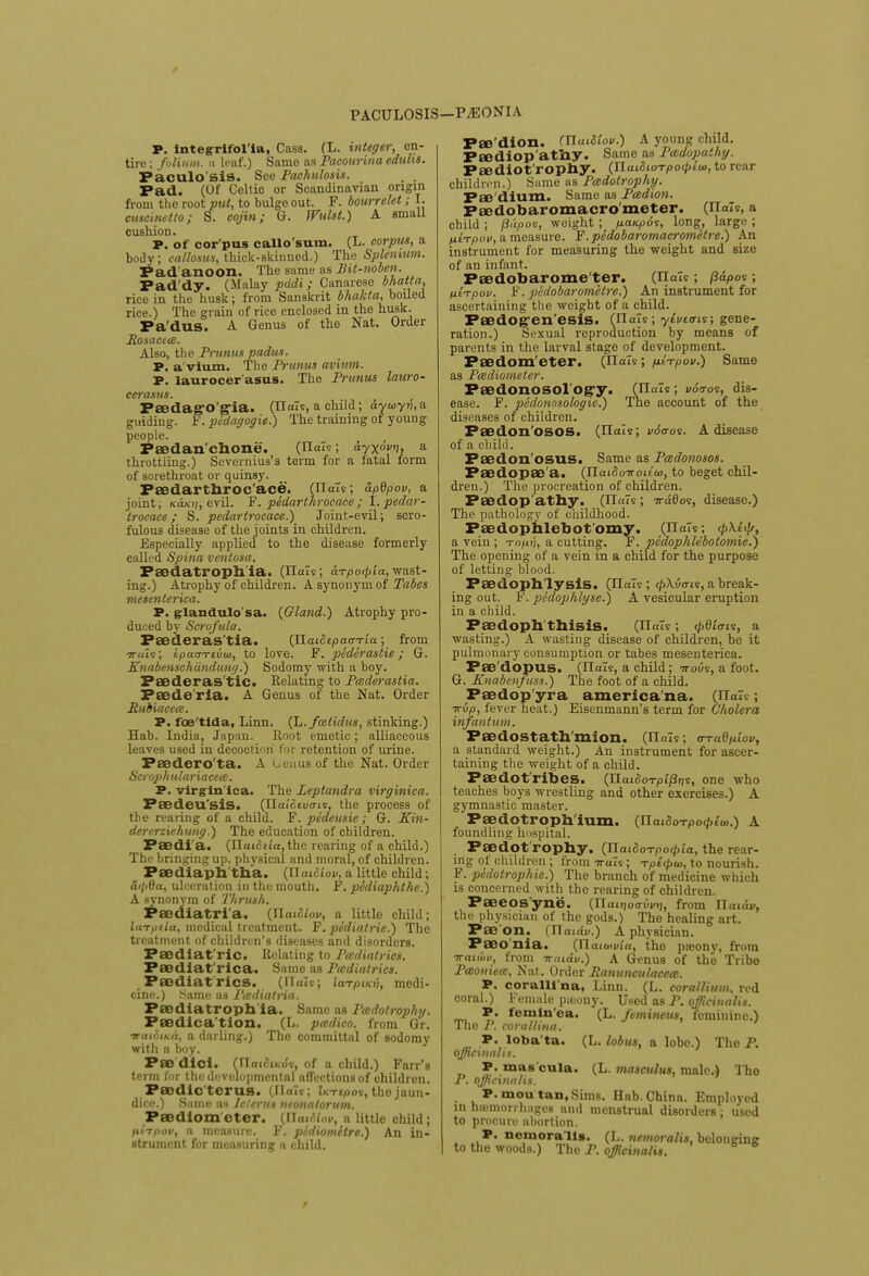 PACULOSIS—PiEONIA P. lntegrifol'ia, Cass. (L. integer, en- tire ; folium, a leaf.) Same as Pacourina edults. Faculo sis. See Paehulosis. Pad. (Of Celtic or Scandinavian origin from the root put, to bulge out. F. bourrelet; I. cuscinetto; S. cojin; G. Wulst.) A small cushion. P. of cor'pns callo'sum. (L. corpus, a body; callows, thick-skinned.) The Spleniwn. Fad anoon. The same as Bit-noben. Pad'dy. (Malay pddi ; Canareae bhatta, rice in the husk; from Sanskrit bhakta, boiled rice.) The grain of rice enclosed in the husk. Pa'dus. A Genus of the Nat. Order Rosacea. Also, the Primus padus. P. a vium. The Primus avium. P. laurocer'asus. The Primus lauro- cerastis. t Faedag'O'g'ia. (rials, a child; aywyi.a guiding, h'. pedagogic) The training of young people. ( Paedan'cbone. (rials; ayx0''). a throttling.) Severnius's term for a fatal form of sorethroat or quinsy. Faedartbroc'ace. (rials; dpdpov, a joint; kokii, evil. F. pedarthrocace ; I. pedar- trocace; S. pedartrocace.) Joint-evil; scro- fulous disease of the joints in children. Especially applied to the disease formerly called Spina ventosa. Paedatropb'ia. (rials; dTpotyia, wast- ing.) Atrophy of children. A synonym of Tabes mesenterica. P. glandulo'sa. {Gland.) Atrophy pro- duced by Scrofula. Paederais'tia. (JlaiSepacrTta; from iruts; kpacj-Tivw, to love. F. pederastie; G. Knabenschdndung.) Sodomy with a boy. Paederas'tic. Kelating to Pcederastia. Faede'ria. A Genus of the Nat. Order Rubiaeea. P. foe'tida, Linn. (L.fcetidus, stinking.) Hab. India, Japan. Root emetic; alliaceous leaves used in decoction tor retention of urine. Paedero'ta. A Lenusof the Nat. Order Scrophulariacta. P. virgin ica. The Leptandra virginica. Faedeu'sis. (IIaiY~£ucns, the process of the rearing of a child. F. pedeusie; G. Kin- dererziehung.) The education of children. Paedi'a. (Ilatoila, the rearing of a child.) The bringing up, physical and moral, of children. Paediaphth'a. (ll aiciov, a little child; &<j>da, ulceration in the mouth. F. pediaphthe.) A synonym of Thrush. Paediatri'a. (Haiotov, a little child; luTptia, medical treatment. F. pc'dialrie.) The treatment of children's diseases and disorders. Paediatrics. Relating to Paediatrics. PaBdlaf rica. Same as Pediatrics. Paediatrics. (Hats; lai-puo;, medi- cine.) Same as Padiatria. Paediatropb'ia. Same as Padolrophg. Paedica'tion. (L. paidico. from Gr. iraioiurt, a darling.) The committal of sodomy with a boy. Pae'dlci. (rinioiKos, of a child.) Farr's term for the developmental affections of children. Predictor us. (rials; Tkti/oos, the jaun- dice.) Same as Icterus neonatorum. Paediom'eter. {JlaMov, a little child; HiTpov, a measure. F. pediometre.) An in- strument for measuring a child. Fae'dion. (UaiSiov.) A young child. Faediop'atliy. Same a- Padopathy. Paediof ropliy. (Tlai.oioTpo<ptu>, to rear children.) Same as Pmdotrophy. Fae'dium. Same as Padion. Pedobaromacro meter, (rials, a child ; (idpos, woight ; fiaicpos, long, large ; ixirpov, a measure. F.pedobaromacrometre.) An instrument for measuring the weight and size of an infant. Paedobarome'ter. (Tlais; fidpos ; ixiTpov. F. pedobarometre.) An instrument for ascertaining the weight of a child. Faedog en'esis. (rials; yiveo-is; gene- ration.) Sexual reproduction by means of parents in the larval stage of development. Paedom'eter. (rials; p.i-rpov.) Same as Padiometer. Faedonosol'Og'y. (TTaTs ; i/oa-os, dis- ease. F. pedonosologie.) The account of the diseases of children. Paedon'osos. (rials; voa-ot. A disease of a child. Paeclon'osus. Same as Pcedonosos. Faedopae a. {Tlaioo-noiiia, to beget chil- dren.) The procreation of children. Paedop'athy. (riaTs; irddoi, disease.) The pathology of childhood. Paedopblebof omy. (rials; <f>\td/, a vein ; touij, a cutting. F. pedophlebolomie.) The opening of a vein in a child for the purpose of letting blood. Paedopblysis. (TTa7s; diXicris, a break- ing out. F. pedophlyse.) A vesicular eruption in a child. Fsedoph tbisis. (ITaTs; 00i«ris, a wasting.) A wasting disease of children, be it pulmonary consumption or tabes mesenterica. Pae dopus. (Ilais, a child; 7rous, a foot. G. Knabeiifuss.) The foot of a child. Paedop'yra america na. (rials; Trip, fever heat.) Eisenmann's term for Cholera infantum. Faedostath'mion. (nuts; a-Tud/uov, a standard weight.) An instrument for ascer- taining the weight of a child. Faedofribes. (natooTp//3iis, one who teaches boys wrestling and other exercises.) A gymnastic master. Paedotropb'ium. (TlaiSo-rpofpiio.) A foundling hospital. Faedof rophy. (TlaiSoTpod>ia, the rear- ing of children ; from iruts; Tpt<f>w, to nourish. F. pedotrophie.) The branch of medicine which is concerned with the rearing of children. Paeeos'yne. (Tlai.ioawti, from Ylaidv, the physician of the gods.) The healing art. Pae on. (Jlaidu.) A physician. Paeo'nia. (TTaicuvia, the pajony, from ■n-aitbv, from Triudv.) A Genus of the Tribe Patoniem, Nat. Order Ranunculacea. P. coram na. Linn. (L. corallium, red coral.) Female pajony. Used as P. officinalis. P. femin'ea. (L. femineus, feminine.) The P. corallina. P. lobata. (L. lobus, a lobe.) The P. officinalis. P. mas cula. (L. masculus, male.) The P. officinalis. P.mou tan.Sims. Hab. China. Employed in hemorrhages and menstrual disorders; used to procure abortion. P. nemoralis. (L. nemoralis, belonging to the woods.) The P. officinalis. t