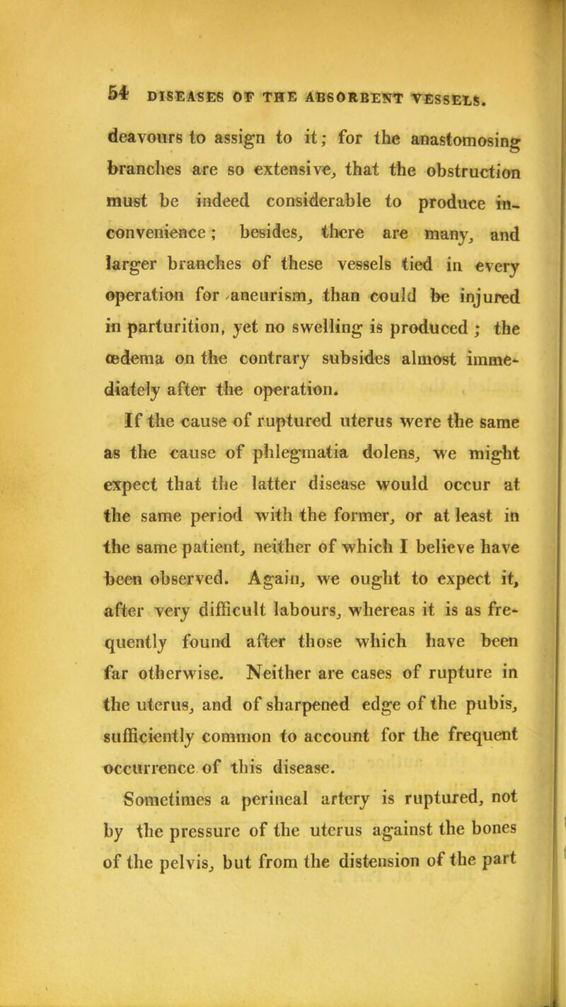 deavours to assign to it; for the anastomosing brandies are so extensive, that the obstruction must be indeed considerable to produce in- convenience ; besides, there are many, and larger branches of these vessels tied in every operation for aneurism, than could be injured in parturition, yet no swelling is produced * the cedema on the contrary subsides almost imme- diately after the operation. If the cause of ruptured uterus were the same as the cause of phlegmatia dolens, we might expect that the latter disease would occur at the same period with the former, or at least in the same patient, neither of which I believe have been observed. Again, we ought to expect it, after very difficult labours, whereas it is as fre- quently found after those which have been far otherwise. Neither are cases of rupture in the uterus, and of sharpened edge of the pubis, sufficiently common to account for the frequent occurrence of this disease. Sometimes a perineal artery is ruptured, not by the pressure of the uterus against the bones of the pelvis, but from the distension of the part